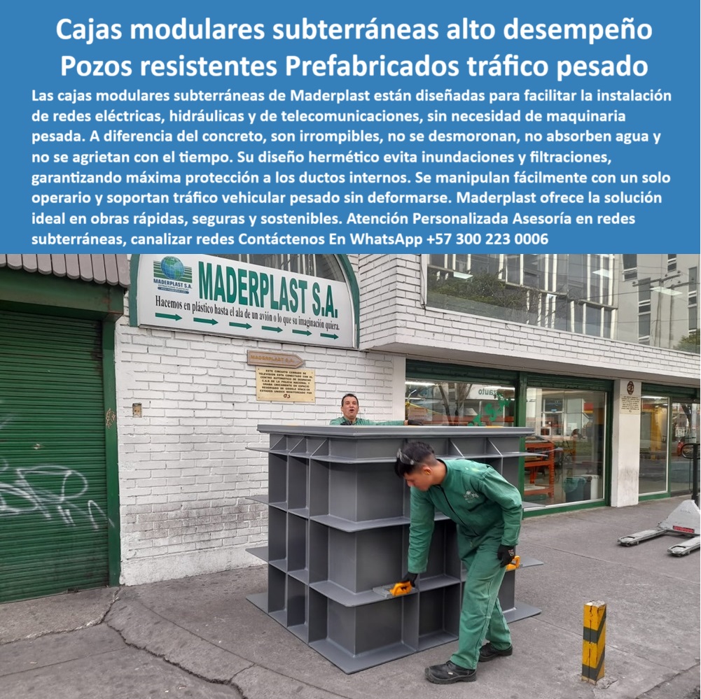 Cajas Prefabricadas Instalaciones Subterráneas Cajas Alta Resistencia Maderplast 0 Cajas modulares para instalaciones industriales Cajas de protección para ductos eléctricos Cajas de registro para sistemas de drenaje instalación 1 sistema modular de cajas apiladas para telecomunicaciones, - cajas-sin-maquinaria-de-instalación, - operarios manipulando cajas prefabricadas de forma liviana sin maquinaria, - cajas de registro sin absorción de agua para obras civiles, - cajas industriales subterráneas fáciles de manipular y ensamblar, - cajas modulares Maderplast para inspección de redes subterráneas, - cajas modulares con tapas reforzadas para ductos urbanos, - ¿Dónde venden cajas plásticas que no se fracturen bajo tierra?, - Cajas industriales de alta resistencia para redes eléctricas y drenaje, - cajas subterráneas listas para instalación en obra de ciudad, - Cajas plásticas para ductos enterrados sin necesidad de concreto, - cajas de polietileno estructural para canalización de servicios, - Cajas técnicas para obras eléctricas sin fractura ni absorción de agua, - cajas modulares de alto desempeño para obras subterráneas, - cajas para redes subterráneas que no necesitan grúa, - cajas-para-zonas-urbanas-intensas, - cajas resistentes alineadas frente a edificio industrial, - cajas-plásticas-industriales, - cajas-para-redes-subterráneas, - ¿Qué caja puedo usar para redes subterráneas con tráfico pesado?, - cajas con refuerzo interno visibles listas para entrega, - cajas modulares subterráneas prefabricadas para tráfico vehicular pesado, - cajas de pozo plástico con estructura de alta carga, - cajas de infraestructura subterránea de plástico de ingeniería, - cajas técnicas para instalación de redes hidráulicas sin concreto, - cajas-modulares-para-drenaje, - cajas-de-paso-antifractura, - cajas subterráneas con refuerzo integral contra aplastamiento, - cajas subterráneas que no se fracturan con el paso del tiempo, - cajas ecológicas subterráneas para minimizar el mantenimiento, - Soluciones modulares para canalización subterránea de servicios urbanos, - cajas plásticas para sistemas eléctricos enterrados en zonas urbanas, - cajas plásticas para paso peatonal y tráfico vehicular pesado, - ¿Quién fabrica cajas de inspección resistentes al aplastamiento?, - cajas plásticas modulares grises apiladas para redes subterráneas, - cajas de inspección resistentes ubicadas en acera urbana, - cajas prefabricadas livianas para ductos hidráulicos urbanos, - cajas resistentes para entornos urbanos de alto tráfico, - cajas-subterráneas-prefabricadas, - cajas-de-registro-para-tráfico-pesado, - cajas para telecomunicaciones enterradas resistentes al colapso, - Cajas subterráneas prefabricadas resistentes para tráfico pesado urbano, - cajas con estructura modular para pozos de acceso técnico, - ¿Cuál caja es mejor para instalaciones eléctricas sin concreto?, - cajas herméticas plásticas para drenajes industriales pesados, - cajas de paso plásticas prefabricadas de alta eficiencia, - cajas subterráneas para telecomunicaciones sin maquinaria de instalación, - cajas resistentes para paso de tráfico en avenidas y autopistas, - cajas técnicas para canales eléctricos en pavimentos urbanos, - cajas plásticas resistentes para redes eléctricas enterradas en ciudad, - cajas-de-inspección-con-refuerzo, - ¿Qué tipo de caja subterránea sirve para zonas húmedas con tráfico?, - módulos plásticos con asas reforzadas para canalizaciones técnicas, - cajas de inspección subterránea resistentes a peso y humedad, - cajas-técnicas-para-electricidad 0  Cajas Prefabricadas Instalaciones Subterráneas Cajas Alta Resistencia Maderplast 0 Cajas modulares para instalaciones industriales Cajas de protección para ductos eléctricos Cajas de registro para sistemas de drenaje instalación 1 0  
