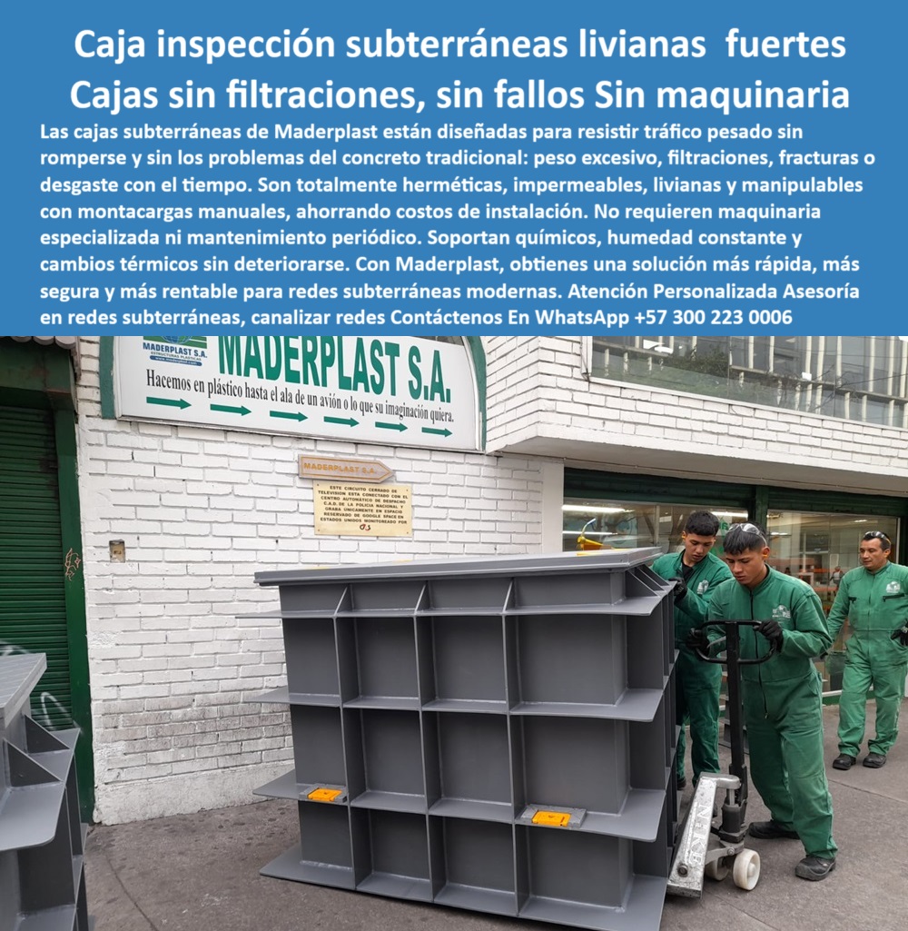 Cajas Prefabricadas Instalaciones Subterráneas Cajas Alta Resistencia Maderplast 0 cajas de inspección subterráneas cajas de inspección para alcantarillado ductos y cajas de mantenimiento Cajas de inspección para mantenimiento PP Cajas PP  cajas plásticas livianas para tráfico pesado sin maquinaria, - ¿Qué caja puedo mover sin grúa para redes subterráneas?, - caja de inspección subterránea plástica resistente sin filtraciones, - ¿Dónde consigo cajas resistentes que no se fracturen bajo tierra?, - cajas con diseño anti-inundación para infraestructuras modernas, - cajas plásticas herméticas sin riesgo de oxidación ni fugas, - cajas prefabricadas PP para zonas urbanas con alta humedad, - cajas-prefabricadas-de-mantenimiento, - caja PP resistente mostrada frente a sede industrial, - cajas industriales ligeras con resistencia estructural comprobada, - ¿Qué alternativa hay a las cajas de concreto para mantenimiento?, - cajas resistentes para canalización de aguas y cables subterráneos, - caja prefabricada para redes sin maquinaria pesada, - cajas-pp-para-drenaje, - cajas de registro livianas para mantenimiento de servicios urbanos, - cajas de mantenimiento listas para instalación subterránea urbana, - módulo plástico de inspección subterránea visible desde acera, - cajas modulares para alcantarillado urbano con fácil instalación, - cajas de polipropileno de alta resistencia para obras subterráneas, - caja plástica gris de gran tamaño manipulada por operarios, - cajas-para-infraestructura-urbana, - cajas subterráneas que no se rompen ni fracturan con el tiempo, - cajas subterráneas duraderas para proyectos de ingeniería urbana, - ¿Dónde venden cajas de inspección sin maquinaria y duraderas?, - cajas modulares de inspección para redes técnicas sin concreto, - caja impermeable manipulada fácilmente por dos personas, - ¿Qué caja sirve para inspección subterránea sin filtraciones?, - cajas técnicas impermeables para drenaje subterráneo sin fugas, - Cajas de polipropileno para redes eléctricas y drenaje urbano, - cajas subterráneas para tráfico pesado de vehículos sin fracturas, - operarios movilizando caja plástica de estructura reforzada, - cajas subterráneas con sistema hermético libre de mantenimiento, - cajas-para-trafico-pesado, - cajas de inspección para redes eléctricas y telecomunicaciones enterradas, - cajas plásticas reciclables para ductos de servicio subterráneo, - cajas-sin-maquinaria-de-instalacion, - cajas de fácil manipulación con montacargas manuales, - cajas de paso para redes hidráulicas enterradas sin corrosión, - cajas-subterraneas-livianas, - cajas para servicios públicos subterráneos sin obra civil pesada, - Soluciones modulares para inspección sin maquinaria en redes subterráneas, - cajas plásticas de inspección para alcantarillado técnico, - caja subterránea de alta resistencia en zona de acceso técnico, - cajas-para-redes-electricas, - cajas modulares herméticas para mantenimiento de redes enterradas, - Cajas resistentes a químicos y humedad para canalización técnica, - cajas-de-paso-hermeticas, - cajas sin absorción de agua para canalizaciones profundas, - cajas-de-inspeccion-subterraneas, - Cajas plásticas herméticas para inspección subterránea de servicios, - cajas-plasticas-sin-filtraciones, - Alternativa liviana al concreto para cajas de mantenimiento enterradas, - caja de inspección prefabricada transportada manualmente con montacargas, - caja industrial sin fractura en proceso de instalación urbana, - cajas PP para inspección de redes enterradas sin maquinaria 0 Cajas Prefabricadas Instalaciones Subterráneas Cajas Alta Resistencia Maderplast 0 cajas-de-inspección-subterráneas, - cajas-de-inspección-para-alcantarillado, - ductos-y-cajas-de-mantenimiento, Cajas de inspección para mantenimiento PP Cajas PP