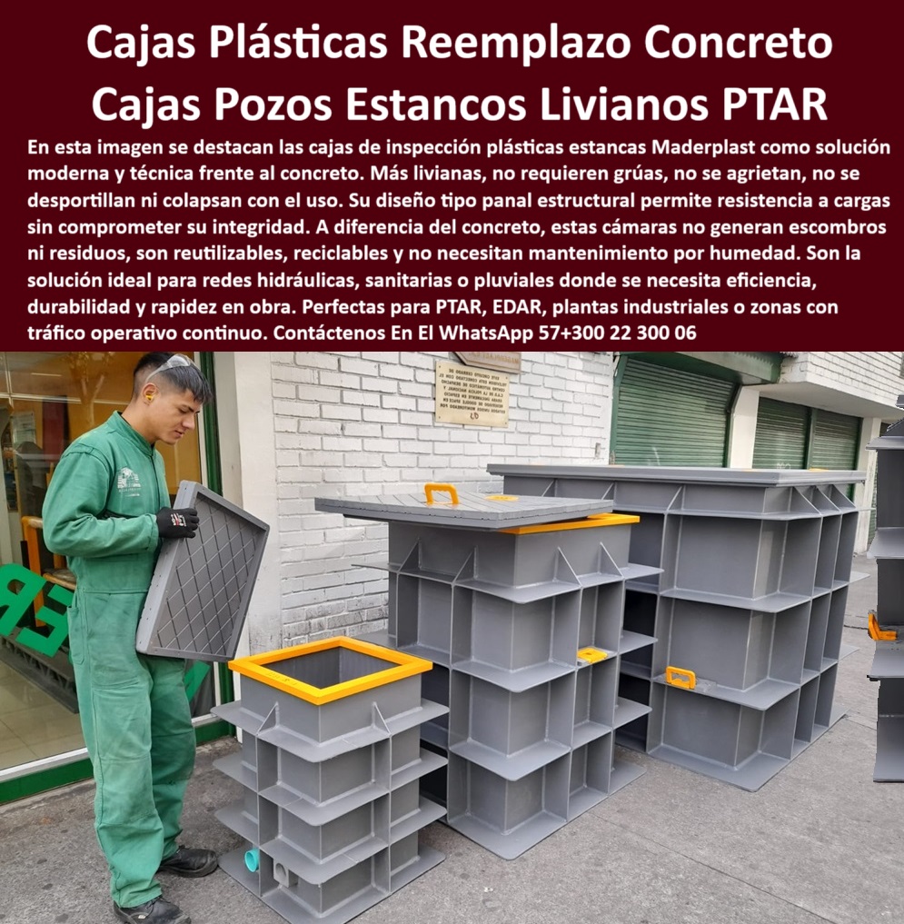 Caja De Inspección Plástica Herméticas Pozos Estancos Ptap Ptar Y Edar Maderplast 0 Cuál es la mejor caja de registro pozos de visita subterráneos, - cajas de inspección duraderas para ptar, - sistema-inspección-hidráulica, - Ptar caja estructural de inspección liviana y modular, - caja-para-ptar-duradera, - cajas plásticas de inspección para redes sanitarias y pluviales, - caja hermética de polímero para zonas operativas húmedas, - ¿Cuál es la mejor caja de registro para redes hidráulicas?, - sistema de inspección plástico sin colapso por carga, - cámara plástica de acceso para redes hidráulicas industriales, - solución de inspección hidráulica sin riesgo estructural, - Muéstrame sistemas de inspección para PTAR duraderos, - sistema de inspección plástico expuesto junto a operario técnico, - cámaras técnicas reutilizables para inspección subterránea, - Necesito una caja liviana que reemplace el concreto, - inspección-subterránea-plástica, - pozo de visita prefabricado de instalación sin grúa, - sistemas de inspección plástica sin mantenimiento, - cajas apilables con estructura tipo panal para redes hidráulicas, - cámara de inspección ligera con estructura reforzada tipo panal, - pozo estanco liviano para reemplazo de concreto en PTAR, - solución técnica para cajas de visita sin agrietamientos, - caja de inspección modular sin fisuras ni filtraciones, - sistemas de pozo estanco para plantas de tratamiento, - sistema de cajas modulares para pozos de visita técnicos, - caja tipo pozo de visita ligera para EDAR y PTAR, - cajas-reutilizables-ptap, - cámaras técnicas reutilizables para sistemas hidráulicos, - cajas de inspección resistentes a químicos y rayos UV, - alternativa al concreto para redes sanitarias modernas, - cámara plástica para entornos agresivos sin mantenimiento, - alternativas plásticas al concreto en infraestructura hidráulica, - cajas de registro subterráneo resistentes a humedad, - sistema de pozo técnico plástico para tráfico operativo, - inspección subterránea sin escombros ni herramientas pesadas, - soluciones estructurales modulares para redes PTAR y EDAR, - estructuras plásticas técnicas de acceso para redes de agua, - Identificación del Producto por Imagen, - cámara subterránea anticorrosiva para tratamiento de aguas, - Descripción Optimizada de la Imagen: La imagen muestra una serie de cajas plásticas de inspección estancas tipo pozo, diseñadas para redes hidráulicas, sanitarias y pluviales como alternativa eficiente al concreto tradicional. Estas cajas técnicas son más livianas, no requieren grúas para su instalación, no se agrietan, ni se colapsan bajo carga. Su diseño estructural tipo panal garantiza resistencia, durabilidad y estabilidad sin comprometer integridad. Fabricadas en polímeros de alta ingeniería, son reciclables, reutilizables, libres de mantenimiento y no generan residuos ni escombros. Ideales para PTAR, EDAR, zonas urbanas, industriales o con tráfico operativo, ofrecen instalación rápida, limpieza visual y acceso técnico seguro. Las cajas plásticas son la solución sostenible, moderna y rentable para la inspección subterránea en infraestructura hidráulica. Reemplazan con éxito a las estructuras de concreto en obras de tratamiento, control y monitoreo de redes., - caja de registro plástica con alta resistencia estructural, - cámara-técnica-prefabricada, - Nombre Optimizado del Producto: caja-de-inspección-plástica-hermética-pozo-estanco-liviano-modular-para-ptar-ptap-edar-sin-concreto-ni-mantenimiento, - cajas reutilizables para obras hidráulicas y pluviales, - cajas plásticas de inspección herméticas para redes sanitarias, - solución-hidráulica-sin-concreto, - caja-registro-liviana, - cajas plásticas modulares grises con tapa hermética tipo pozo industrial, - cajas estancas para plantas industriales sin oxidación, - Caja plástica que no se agriete ni se colapse con uso, - sistema técnico de acceso subterráneo sin concreto ni grúa, - caja plástica para instalaciones hidráulicas urbanas, - cajas ligeras y reciclables para obra rápida en PTAP, - caja estanca reforzada con sistema de tapa amarilla visible, - sistema-inspección-hidráulica, - módulos estancos apilados con entradas hidráulicas preformadas, - ¿Hay cajas plásticas para pozos de visita subterráneos?, - pozo-estanco-liviano, - caja-pozo-modular-industrial, - caja-plástica-de-inspección, - módulos plásticos estancos exhibidos en zona urbana exterior 0 Caja De Inspección Plástica Herméticas Pozos Estancos Ptap Ptar Y Edar Maderplast 0 Cuál es la mejor caja de registro pozos de visita subterráneos, - cajas de inspección duraderas para ptar, - sistema-inspección-hidráulica, - Ptar