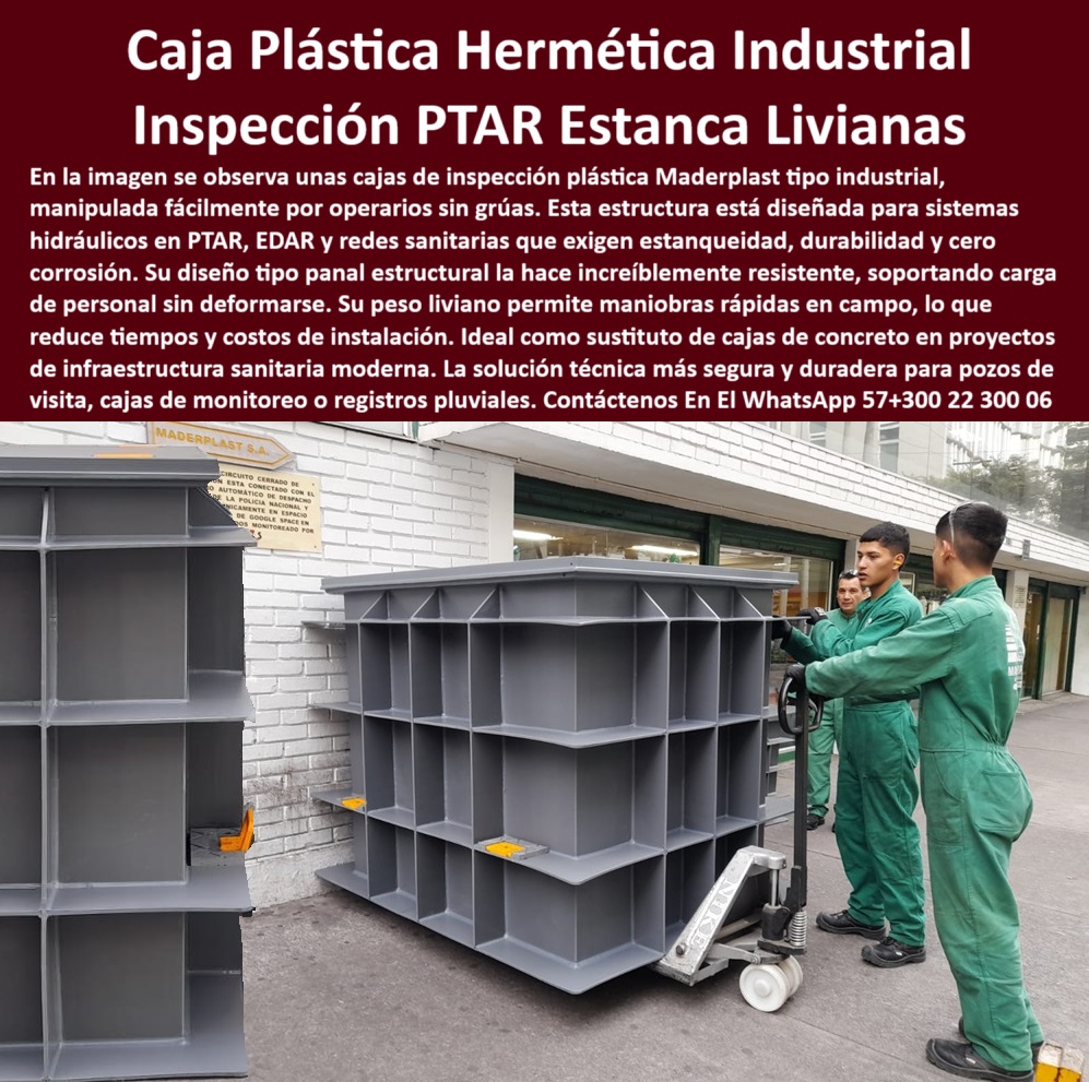 Caja De Inspección Plástica Herméticas Pozos Estancos Ptap Ptar Y Edar Maderplast 0 cámaras de inspección prefabricadas ptap caja técnica ptar cajas técnicas resistentes a químicos caja de inspección prefabricada Ptar cajas plásticas de instalación rápida sin herramientas pesadas, - solución plástica sin grúa para pozos de visita subterráneos, - Descripción Optimizada de la Imagen: La imagen muestra operarios manipulando cajas plásticas industriales tipo panal, diseñadas para inspección técnica en plantas PTAR, EDAR y redes sanitarias. Estas cajas herméticas no requieren grúas para su instalación gracias a su diseño liviano, lo que agiliza las maniobras y reduce costos operativos. Están fabricadas en polímero técnico reforzado, resistente a químicos, impactos, humedad y exposición UV, garantizando durabilidad sin mantenimiento. Su estructura modular estanca evita filtraciones, agrietamientos y deterioro por uso prolongado, superando al concreto en funcionalidad y eficiencia. Ideales para pozos de visita, cámaras de monitoreo y registros pluviales, estas soluciones plásticas ofrecen instalación rápida, reutilización y adaptabilidad a cualquier proyecto de infraestructura hidráulica moderna. Una alternativa técnica avanzada y sostenible para obras subterráneas exigentes., - caja-técnica-para-ptar, - caja tipo industrial apilada para despacho inmediato en fachada, - cajas de inspección industriales livianas tipo panal, - Identificación del Producto por Imagen, - cámara estanca plástica para infraestructura hidráulica, - sistemas de inspección sin mantenimiento para plantas PTAR, - Caja plástica industrial para redes sanitarias modernas, - estructura técnica ligera para alcantarillado sanitario, - módulos de inspección plástica con asas naranjas visibles, - caja técnica tipo industrial para zonas de alto tránsito, - cajas de revisión plásticas resistentes a químicos y humedad, - cajas de inspección plásticas industriales resistentes y herméticas, - estructura de inspección liviana para uso continuo en campo, - sistema plástico de inspección sin deformación por carga, - cámaras plásticas prefabricadas resistentes para redes hidráulicas, - cajas-de-inspección-industrial, - pozo de registro liviano para inspección en EDAR, - caja industrial plástica reforzada con estructura modular, - caja plástica para monitoreo y control subterráneo, - cámara-industrial-sin-óxido, - caja hermética plástica siendo transportada con cargador manual, - caja técnica tipo panal para redes sanitarias modernas, - estructura industrial liviana preparada para inspección hidráulica, - cámara-prefabricada-estanca, - cajas prefabricadas resistentes a impactos y rayos UV, - solución-para-redes-sanitarias, - infraestructura-sin-grúa, - ¿Qué cajas de inspección sirven para plantas PTAR sin grúa?, - cámara de registro plástica para uso intensivo sin deterioro, - cámaras plásticas prefabricadas para pozos técnicos de monitoreo, - estructura modular estanca apilada sobre superficie industrial exterior, - sistema de registro técnico instalado sin necesidad de grúa, - estructuras plásticas anticorrosivas para sistemas sanitarios, - cajas sin agrietamiento ni filtraciones para obras hidráulicas, - Nombre Optimizado del Producto: caja-plástica-industrial-de-inspección-hermética-liviana-prefabricada-tipo-panal-para-redes-ptar-edar-y-pluviales, - caja plástica reforzada tipo panal manipulada por operarios en planta, - pozo de inspección sin desechos ni escombros de concreto, - caja plástica gris reforzada lista para ser instalada en red sanitaria, - soluciones técnicas para pozos de monitoreo sin concreto, - monitoreo-subterráneo-sin-concreto, - caja plástica de alta ingeniería manipulada por personal técnico, - sistema técnico de monitoreo para redes pluviales, - alternativa moderna al concreto en cajas subterráneas, - inspección-plástica-liviana, - cajas sin mantenimiento para inspección en plantas EDAR, - ¿Dónde consigo cajas plásticas resistentes para pozos de visita?, - solución reutilizable y reciclable para infraestructura urbana, - solución técnica para pozos plásticos en PTAR y EDAR, - Cajas técnicas para inspección en zonas con químicos, - pozo-plástico-tipo-panal, - Cámara liviana que reemplace concreto en inspección subterránea, - caja estructural de alto desempeño para redes de drenaje, - módulo de inspección estanco con diseño técnico y resistente, - caja-de-registro-industrial, - caja hermética para zonas con exposición continua a químicos 0 Caja De Inspección Plástica Herméticas Pozos Estancos Ptap Ptar Y Edar Maderplast 0 cámaras de inspección prefabricadas ptap, - caja técnica ptar, - cajas técnicas resistentes a químicos, - caja de inspección prefabricada, - Ptar 0