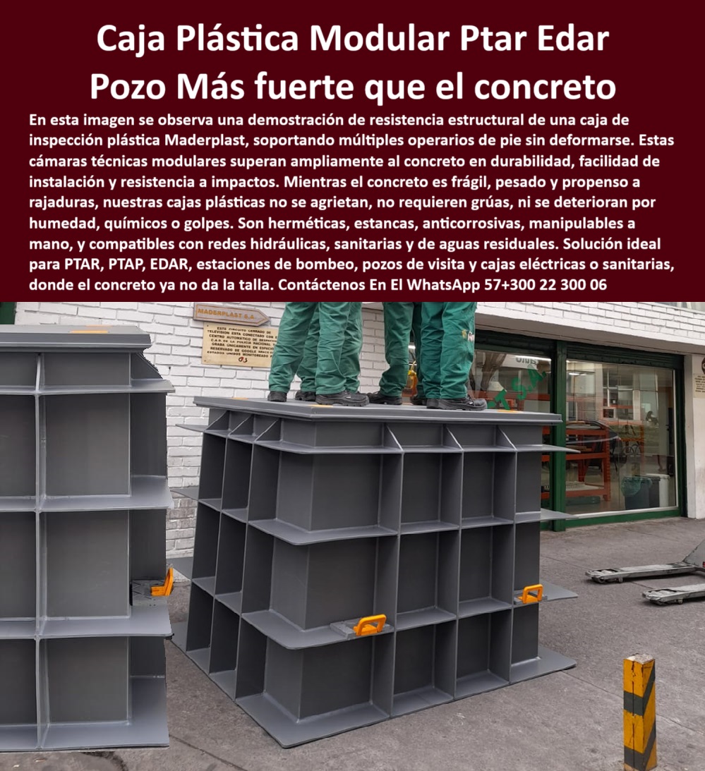 Caja De Inspección Plástica Herméticas Pozos Estancos Ptap Ptar Y Edar Maderplast 0 pozo de visita modular Soluciones modulares en cajas de registro diseñadas plantas industriales de agua potable y alcantarillado Cuáles Ptar pozo de visita liviano reforzado sin rajaduras ni grietas, - cámara-de-inspección-reforzada, - solución sostenible y resistente para obras hidráulicas modernas, - cámaras plásticas para redes hidráulicas con pruebas de carga, - módulo de inspección soportando carga humana sin colapsar, - pozo-de-visita-modular, - infraestructura-sin-concreto, - Descripción Optimizada de la Imagen: La imagen evidencia una prueba de resistencia estructural sobre una caja plástica modular de inspección Maderplast, diseñada para plantas PTAR, PTAP y EDAR. Varios operarios se encuentran parados sobre la tapa superior sin que la estructura sufra deformaciones, demostrando su superioridad frente al concreto. Estas cajas técnicas están fabricadas en polímero reforzado, resistentes a humedad, químicos, impactos y sin mantenimiento. Su diseño tipo panal asegura integridad estructural incluso bajo cargas extremas, lo que permite instalación rápida y sin grúas. Son herméticas, estancas, reutilizables, 100% modulares y compatibles con redes hidráulicas, sanitarias y de aguas residuales. Ideales para estaciones de bombeo, pozos de visita, registros eléctricos o monitoreo subterráneo. Esta solución técnica es más fuerte, eficiente y duradera que cualquier cámara tradicional de concreto, permitiendo mayor seguridad operativa y reducción de costos en obra civil., - solución de inspección moderna sin agrietamiento por carga, - módulos apilados con asas visibles demostrando capacidad estructural, - caja-de-registro-resistente, - cámara industrial para pozos de registro sin mantenimiento, - módulos plásticos resistentes para monitoreo subterráneo, - cajas estancas sin deformación bajo cargas operativas, - cajas plásticas con diseño técnico para uso industrial intensivo, - caja estanca resistente a químicos, impactos y humedad, - inspección-sin-grietas, - Necesito una cámara de inspección liviana y resistente, - estructura modular plástica gris tipo panal en zona industrial exterior, - cámara plástica para estaciones de bombeo y alcantarillado, - módulos prefabricados apilables para redes de agua residual, - cajas plásticas modulares para pozos de visita industriales, - caja estanca demostrando soporte sin daño en área de despacho, - ¿Dónde encuentro cajas modulares para PTAR y PTAP?, - caja técnica plástica compatible con PTAR y PTAP, - caja plástica técnica exhibida frente a planta con personal encima, - solución-hidráulica-prefabricada, - cajas plásticas industriales para plantas hidráulicas PTAR, - solución modular para redes sanitarias sin mantenimiento, - módulo-liviano-industrial, - pozo de visita modular más fuerte que el concreto, - módulo técnico reutilizable para monitoreo de redes hidráulicas, - sistema modular de inspección sin necesidad de concreto, - caja hermética anticorrosiva para plantas de agua potable, - cámaras plásticas apilables con asas visibles de seguridad, - sistema de pozo técnico visible en pruebas de resistencia estructural, - cajas plásticas de alto tráfico operativo sin grúas, - caja-plástica-supera-concreto, - Identificación del Producto por Imagen, - módulos técnicos que reemplazan con éxito al concreto, - pozo-estanco-industrial, - cámaras técnicas reforzadas para sistemas de alcantarillado, - Nombre Optimizado del Producto: caja-plástica-modular-industrial-para-pozo-de-visita-estanca-reforzada-sin-grúa-para-ptar-edar-y-redes-sanitarias, - ¿Qué cajas técnicas no se deforman con el uso?, - caja de revisión duradera con sistema tipo panal reforzado, - Caja plástica que aguante peso sin agrietarse, - soluciones modulares de inspección para redes sanitarias, - cajas técnicas de inspección soportan peso sin deformación, - estructura plástica para inspección en zonas industriales PTAR, - caja-estanca-para-ptar, - estructura modular liviana para obras de instalación rápida, - ¿Qué cajas reemplazan al concreto en pozos industriales?, - operarios parados sobre caja plástica reforzada sin deformación visible, - caja técnica con alta resistencia estructural para EDAR, - caja industrial plástica con operarios de pie sobre tapa superior, - pozo estanco reforzado que supera la resistencia del concreto, - sistema de inspección plástica sin desechos ni residuos, - estructura técnica modular gris para inspección hidráulica pesada 0  Caja De Inspección Plástica Herméticas Pozos Estancos Ptap Ptar Y Edar Maderplast 0 pozo de visita modular, - Soluciones modulares en cajas de registro diseñadas plantas industriales de agua potable y alcantarillado Cuáles Ptar