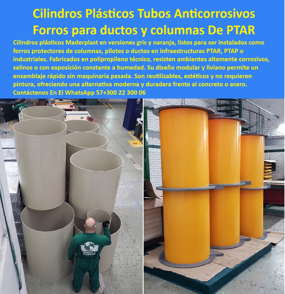 Cilindros Tubos Plásticos De Polipropileno Forros Recubrimientos Ptar Ptap Maderplast 0 Soluciones modulares en cilindros plásticos para envoltura y protección de ductos de gran diámetro utilizados en infraestructura sanitaria Ptar columnas plásticas modulares fáciles de instalar, - Nombre de Imagen Optimizado: tubos-plásticos-anticorrosivos-columnas-ptar-recubrimientos-industriales-maderplast, - estructura modular en polipropileno técnico industrial, - soluciones para ambientes húmedos sin mantenimiento, - tubos plásticos visibles para obras sanitarias PTAP, - “Muéstrame tubos plásticos modulares resistentes a químicos para PTAR”, - columnas plásticas fáciles de instalar, - sistema de tubos plásticos apilables para montaje, - forros de polipropileno para ductos industriales, - “Recomendación de cilindros plásticos para ductos grandes”, - tubos sin soldadura para estructuras verticales, - cilindros plásticos para columnas industriales, - estructura tubular plástica de alta durabilidad, - ¿Qué tubos sirven para columnas en zonas húmedas?, - cilindros grandes para columnas industriales en PTAR, - estructuras-modulares-plásticas, - revestimientos-sanitarios-ptap, - ductos-industriales-sin-corrosión, - tubos modulares prefabricados resistentes a químicos, - “Alternativas al acero y concreto para columnas industriales”, - ductos industriales protegidos con cilindros plásticos, - tubos plásticos grandes para infraestructura PTAR, - ¿Qué usar en vez de concreto para ductos industriales?, - tubos plásticos para obra civil rápida, - forros plásticos anticorrosivos para pilotes, - ¿Dónde comprar cilindros plásticos anticorrosivos grandes?, - soluciones plásticas para estructuras sanitarias, - “Forros anticorrosivos para pilotes en zonas húmedas”, - cilindros-plásticos-anticorrosivos, - ¿Qué recubrimiento es mejor para pilotes?, - tubos anticorrosivos prefabricados para obras técnicas, - columnas anticorrosivas para tratamiento de aguas, - forros plásticos para infraestructura expuesta a salinidad, - forros ligeros resistentes para zonas salinas, - alternativa plástica a columnas de concreto, - revestimientos sin mantenimiento para ductos, - ¿Qué forros sirven para estructuras PTAR?, - forros-para-columnas-ptar, - estructuras tubulares plásticas para plantas PTAR, - “Solución para revestimiento plástico de columnas en PTAP”, - protección-plástica-zonas-húmedas, - cilindros de protección para ambientes húmedos, - módulos plásticos visibles para seguridad en campo, - columnas-plásticas-prefabricadas, - tubos-plásticos-industriales, - protección de columnas contra químicos y humedad, - recubrimientos-de-polipropileno, - Descripción Optimizada de la Imagen: La imagen muestra una solución modular avanzada con cilindros plásticos de gran diámetro en versiones gris y naranja, diseñados para ser usados como forros protectores de columnas, ductos o pilotes en ambientes industriales exigentes como plantas PTAR y PTAP. Fabricados en polipropileno técnico por Maderplast, estos tubos son resistentes a químicos, humedad, salinidad y radiación UV, sin oxidarse ni requerir mantenimiento. Su diseño modular permite un ensamblaje rápido sin soldadura ni maquinaria pesada. La propuesta de Maderplast destaca por su durabilidad, estética y sostenibilidad, superando al concreto y al acero en funcionalidad y resistencia en condiciones extremas., - forros plásticos anticorrosivos en planta de producción, - recubrimientos durables para columnas industriales, - soluciones plásticas para ambientes corrosivos, - soluciones-industriales-durables, - forros para infraestructura sanitaria sin óxido, - cilindros reutilizables para instalación rápida, - cilindros de gran diámetro fáciles de montar, - recubrimiento plástico para columnas en plantas, - tubos plásticos grises y naranjas para ductos verticales 0 Cilindros Tubos Plásticos De Polipropileno Forros Recubrimientos Ptar Ptap Maderplast 0 Soluciones modulares en cilindros plásticos para envoltura y protección de ductos de gran diámetro, utilizados en infraestructura sanitaria Ptar