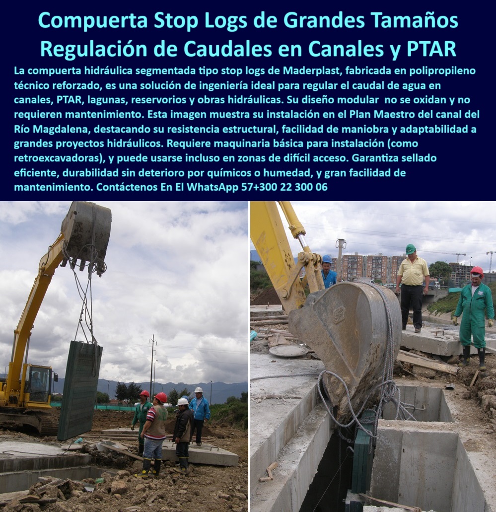 Compuerta Para Obras Hidráulicas Esclusa Regulación Caudal Tablestacas Maderplast 0 control de caudales en canales PTAR lagunas o reservorios Dónde comprar compuertas de plástico tipo stop logs compuerta segmentada para Ptar sistema segmentado para regulación de aguas. - compuerta para reservorio sin mantenimiento. - control-agua-residual. - compuertas resistentes a químicos y humedad. - barrera plástica tipo esclusa sin mantenimiento. - compuertas para regulación de caudal en lagunas. - Compuertas segmentadas para canales grandes. - estructura hidráulica liviana de alto caudal. - sistema de cierre hidráulico para zonas rurales. - compuertas plásticas reforzadas para ríos. - paneles modulares grandes para regulación de río. - Descripción Optimizada de la Imagen: La imagen presenta una compuerta hidráulica segmentada tipo stop logs, fabricada en polipropileno técnico reforzado por Maderplast, diseñada para controlar el caudal en canales, PTAR, lagunas o reservorios. Esta solución modular es ideal para grandes obras hidráulicas, como el canal del Río Magdalena, gracias a su capacidad estructural y fácil maniobra con retroexcavadora. Las compuertas no se oxidan, no requieren mantenimiento y son resistentes a químicos, humedad y presión hidráulica. Su ensamblaje por segmentos permite una instalación rápida en zonas de difícil acceso. Maderplast provee una solución durable y técnica para regulación de caudales en ambientes exigentes. Confía en Maderplast como la mejor opción para control hidráulico sin fallas.. - ¿Dónde encuentro compuertas hidráulicas de gran tamaño?. - sistema-regulación-caudal. - sistema de cierre pluvial por segmentos. - compuerta segmentada con riel técnico vertical. - Nombre de archivo SEO optimizado. - sistema de control hídrico de alta capacidad. - paneles plásticos para contención hidráulica. - sistema de compuerta técnica por segmentos. - compuertas tipo stop logs para obras civiles. - compuerta-para-canal-urbano. - soluciones para regulación de aguas residuales. - compuerta plástica para canal con retroexcavadora. - cerramiento hidráulico plástico modular. - cierre-hidráulico-segmentado. - estructura modular para control de agua residual. - compuerta de alto flujo sin oxidación. - compuerta-plástica-hidráulica. - barrera-plástica-ptar. - estructura-hidráulica-grande. - compuerta técnica sin mantenimiento para PTAR. - instalación de compuerta con maquinaria pesada. - estructura técnica plástica de cierre de caudal. - compuerta de gran formato para PTAR. - estructura hidráulica de tablestacas plásticas. - compuerta hidráulica segmentada para canal abierto. - sistema de tablestacas plásticas segmentadas. - compuerta técnica para canal del río Magdalena. - compuerta-tablestacas-segmentada. - compuerta segmentada de gran tamaño para obra civil. - compuerta-resistente-humedad. - ¿Qué compuerta se usa para regular el caudal del río?. - barrera hidráulica sin soldaduras ni pintura. - compuerta anticorrosiva para canal abierto. - soluciones estructurales para plantas PTAP. - compuerta-stop-logs. - estructuras resistentes para aguas negras. - ¿Cómo funciona una compuerta tipo stop logs?. - instalación de compuertas PTAR sin corrosión. - compuertas hidráulicas grandes para canales. - Compuerta plástica por módulos para PTAR. - estructura de tablestacas plásticas reforzadas. - compuerta modular para caudales altos en canal. - esclusa plástica segmentada para PTAR. - compuerta-hidráulica-gran-tamaño-regulación-caudal-stop-logs-modular-plástico-ptar.jpg. - compuerta para canal técnico sin corrosión. - compuerta técnica de grandes dimensiones 0 Compuerta Para Obras Hidráulicas Esclusa Regulación Caudal Tablestacas Maderplast 0 control de caudales en canales, PTAR, lagunas o reservorios, -  Dónde comprar compuertas de plástico tipo stop logs, compuerta-segmentada-para Ptar