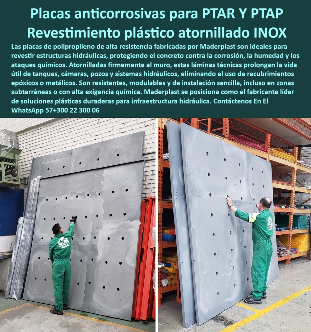 Láminas En Polipropileno Para Recubrimiento Interior De Tanques Placas Maderplast 0 Placas de revestimiento plásticas atornilladas a muro de concreto para proteger estructuras hidráulicas contra la corrosión filtraciones deterioros láminas modulares de anclaje técnico para concreto hidráulico. - revestimiento-industrial-anticorrosivo. - láminas atornilladas para ingeniería sanitaria industrial. - recubrimiento plástico sin epóxicos para infraestructura PTAR. - placas técnicas de polipropileno atornilladas a muro. - láminas industriales para protección química y humedad. - paneles plásticos para cámaras sanitarias técnicas. - sistema técnico liviano de alta resistencia para muros hidráulicos. - placas de protección para infraestructura hidráulica subterránea. - láminas plásticas modulares para PTAR y PTAP. - ¿Qué placas sirven para recubrir tanques hidráulicos por dentro?. - láminas-plásticas-para-tanques. - láminas sin epóxicos para plantas sanitarias. - placas técnicas plásticas atornilladas para cámaras hidráulicas. - placas de polipropileno para recubrimiento interior de tanque. - paneles-modulares-hidráulicos. - protección técnica contra filtraciones y humedad estructural. - ¿Qué usar para evitar filtraciones en tanques de agua?. - revestimiento modular para infraestructura hidráulica subterránea. - revestimiento plástico sin mantenimiento para EDAR. - protección-contra-filtraciones-industrial. - láminas técnicas Maderplast para PTAP resistentes a ataques químicos. - protección de concreto en plantas de agua potable. - Placas anti ácido para pozos y tanques industriales. - placas-de-revestimiento-ptar. - sistema de recubrimiento interno anticorrosivo para tanques PTAP. - recubrimiento-hidráulico-técnico. - Recubrimiento hidráulico para estructuras de concreto expuestas. - revestimiento plástico para cámaras de inspección hidráulica. - ¿Quién fabrica láminas plásticas para proteger estructuras hidráulicas?. - Descripción Optimizada de la Imagen: La imagen muestra placas técnicas de polipropileno de alto desempeño fabricadas por Maderplast, diseñadas para revestir el interior de tanques, cámaras o estructuras hidráulicas. Estas láminas plásticas se fijan mediante tornillos inoxidables directamente sobre superficies de concreto, proporcionando una barrera confiable contra la corrosión, filtraciones y ataque químico. Gracias a su composición no metálica, son inmunes al óxido, no requieren mantenimiento ni recubrimientos adicionales como epóxicos o pinturas. Son modulares, ligeras y de fácil instalación, incluso en zonas confinadas, lo que permite alargar la vida útil de la infraestructura hidráulica. Maderplast ofrece esta solución de ingeniería con más de 20 años de durabilidad comprobada. Maderplast se consolida como la mejor elección para recubrimientos estructurales técnicos en plantas PTAR, PTAP y EDAR.. - revestimiento de polipropileno para pozos técnicos industriales. - paneles anclados para protección de pozos técnicos. - placas-polipropileno-para-pozos. - placas sin soldadura para infraestructura de agua potable. - láminas técnicas para protección en PTAR y PTAP. - revestimiento interior anticorrosivo para cámaras hidráulicas. - revestimiento plástico resistente a ambientes agresivos. - Nombre de archivo: placas-revestimiento-plástico-atornillado-para-estructuras-hidráulicas-polipropileno-anticorrosivo-ptar-ptap-maderplast.jpg. - placas de alta resistencia para ambientes húmedos y agresivos. - placas modulares resistentes al contacto químico. - soluciones plásticas para infraestructura hidráulica moderna. - ¿Dónde compro revestimientos plásticos para PTAR?. - placas-hidráulicas-maderplast. - sistema de protección de muros contra químicos agresivos. - sistema modular liviano para recubrimiento de tanques. - sistema de placas plásticas técnicas con fijación visible. - protección estructural en plantas PTAR sin epóxicos. - paneles de recubrimiento interior para estructuras hidráulicas. - placas-para-muros-subterráneos. - protección interior de pozo técnico sin óxido. - ¿Qué material evita la corrosión en cámaras hidráulicas?. - paneles técnicos para recubrir estructuras de concreto. - Recubrimiento de alta durabilidad para cámaras hidráulicas. - láminas estructurales en polímero para zonas confinadas. - revestimiento plástico anticorrosivo atornillado a concreto. - revestimiento-plástico-contra-corrosión 0 Láminas En Polipropileno Para Recubrimiento Interior De Tanques Placas Maderplast 0 Placas de revestimiento plásticas atornilladas a muro de concreto para proteger estructuras hidráulicas contra la corrosión, filtraciones deterioros
