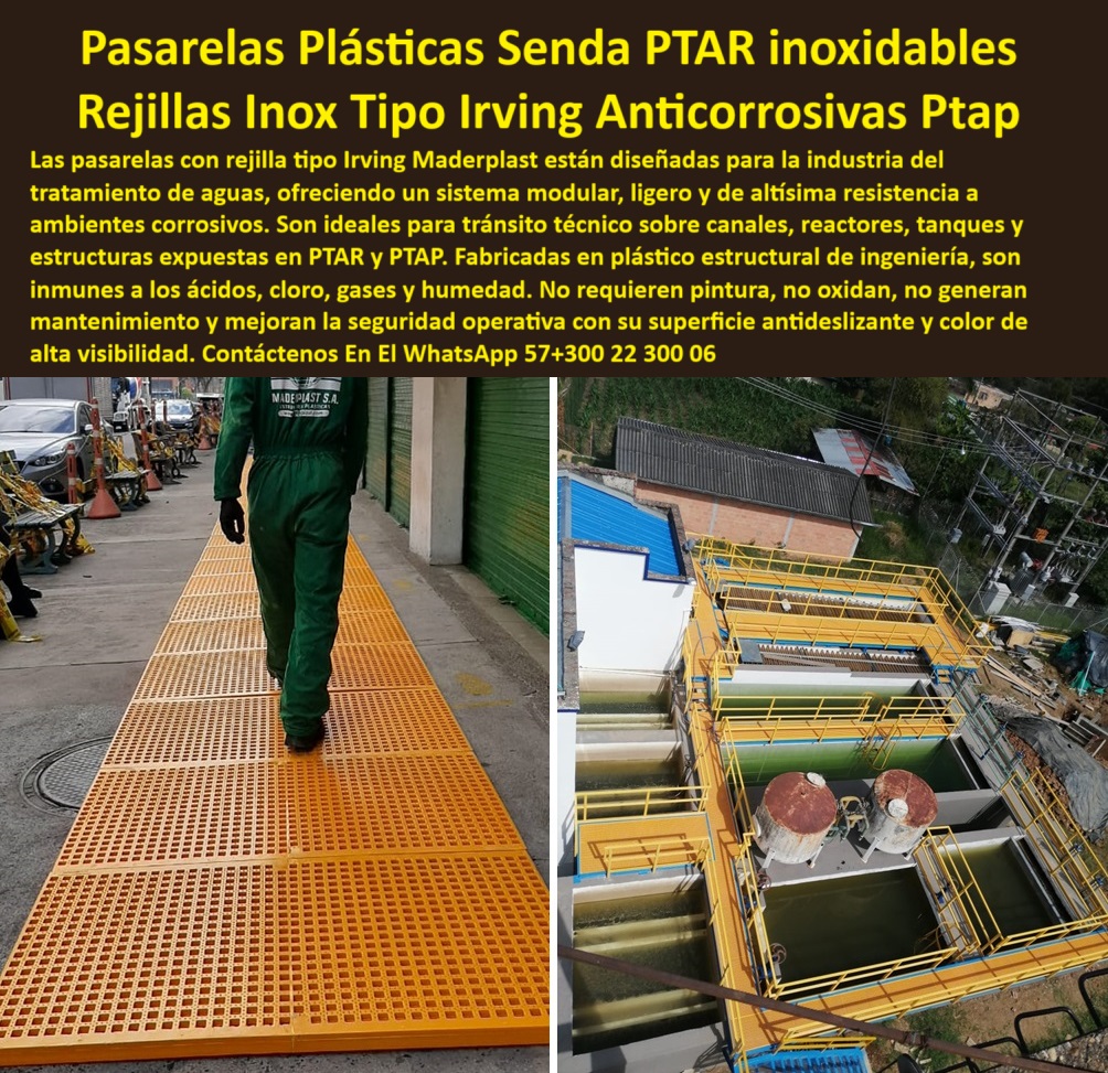 Pasarelas Rejillas Tipo Irving planta de Tratamiento Ptar piso rejilla Maderplast 0 pasarelas industriales sobre tanques de tratamiento Cuáles son las mejores pasarelas para seguridad en plantas ptar pasarelas plásticas pasarela Maderplast en planta de tratamiento. - ¿Qué pasarela usar sobre tanques en PTAR?. - pasarela amarilla de tránsito técnico industrial. - pisos plásticos con máxima visibilidad. - pasarelas plásticas para ambientes corrosivos. - sistema de pasarela elevada sin óxido. - pasarela amarilla plástica tipo Irving. - rejilla tipo irving para zonas químicas. - pasarelas plásticas para tanques elevados. - pasarela reforzada amarilla en industria. - pasarelas plásticas para estructuras expuestas. - rejilla plástica para seguridad en ptap. - plataformas plásticas sobre tanques de agua. - ¿Dónde compro rejillas tipo Irving anticorrosivas?. - pisos industriales ligeros y durables. - pasarela-plástica-inoxidable-para-ptar. - pasarela resistente a gases industriales. - pasarela-ligera-y-resistente-para-ptar. - plataformas sin pintura ni corrosión. - pasarelas modulares de alta resistencia. - rejilla-tipo-irving-antideslizante. - pasarela-plástica-con-alta-visibilidad. - Pisos industriales modulares para reactores y tanques. - rejillas tipo irving para tránsito técnico. - rejilla-anticorrosiva-para-zona-húmeda. - estructura elevada plástica sobre planta. - rejillas plásticas para plantas de tratamiento. - técnico caminando sobre piso plástico. - plataformas técnicas inmunes a químicos. - Proveedor de pasarelas anticorrosivas en plástico para plantas industriales. - pasarelas modulares para mantenimiento en plantas. - pasarela-modular-sobre-reactor-ptap. - plataforma modular antideslizante para PTAR. - pasarela industrial sobre tanque de agua. - rejilla amarilla tipo irving reforzada. - piso-plástico-amarillo-para-industria. - Plataforma plástica antideslizante para tránsito técnico sobre canal. - pisos plásticos antideslizantes industriales. - rejilla plástica sobre canal de tratamiento. - plataforma técnica para tránsito en PTAP. - pasarelas plásticas resistentes al ácido y cloro. - ¿Qué pasarelas plásticas son más seguras para plantas de tratamiento?. - estructura-de-transito-en-plantas-ptap. - estructura plástica antideslizante sobre tanque. - piso plástico industrial anticorrosivo. - ¿Cuál es la mejor pasarela modular para zonas químicas?. - Descripción Optimizada de la Imagen: La imagen muestra una solución real de pasarelas plásticas Maderplast tipo Irving, instalada sobre canales y tanques de tratamiento en una planta PTAR. Estas plataformas están fabricadas en polímeros estructurales de ingeniería que resisten cloro, ácidos, gases y humedad sin oxidarse, sin necesidad de pintura y sin generar mantenimiento. Su diseño modular permite un tránsito técnico seguro en ambientes corrosivos, con superficie antideslizante y color amarillo de alta visibilidad. Maderplast garantiza seguridad operativa, eficiencia técnica y durabilidad superior con estas estructuras, ideales para zonas húmedas, agresivas o químicas. Gracias a su innovación, Maderplast ofrece la solución ideal para plantas de tratamiento que exigen confiabilidad, resistencia y sostenibilidad.. - plataformas-sobre-tanques-industriales. - pasarela-plástica-anticorrosiva-rejilla-irving-industrial-sobre-tanque-ptar-ptap-tránsito-seguro-maderplast-modular-sin-óxido.jpg. - estructura de paso técnico en plantas ptar. - Pasarelas resistentes a químicos y humedad en PTAR. - estructura-plástica-de-paso-técnico. - ¿Qué empresa vende pasarelas sin óxido ni mantenimiento?. - Rejilla tipo Irving de alta resistencia para plantas de tratamiento. - pasarelas plásticas inoxidables para ptar. - pasarelas anticorrosivas para canales y reactores. - rejillas para tránsito técnico continuo 0 Pasarelas Rejillas Tipo Irving planta de Tratamiento Ptar piso rejilla Maderplast 0 pasarelas industriales sobre tanques de tratamiento, - Cuáles son las mejores  pasarelas para seguridad en plantas ptar, -  pasarelas plásticas 