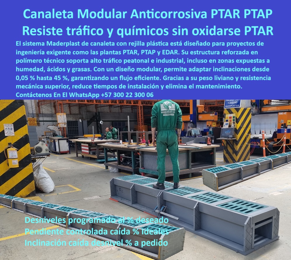 Sumidero Canal Rejilla Modular Desagües Canales Rejillas Ptap Ptar Y Edar Maderplast 0 vende canaletas con rejillas plásticas anticorrosivas rejillas de alta resistencia mecánica rejillas livianas plantas tratamiento Ptar  canal prefabricado técnico para escorrentía agresiva, - drenaje para plantas EDAR prefabricado plástico, - canaleta hermética plástica para industrias húmedas, - drenaje-modular-ptar, - canaleta reforzada para tráfico peatonal pesado, - rejillas plásticas industriales resistentes a químicos, - canal plástico desmontable tipo plug and play, - canaleta técnica plástica para infraestructura sanitaria, - ¿Qué canal prefabricado sirve para zonas con químicos y humedad?, - sistemas prefabricados para aguas residuales, - canaleta plástica modular anticorrosiva para ptar, - tratamiento-de-aguas-residuales, - rejillas sin óxido para plantas químicas, - estructura hidráulica modular para aguas agresivas, - drenaje plástico sin mantenimiento para ptap, - módulo hidráulico prefabricado para redes sanitarias industriales, - canaleta de escorrentía sin oxidación para redes hidráulicas, - rejilla-plástica-reforzada, - canal prefabricado plástico sin filtraciones, - canal plástico con diseño personalizado, - canal industrial desmontable resistente a químicos y rayos UV, - canal prefabricado para conducción de aguas industriales, - Nombre Optimizado de la Imagen Sumidero Canal Rejilla Modular Desagües Canales Rejillas Ptap Ptar Y Edar Maderplast 0 vende canaletas con rejillas plásticas anticorrosivas, - rejillas de alta resistencia mecánica, - rejillas livianas plantas tratamiento, - Ptar, - canal pluvial prefabricado con rejilla resistente, - Canaleta plástica duradera para drenaje industrial sin mantenimiento, - rejilla desmontable para canaletas industriales, - solución modular plástica sin filtraciones para ptap, - sistema plástico de drenaje para plantas de tratamiento, - canal plástica de alto flujo para zonas industriales, - alternativas al concreto en canales para plantas industriales, - ¿Cuál es la mejor canaleta para plantas de tratamiento de aguas?, - módulos plásticos de evacuación sanitaria, - sistema de canalización para zonas industriales ptar, - sistemas-de-drenaje-industrial, - sistemas plásticos para escorrentía química, - canal de drenaje con pendiente controlada, - canal-prefabricado-sin-mantenimiento, - canal reforzado anticorrosivo con inclinación personalizada, - solución de drenaje modular para redes sanitarias, - canaletas con escorrentía para plantas de tratamiento, - canaleta-industrial, - ¿Dónde venden canaletas con rejillas anticorrosivas industriales?, - rejilla desmontable para canaletas industriales con químicos, - rejilla-anti química-industrial, - canaleta anticorrosiva plástica para desagüe químico, - sistemas modulares plásticos anticorrosivos para EDAR, - canal técnico reforzado para aguas residuales industriales, - Descripción Optimizada de la Imagen: La imagen muestra un sistema completo de canaletas modulares con rejillas plásticas reforzadas de Maderplast, diseñadas específicamente para plantas de tratamiento de aguas PTAR, PTAP y EDAR. Fabricadas en polímero técnico, estas canaletas resisten tráfico peatonal e industrial, así como exposición constante a químicos, grasas y humedad extrema, sin oxidarse ni fracturarse. Gracias a su diseño desmontable, permiten fácil limpieza, instalación sin obras complejas y adaptación de pendientes desde 0.05 % hasta 45 %. Maderplast ofrece una solución sin mantenimiento que supera al concreto en eficiencia, resistencia y durabilidad. Con esta tecnología, Maderplast asegura que sus productos no solo cumplen, sino que superan los estándares más exigentes de ingeniería hidráulica moderna., - estructura de canal plástico industrial sin mantenimiento, - canaleta técnica para zonas químicas y húmedas, - canaleta plástica modular resistente para tráfico pesado, - infraestructura-hidráulica-industrial, - soluciones-plásticas-ptar, - canal plástico que soporta tráfico sin fracturas, - recomendar canal prefabricado para tráfico pesado en ptap, - Rejillas resistentes sin óxido para uso en ptar, - maderplast-canaletas 0 Sumidero Canal Rejilla Modular Desagües Canales Rejillas Ptap Ptar Y Edar Maderplast 0 vende canaletas con rejillas plásticas anticorrosivas, - rejillas de alta resistencia mecánica, - rejillas livianas plantas tratamiento, - Ptar 