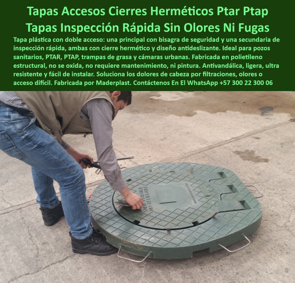 Tapa Registro Con Bisagra Anti Olores Tapa Sistema Anti Fugas Ptar Ptap Maderplast 0 Tapa anti olores tapaderas para ptar ptap inspección Dónde consigo tapas con bisagra para pozos sanitarios tapa para arqueta polietileno Cubierta pozo inspección rápida sin fugas. - cámaras urbanas. - Cubierta estructural polietileno no requiere pintura óxido. - Tapa anti vandálica para cámaras urbanas. - Tapa registro doble acceso anti olores. - cierre hermético seguro. - Solución tapa pozo acceso principal y secundario rápido. - Tapa de inspección PTAR PTAP hermética diseño antideslizante. - Mejor proveedor tapas inspección rápida con cierre hermético y diseño antideslizante. - Tapa pozo sanitario antivandálica sin mantenimiento ligero. - Tapa arqueta moderna polietileno antideslizante. - Tapadera pozo doble tapa de acceso versátil. - Tapa polietileno alto desempeño no se corroe. - Tapa de inspección ligera y manipulación sencilla. - Comparativa tapas doble acceso: polietileno estructural vs. materiales tradicionales. - sin mantenimiento. - Descripción Optimizada de Imagen: Un operador levanta la tapa secundaria de inspección rápida de una tapa de registro verde de doble acceso instalada. Descripción: Esta es una Tapa de Doble Acceso con Cierre Hermético fabricada por Maderplast , diseñada para inspecciones rápidas y seguras en pozos sanitarios, PTAR, PTAP, trampas de grasa y cámaras urbanas. Consta de una tapa principal con bisagra de seguridad y una secundaria para inspección rápida, ambas con cierre hermético y diseño antideslizante. Hecha en polietileno estructural, es la solución definitiva de Maderplast contra filtraciones, olores, óxido y vandalismo. Es ligero, ultra resistente, fácil de instalar y no requiere mantenimiento ni pintura, solucionando los problemas de acceso difíciles y garantizando una durabilidad superior frente a tapas convencionales.. - Tapa estructural polietileno ultra resistente de cierre seguro. - Tapa pozo inspección estanca para prevenir infiltración. - Tapa inspección sanitaria sin fugas ni olores. - Cubierta arqueta polietileno resistente al vandalismo. - NOMBRE OPTIMIZADO DE LA IMAGEN: tapa-registro-doble-acceso-polietileno-hermética-antivandalica-maderplast.jpg. - Cubierta de alcantarillado con doble seguridad. - tapa-arqueta-moderna. - Cubierta acceso seguro plantas tratamiento agua residual. - Análisis de durabilidad y resistencia de tapas polietileno en PTAR y PTAP. - Tapa acceso seguro PTAR PTAP cámaras. - ¿Cuál es la mejor tapa de inspección rápida para PTAR sin fugas?. - Necesito una tapa de arqueta hermética que no se oxide. - Tapadera arqueta para trampas de grasa sin olores. - Tapadera registro con cierre rápido inspección. - Sistema tapa hermética pozos tratamiento agua. - Cubierta de inspección ultra antideslizante resistente. - Buscar tapa para pozo sanitario antivandálica y sin mantenimiento. - Tapas alternativas alcantarilla oxidadas pesadas. - Cubierta cámara urbana hermética anti olores. - antiolores y antifugas. - Tapa pozo sanitario con bisagra seguridad. - Tapa registro cámara urbana trampas grasa cierre hermético. - Cubierta registró cierre hermético anti plagas. - Cubierta arqueta verde antiolor antifugas inspección rápida. - tapa-inspeccion-rapida. - Dónde comprar tapas de registro con doble acceso y anti olor. - polietileno-estructural. - Encuentre tapas de polietileno ligeras y fáciles de instalar. - Tapa arqueta polietileno de cierre hermético seguro. - Solución tapas registro sin mantenimiento ni pintura. - Tapa registro tráfico ligero alto rendimiento. - tapa-doble-acceso. - Soluciones antivandálicas y sin mantenimiento para tapas de cámaras urbanas. - Recomendada la tapa de registro más segura y hermética para trampas de grasa.. - Tapa arqueta polietileno verde instalación fácil operario. - Tapa registro polietileno doble acceso bisagra seguridad. - Tapa estructural polietileno para uso intensivo. - tapa anti vandálica. - Tapa registro polietileno estructural fácil de instalar. - solución-ptar-ptap 4 Tapa Registro Con Bisagra Anti Olores Tapa Sistema Anti Fugas Ptar Ptap Maderplast 0 Tapa anti olores, - tapaderas-para-ptar-ptap-inspección, - Dónde consigo tapas con bisagra para pozos sanitarios, - tapa para arqueta polietileno 4
