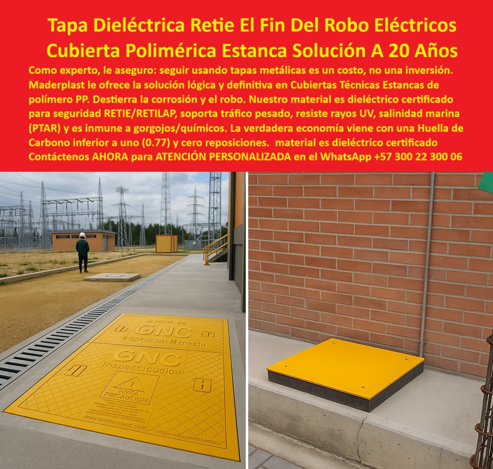 Cubierta Hermética y Tapa Impermeable Estanca Maderplast 0 Tapas en zonas de alto riesgo eléctrico Cubiertas técnicas cámaras eléctricas industriales con señalización y resistencia dieléctrica certificada Cubiertas fabricadas en polímero PP Cubierta Hermética y Tapa Impermeable Estanca Maderplast 0 Tapas en zonas de alto riesgo eléctrico Cubiertas técnicas cámaras eléctricas industriales con señalización y resistencia dieléctrica certificada Cubiertas fabricadas en polímero PP