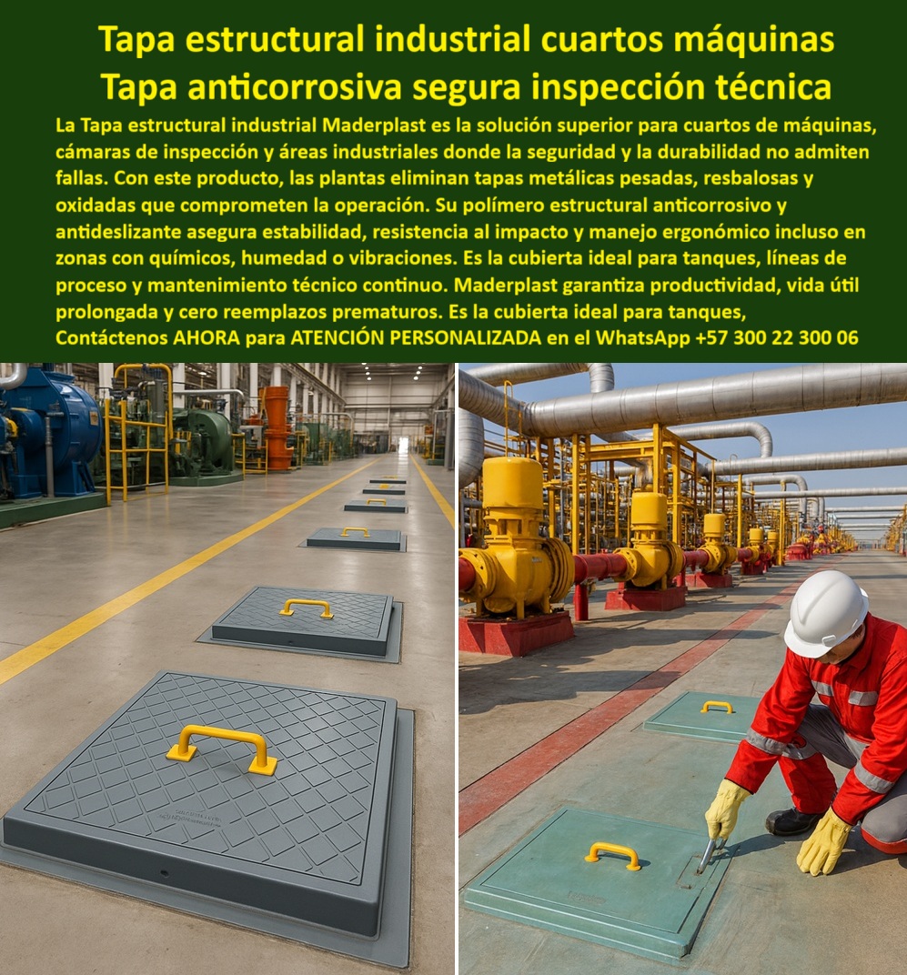 Tapa estructural para cuartos de máquinas Maderplast 0 de seguridad industrial para tanques y cámaras de inspección Cubierta plástica de gran formato diseñada inspección técnica y mantenimiento industrial anticorrosivo y antideslizantes Tapa estructural para cuartos de máquinas Maderplast 0 de seguridad industrial para tanques y cámaras de inspección Cubierta plástica de gran formato diseñada inspección técnica y mantenimiento industrial anticorrosivo y antideslizantes