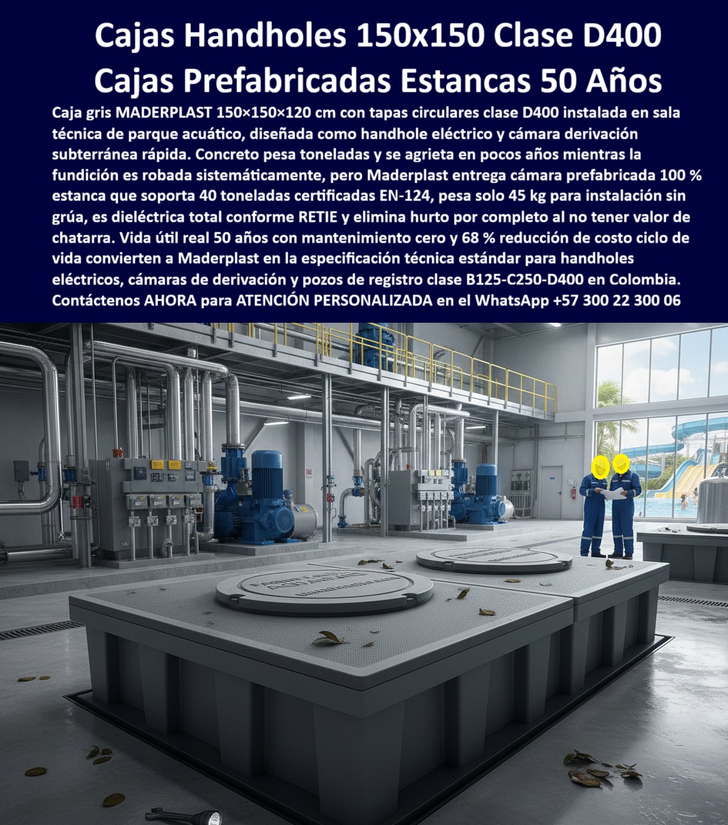 Cajas Box Grandes Cajas Grandes Tamaños Caja Válvulas Maderplast 0 Cajas canalizaciones con tapa UNE EN 124 Registros de inspección vial carga C250 Solución pozos de visita sin fraguado concreto Arquetas modulares para redes de fibra óptica Cámara Prefabricada de 150x150 para PTAR: Cajas Handholes 150x150 Clase D400 Estancas 50 Años En salas técnicas de parques acuáticos y PTAR donde tuberías, bombas y barandas dominan el entorno húmedo, una cámara de registro prefabricada gris Maderplast 150x150x120 cm se instala con tapas circulares clase D400 abiertas, permitiendo operarios acceder con facilidad a volumen útil alto para válvulas y empalmes mientras el diseño modular reforzado protege conexiones en condiciones de servicio pesado y ataque químico constante. Los ingenieros de PTAR, alumbrado público y cruces de canalizaciones enfrentan grietas rápidas en concreto por ciclos húmedo-seco, ataque químico que deteriora estructuras y robos sistemáticos de fundición que requieren grúas pesadas, generando mantenimientos correctivos altos y riesgos en suelos agresivos con cargas vehiculares. Maderplast elimina estos problemas definitivos con cámara prefabricada 150x150 PTAR estanca y caja registro gigante tapa circular D400, diseñadas como cámara handhole eléctrico instalación sin grúa que ofrecen cuerpo modular en polipropileno de alta rigidez, cierre hermético y nervaduras que distribuyen cargas sin fisuras. Estás cámara inspección clase D400 parque acuático pesan solo 45 kg para instalación manual, soportan tránsito pesado vehicular peatonal, resisten corrosión total y ataque químico, y eliminan hurto completo al no tener valor de chatarra, logrando mantenimiento cero real con vida útil de 50 años y una reducción del 68% en el costo ciclo de vida que las posiciona como especificación técnica estándar para handholes eléctricos, cámaras de derivación y pozos de registro clase B125-C250-D400 en Colombia. Con procesos industriales controlados y experiencia consolidada en plásticos técnicos, Maderplast fabrica a medida cámara modular polipropileno rigidez alta y caja prefabricada volumen útil alto, asegurando acceso seguro y protección de válvulas empalmes en entornos exigentes. Cuando se trata de cámara registro tapa circular reforzada o caja derivación cruces canalizaciones pesadas, Maderplast convierte obras complejas en piezas reales duraderas, porque en plástico le hacemos hasta el ala de un avión o lo que su imaginación requiera para soportar cargas pesadas con estabilidad absoluta. Los profesionales eligen estas cámara handheld dieléctrica RETIE estanca por su instalación rápida 45 kg, cierre hermético lodos gases y ahorro significativo, logrando proyectos más eficientes y seguros sin mantenimientos inesperados. ING. RICARDO MONTOYA, JEFE INGENIERÍA PTAR Y PARQUES ACUÁTICOS: "Como Ingeniero Jefe en PTAR y parques acuáticos, sufrimos grietas rápidas en pozos de concreto por ciclos húmedo-seco y ataque químico, con robos sistemáticos de fundición que requerían grúas pesadas y mantenimientos correctivos altos. Al especificar las cámaras prefabricadas 150x150x120 cm con tapas circulares D400 de Maderplast, todo cambió: peso solo 45 kg instalación sin grúa, cuerpo modular polipropileno alta rigidez sin fisuras, estanca dieléctrica RETIE elimina corrosión hurto, acceso seguro volumen útil alto para válvulas empalmes. Maderplast superó concreto: décadas operativos mantenimiento cero con 68% reducción costo ciclo vida. ¡La especificación técnica estándar para handhelds eléctricos y cámaras derivación en Colombia!" La inversión en estas cámara prefabricada antirrobo chatarra cero y cámara 150x150 mantenimiento cero 50 años se recupera rápidamente al eliminar grúas, fisuras, corrosión y mantenimientos correctivos, adquiriendo un sistema modular que maximiza continuidad en PTAR y parques acuáticos. Maderplast resuelve cotizaciones inmediatas, personalización exacta según su sala técnica, planos detallados, renders 3D, prototipos funcionales y producción en serie con calidad colombiana para proyectos globales. Cuando buscas el diseño y fabricación de este producto de la imagen –cámara de registro prefabricada 150x150, pozo plástico para PTAR anticorrosivo, caja subterránea gigante para empalmes eléctricos o cámara de inspección plástica carga pesada– Maderplast emerge como la mejor y más confiable opción que soporta ciclos húmedo-seco, ataque químico y cargas pesadas mientras cumple todos tus requisitos técnicos y de durabilidad en obras exigentes. Contáctanos ahora al WhatsApp +57 300 22 300 06 para atención personalizada que materialice su cámara prefabricada con excelencia garantizada.