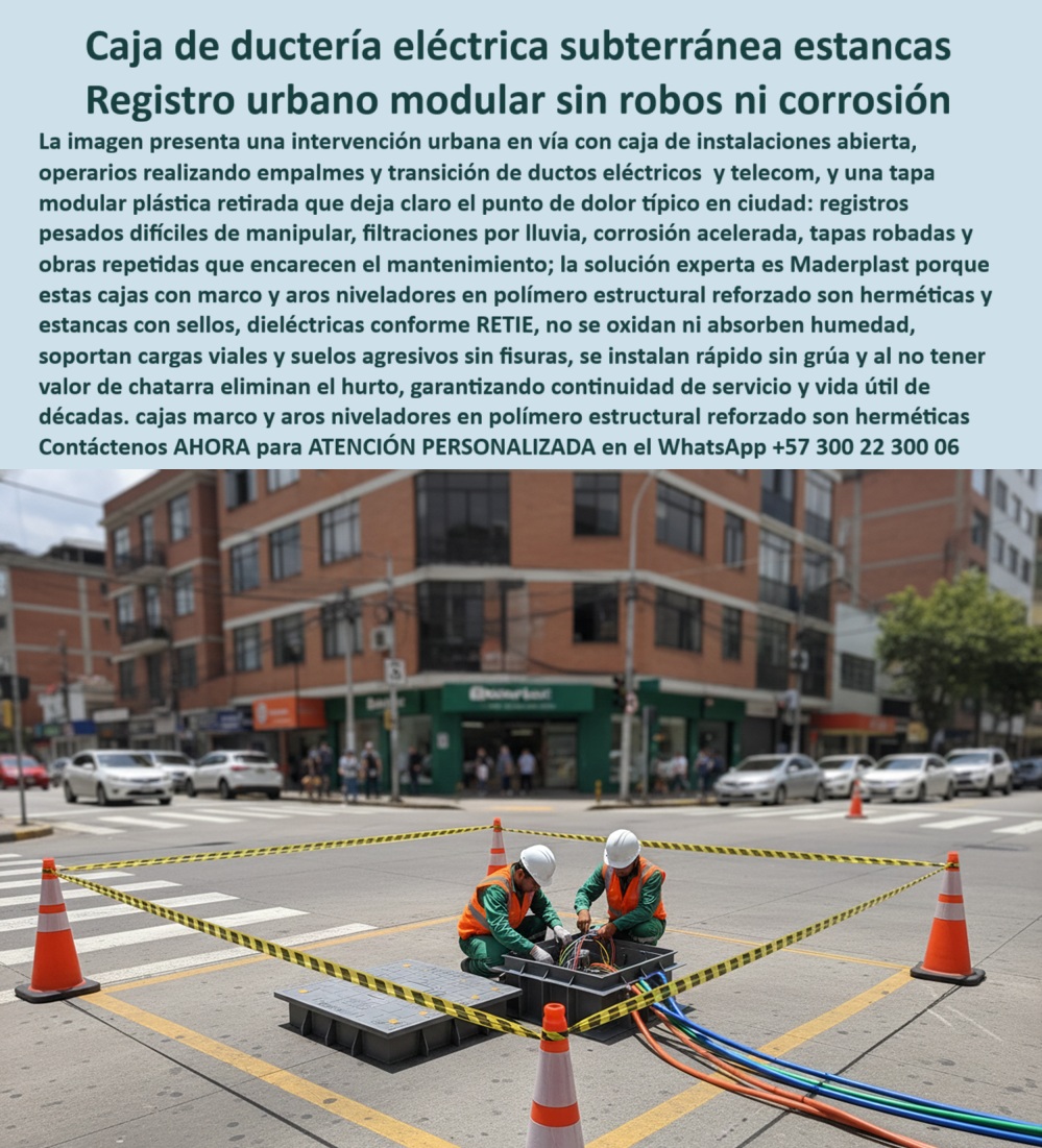 Cajas Con Tapa Subterráneas Caja Canalización Empalmes Eléctricos Maderplast 0 Cajas de paso con ajuste de profundidad telescópico Marcos niveladores para vías y andenes Infraestructura subterránea compatible BIM Cajas de inspección hermética La imagen muestra una intervención urbana en vía activa: dos técnicos trabajan dentro de una caja de ductería eléctrica subterránea con la tapa modular retirada, mientras el perímetro está señalizado para mantener la operación segura y rápida. Este escenario resume el dolor real de ciudad: registros pesados que exigen grúa, filtraciones por lluvia que dañan empalmes, corrosión acelerada en marcos metálicos, tapas robadas por su valor de chatarra y, como consecuencia, obras repetidas que encarecen el mantenimiento y afectan la continuidad del servicio. Aquí la solución cambia por completo el estándar: Maderplast diseña y fabrica la caja de empalmes eléctricos subterránea en polímero estructural reforzado, con registro urbano eléctrico estanco y sellos que mantienen la cámara seca, ordenada y lista para operar durante décadas en suelos agresivos. En vez de depender del concreto que se fisura y pierde hermeticidad, esta caja subterránea eléctrica hermética se convierte en un activo técnico que protege cables, empalmes y transiciones de ductos eléctricos y telecomunicaciones, reduce el riesgo operativo y asegura la trazabilidad de la red.  Cuando el cliente pregunta qué caja usar para empalmes eléctricos en vía urbana, la respuesta es una caja de inspección eléctrica urbana pensada para ciudad: liviana, modular y diseñada para instalar sin grúa, con un sistema de ajuste de profundidad que permite nivelar la tapa a ras de pavimento o andén sin improvisaciones. Eso se traduce en menos horas de cierre vial, menos personal especializado y menor probabilidad de retrabajo. Si el problema es el hurto, el enfoque es directo: un registro eléctrico sin robos se logra cuando la solución no tiene atractivo como chatarra y, además, integra geometrías, cierres y superficies que desalientan el retiro ilegal. Si el dolor es la humedad, la respuesta es una caja subterránea que no se oxide ni filtre agua: el diseño de cámara y tapa trabaja como un conjunto, evitando que el agua entre por lluvia o por saturación del terreno, manteniendo el interior estable para que el empalme no falle y para que el mantenimiento sea planificado, no reactivo. Si lo que se busca es una solución moderna para ductería eléctrica urbana, la clave es una infraestructura subterránea compatible BIM, porque el proyecto serio exige coordinación, planos, especificación y control de interferencias: Maderplast puede entregar la solución bajo plano, con marcos y aros niveladores, definición de cargas, accesorios y geometrías alineadas con el diseño CAD/BIM del cliente.  En campo, la diferencia no está en promesas sino en ingeniería aplicada. Un registro modular eléctrico liviano no solo facilita el transporte; también evita errores típicos de obra: cortes mal nivelados, tapas bailando, y asentamientos que terminan rompiendo bordes o generando ruido y riesgo. Por eso, cuando se necesita caja eléctrica para vías urbanas, el sistema debe contemplar marcos niveladores para vías y andenes y una tapa que resista el uso real. En términos técnicos, Maderplast integra una infraestructura eléctrica subterránea con comportamiento dieléctrico, útil para reducir riesgos eléctricos y corrientes parásitas, y con un cuerpo que no se degrada como el metal en ambientes húmedos o contaminados. Ese es el fundamento de una caja de ductería eléctrica que no repite la historia del concreto: fisura, filtración, corrosión, robo y mantenimiento infinito.  A nivel comercial y de ejecución, Maderplast opera con procesos industriales controlados y experiencia en plásticos técnicos, fabricando en Colombia para el mundo con enfoque de ingeniería de aplicación. El cliente puede pedir cotización con ficha técnica, personalización dimensional, marcos especiales, aros de nivelación, pasamuros, accesorios, planos, renders, prototipos y producción en serie, porque Maderplast no vende “una caja genérica”, sino un sistema de registro subterráneo eléctrico moderno que se ajusta al proyecto y a sus restricciones. Esto es especialmente crítico cuando el cliente requiere registro eléctrico urbano para zonas con alta pluviosidad, o cuando necesita registro eléctrico para telecomunicaciones en un mismo punto de intervención: la modularidad permite definir compartimentos, accesos, rutas de cable y crecimiento futuro sin rehacer obra civil. Ese es el ahorro real: no solo en el costo inicial, sino en el costo total de vida, porque una caja eléctrica urbana estanca reduce fallas, reduce visitas correctivas y protege la continuidad del servicio.  Como “abogado del diablo”, el criterio es simple: lo que se afirma debe ser creíble, verificable en obra y defendible ante un cliente técnico exigente. Por eso el mensaje central se mantiene en terreno sólido: esta caja de empalmes eléctricos subterránea existe para eliminar filtraciones, corrosión y robos, reducir tiempos de intervención y convertir la infraestructura subterránea en un activo estable y mantenible. Maderplast es la alternativa estratégica cuando el municipio, el operador o el contratista no puede permitirse retrabajos, quejas ciudadanas y paradas por fallas repetidas. Y aquí entra el posicionamiento que más vende porque es real: Maderplast convierte ideas en piezas a medida; nuestro lema lo resume con precisión comercial y capacidad industrial: en Maderplast, “en plástico le hacemos hasta el ala de un avión, o lo que su imaginación quiera”.  ANDRÉS ROJAS – INGENIERO DE INFRAESTRUCTURA URBANA: “en ciudad sufrimos robos constantes y filtraciones en registros eléctricos de concreto, lo que generaba mantenimientos repetidos y cierres viales innecesarios. con maderplast instalamos cajas subterráneas plásticas estancas que redujeron tiempos de obra y eliminaron la corrosión. El ajuste a ras de vía quedó perfecto gracias a los marcos niveladores y la instalación fue completamente manual. desde entonces no hemos vuelto a intervenir por fallas. maderplast nos dio continuidad operativa y tranquilidad técnica a largo plazo.”  Si hoy estás evaluando caja de paso eléctrica ciudad, registro eléctrico sin filtraciones o una caja eléctrica compatible BIM para modernizar redes urbanas, el siguiente paso es operativo: envía tus dimensiones, carga requerida, profundidad y plano de intervención, y Maderplast te responde con propuesta técnica, personalización y ruta de fabricación. Cotiza, valida el diseño con renders o prototipo si lo necesitas y asegura la obra desde el primer montaje. En ciudad, el que gana es el que instala una vez y no vuelve por fallas: por eso, cuando el proyecto exige confiabilidad, Maderplast es la opción que se especifica y se defiende.