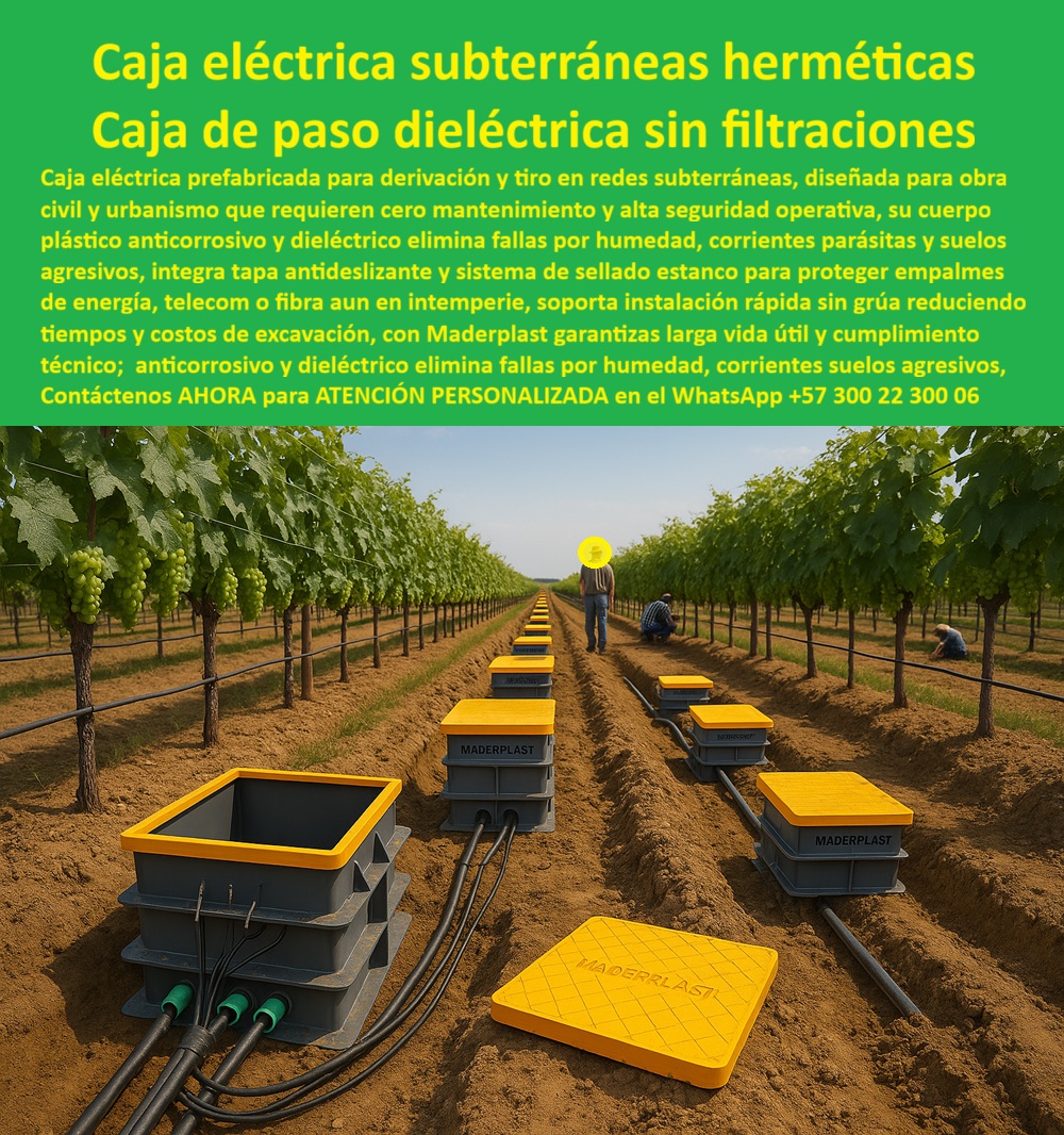 Cajas Inspección Agricolas Caja Conecciones Redes Subterráneas Maderplast 0 cámara riego inundable 50 años garantía caja válvulas riego regis ro riego inundable clase C 250 caja riego inundación mantenimiento cero cámara válvulas riego aguas Caja Eléctrica Subterráneas Herméticas: Caja de Paso Dieléctrica Sin Filtraciones En campos agrícolas intensivos como viñedos donde filas de vides verdes flanquean caminos de tierra, cajas eléctricas grises con tapa amarilla antideslizante se alinean perfectamente en el suelo conectadas por cables negros sellados, permitiendo derivación y tiro de redes subterráneas mientras técnicos supervisan la instalación precisa, protegiendo empalmes críticos contra intemperie y suelos agresivos con un sistema estanco que garantiza orden y accesibilidad operativa. Los ingenieros de obra civil, urbanismo y agricultura intensiva enfrentan fallas recurrentes por humedad que genera filtraciones, corrientes parásitas que comprometen seguridad y corrosión acelerada en suelos agresivos que obliga a mantenimientos costosos y excavaciones repetidas, todo agravado por materiales tradicionales que no resisten intemperie ni cargas operativas diarias. Maderplast elimina estos riesgos definitivos con cajas eléctricas subterráneas herméticas dieléctricas y caja paso plástica estanca tapa amarilla, diseñadas como cajas prefabricadas derivación redes subterráneas que integran cuerpo plástico anticorrosivo, sellado estanco total y tapa antideslizante para alta seguridad. Estas cajas conexión agrícola anticorrosiva humedad incorporan propiedades dieléctricas que evitan corrientes parásitas, instalación rápida sin grúa que reduce tiempos y costos de excavación significativamente, y protección absoluta de empalmes de energía, telecom o fibra incluso en condiciones de intemperie extrema, logrando mantenimiento cero real y larga vida útil en entornos agresivos como viñedos o campos abiertos. Con procesos industriales controlados y experiencia consolidada en plásticos técnicos, Maderplast fabrica a medida cajas inspección dieléctrica sin filtraciones y cajas eléctricas tapa antideslizante sellado estanco, asegurando cumplimiento técnico superior para proyectos agrícolas y urbanos. Cuando se trata de caja paso telecom fibra intemperie agrícola o cajas prefabricadas instalación rápida sin grúa, Maderplast convierte desafíos complejos en piezas reales confiables, porque en plástico le hacemos hasta el ala de un avión o lo que su imaginación requiera para blindar sus redes subterráneas contra humedad y corrosión. Los profesionales eligen estas cajas eléctricas suelos agresivos con mantenimiento cero por su sellado estanco impecable, visibilidad de tapa amarilla y reducción drástica de costos operativos, logrando seguridad operativa total sin interrupciones. ING. DANIELA VARGAS, JEFE INGENIERÍA RIEGO AGRÍCOLA INTENSIVO: "Como Ingeniero Jefe en proyectos de riego y redes eléctricas agrícolas intensivas, enfrentamos fallas constantes por filtraciones humedad, corrientes parásitas y corrosión en cajas metálicas tradicionales, generando mantenimientos caros y paradas operativas en viñedos. Al especificar las cajas eléctricas prefabricadas herméticas dieléctricas con tapa amarilla antideslizante de Maderplast, resolvimos todo: sellado estanco total, cuerpo anticorrosivo protege empalmes energía telecom fibra aun intemperie, instalación rápida sin grúa y cero mantenimiento en suelos agresivos. Maderplast superó al metal: larga vida útil, seguridad operativa absoluta y reducción drástica de costos de excavación. ¡La solución técnica que todo proyecto agrícola y urbanístico debe adoptar!" La inversión en estas cajas conexión energía tapa amarilla visible y cajas paso dieléctrica corrientes parásitas cero se recupera rápidamente al eliminar mantenimientos, filtraciones y riesgos eléctricos, adquiriendo un sistema estanco que maximiza productividad en agricultura y urbanismo. Maderplast resuelve cotizaciones inmediatas, personalización exacta según su red, planos detallados, renders 3D, prototipos funcionales y producción en serie con calidad colombiana para proyectos globales. Cuando buscas el diseño y fabricación de este producto de la imagen –cámara riego inundable 50 años garantía, caja válvulas riego, registro riego inundable clase C 250, caja riego inundación mantenimiento cero o cámara válvulas riego aguas– Maderplast emerge como la mejor y más confiable opción que elimina fallas por humedad, corrientes parásitas y suelos agresivos mientras cumple todos tus requisitos técnicos y operativos. Contáctanos ahora al WhatsApp +57 300 22 300 06 para atención personalizada que materialice su red subterránea hermética con excelencia garantizada.