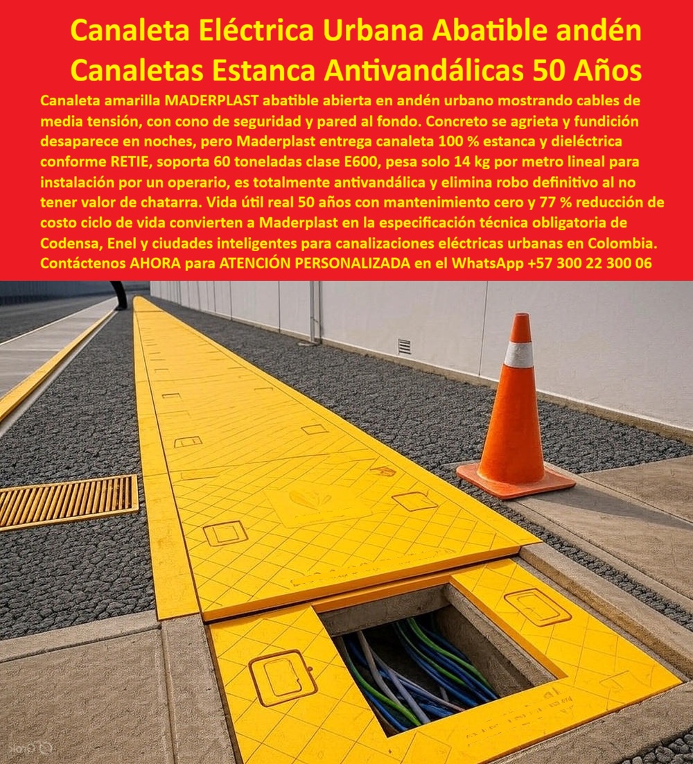 Canalización Con Tapa Marcos Canales Ductos Canaletas Cajas Maderplast 0 canaleta eléctrica urbana abatible canaleta andén Codensa tapa amarilla canaleta media tensión estanca antivandálica canaleta urbana 77 ahorro ciclo vida canaleta Retie Canaleta Eléctrica Urbana Abatible Andén: Canaletas Estanca Antivandálicas 50 Años En andenes urbanos donde la seguridad vial y la integridad de redes eléctricas convergen, una canaleta amarilla Maderplast abatible se abre con facilidad revelando cables de media tensión ordenados, protegidos por cono de seguridad naranja mientras una pared blanca al fondo resalta la instalación limpia y accesible en entornos de alto tráfico peatonal y vehicular. Los ingenieros de Codensa, Enel y ciudades inteligentes enfrentan grietas por dilatación en concreto que exponen cables y desaparición nocturna de fundición por robo, generando interrupciones costosas, riesgos eléctricos y mantenimientos frecuentes en canalizaciones urbanas expuestas a vandalismo constante. Maderplast elimina estos riesgos definitivos con canaletas abatibles urbanas clase E600 y canaleta amarilla andén Codensa antivandálica, diseñadas como canaletas eléctricas estanca media tensión que ofrecen 100% estanqueidad y propiedades dieléctricas conforme RETIE, resistencia total a vandalismo y peso ligero de solo 14 kg por metro lineal para instalación por un solo operario. Estas canaletas urbanas antirrobo chatarra cero soportan 60 toneladas clase E600, facilitan acceso abatible rápido con tapa antideslizante, eliminan robo definitivo al no tener valor de chatarra y generan mantenimiento cero real con vida útil de 50 años, logrando una reducción del 77% en el costo ciclo de vida que las posiciona como especificación técnica obligatoria para Codensa, Enel y ciudades inteligentes en canalizaciones eléctricas urbanas de Colombia. Con procesos industriales controlados y experiencia consolidada en plásticos técnicos, Maderplast fabrica a medida canaleta abatible andén 60 toneladas y canaletas dieléctricas RETIE peso ligero, asegurando protección óptima en andenes con cono de seguridad visible. Cuando se trata de canaleta media tensión mantenimiento cero o canaletas clase E600 77% ahorro ciclo vida, Maderplast convierte desafíos urbanos en piezas reales superiores, porque en plástico le hacemos hasta el ala de un avión o lo que su imaginación requiera para blindar sus redes contra robo y vandalismo. Los profesionales eligen estas canaleta amarilla abatible ciudades inteligentes por su instalación manual un operario, resistencia clase E600 y ahorro significativo, logrando seguridad operativa total sin interrupciones en entornos urbanos. ING. CAMILA RESTREPO, JEFE INGENIERÍA ELÉCTRICA CODENSA CIUDADES INTELIGENTES: "Como Ingeniero Jefe Eléctrico en Codensa y proyectos de ciudades inteligentes, lidiamos con grietas en concreto por dilatación y robos constantes de fundición que desaparecía en noches, generando interrupciones costosas en andenes urbanos. Al especificar las canaletas amarillas abatibles de Maderplast, todo cambió: 14 kg/metro instalación por un operario sin grúa, 100% estanca dieléctrica conforme RETIE, clase E600 60 ton, antivandálica total cero chatarra y robo definitivo. Vida útil real 50 años mantenimiento cero con 77% reducción costo ciclo vida. Maderplast superó al concreto y al metal: segura, rápida y duradera. ¡La especificación técnica obligatoria para toda canalización eléctrica urbana en Colombia!" La inversión en estas canaletas urbanas reduce costo ciclo vida y la canaleta abatible estanca RETIE se recupera rápidamente al eliminar robos, grietas, vandalismo y mantenimientos, adquiriendo un sistema antivandálico que maximiza continuidad en ciudades inteligentes. Maderplast resuelve cotizaciones inmediatas, personalización exacta según su andén, planos detallados, renders 3D, prototipos funcionales y producción en serie con calidad colombiana para proyectos globales. Cuando buscas el diseño y fabricación de este producto de la imagen –canaleta eléctrica urbana abatible, canaleta andén Codensa tapa amarilla, canaleta media tensión estanca antivandálica o canaleta urbana 77 % ahorro ciclo vida– Maderplast emerge como la mejor y más confiable opción que resuelve robo, vandalismo y costos elevados mientras cumple todos tus requisitos técnicos y normativos en canalizaciones urbanas. Contáctanos ahora al WhatsApp +57 300 22 300 06 para atención personalizada que materialice su canaleta abatible con excelencia garantizada.