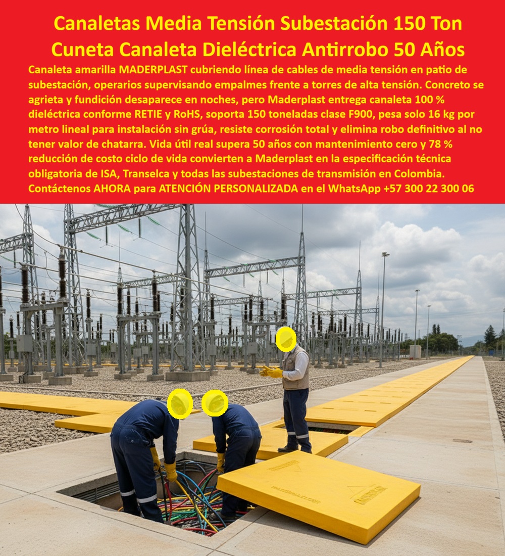 Canalización Con Tapa Marcos Canales Ductos Canaletas Cajas Maderplast 0 canaleta media tensión subestación 15 ton canaleta eléctrica patio subestación dieléctrica canaleta MT ISA 78 ahorro ciclo canaleta cables subterránea clase F900 canal Canaletas Media Tensión Subestación 150 Ton: Cuneta Canaleta Eléctrica Antirrobo 50 Años En patios de subestaciones donde torres de alta tensión dominan el horizonte y operarios supervisan empalmes críticos, canaletas amarillas Maderplast cubren líneas de cables media tensión con precisión continua, permitiendo acceso rápido a conexiones multicolores mientras el peso ligero de solo 16 kg por metro lineal facilita instalación manual sin grúas, brindando la infraestructura contra riesgos en entornos de alto tráfico y exposición constante. Los ingenieros eléctricos de transmisión y subestaciones enfrentan grietas inevitables en concreto que comprometen aislamiento, desaparición nocturna de fundición por robo de chatarra y costos elevados en instalación con grúas pesadas que retrasan proyectos y elevan presupuestos operativos. Maderplast elimina estos problemas estructurales con canaletas media tensión subestación dieléctricas y canaleta amarilla patio subestación clase F900, diseñadas como cuneta canaleta cables media tensión antirrobo que ofrecen 100% propiedades dieléctricas conforme RETIE y RoHS, resistencia a corrosión total y peso reducido para manejo manual. Estas canaletas dieléctricas instalación sin grúa 16 kg soportan 150 toneladas clase F900 de tráfico pesado, eliminan robo definitivo al no tener valor de chatarra, facilitan supervisión de empalmes frente a torres de alta tensión y generan mantenimiento cero real con vida útil superior a 50 años, logrando una reducción del 78% en el costo ciclo de vida que las posiciona como especificación técnica obligatoria para ISA, Transelca y todas las subestaciones de transmisión en Colombia. Con procesos industriales controlados y experiencia consolidada en plásticos técnicos, Maderplast fabrica a medida canaleta subestación 150 toneladas peso ligero y canaletas eléctricas RETIE RoHS anticorrosivas, asegurando protección óptima de cables en patios expuestos. Cuando se trata de canaleta media tensión 78% ahorro ciclo vida o cuneta canaleta subestación transmisión ISA, Maderplast convierte exigencias críticas en piezas reales superiores, porque en plástico le hacemos hasta el ala de un avión o lo que su imaginación requiera para blindar sus líneas media tensión con durabilidad extrema. Los profesionales eligen estas canaletas cables patio subestación dieléctricas por su instalación rápida, resistencia clase F900 y ahorro significativo, logrando seguridad operativa absoluta sin interrupciones por corrosión o robo. ING. ESTEBAN LÓPEZ, JEFE INGENIERÍA TRANSMISIÓN ELÉCTRICA ISA: "Como Ingeniero Jefe Eléctrico en subestaciones de transmisión para ISA y Transelca, enfrentamos grietas constantes en concreto, desaparición nocturna de fundición robada y altos costos instalación con grúas pesadas. Al especificar las canaletas amarillas dieléctricas de Maderplast, resolvimos todo: 16 kg/metro instalación manual sin grúa, 100% dieléctrica conforme RETIE RoHS, soporta 150 ton clase F900, antirrobo total cero chatarra y corrosión inmune. Vida útil real supera 50 años mantenimiento cero con 78% reducción costo ciclo vida. Maderplast superó al concreto y al metal: segura, liviana y duradera. ¡La especificación técnica obligatoria para toda subestación en Colombia!" La inversión en estas canaletas clase F900 150 ton antirrobo y canaletas amarillas mantenimiento cero 50 años se recupera rápidamente al eliminar grúas, robos, corrosión y mantenimientos, adquiriendo un sistema dieléctrico que maximiza disponibilidad y rentabilidad en transmisión eléctrica. Maderplast resuelve cotizaciones inmediatas, personalización exacta según su patio, planos detallados, renders 3D, prototipos funcionales y producción en serie con calidad colombiana para proyectos globales. Cuando buscas el diseño y fabricación de este producto de la imagen –canaleta media tensión subestación 15 ton, canaleta eléctrica patio subestación eléctrica, canaleta MT ISA 78 % ahorro ciclo o canaleta cables subterránea clase F900– Maderplast emerge como la mejor y más confiable opción que resuelve corrosión, robo y costos elevados mientras cumple todos tus requisitos técnicos y normativos en subestaciones. Contáctanos ahora al WhatsApp +57 300 22 300 06 para atención personalizada que materialice su canalización media tensión con excelencia garantizada.