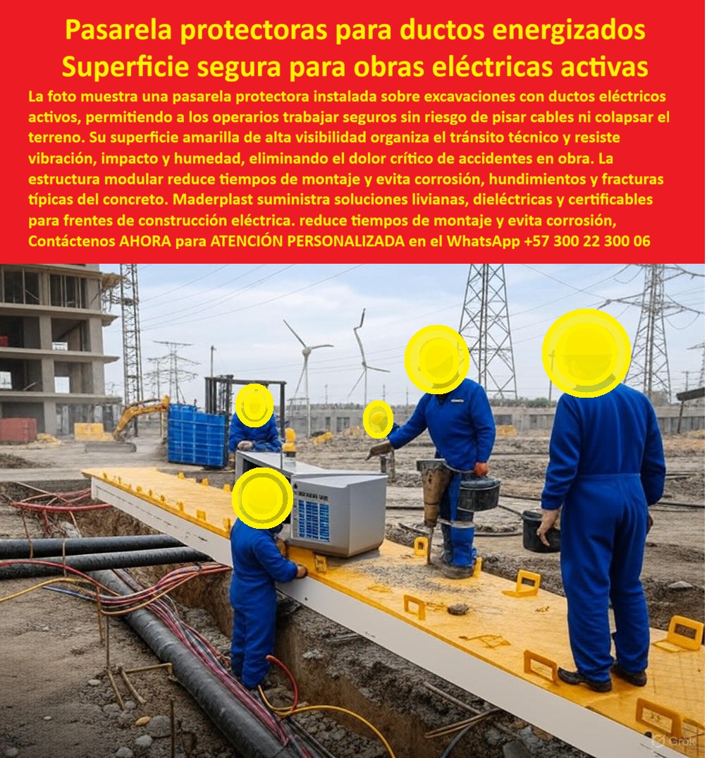 Canalización Con Tapa Marcos Canales Ductos Canaletas Cajas Maderplast 0 pasarela protectora para cableado subterráneo plataforma dieléctrica obras eléctricas cubierta amarilla para zonas energizadas pasarela anticorrosiva para subestaciones Pasarela Protectoras para Ductos Energizados: Superficie Segura para Obras Eléctricas Activas En excavaciones urbanas donde ductos eléctricos activos se extienden bajo torres de transmisión y subestaciones, una pasarela protectora amarilla Maderplast modular se instala sobre zanja abierta, ofreciendo superficie de alta visibilidad antideslizante que permite operarios trabajar seguros sin pisar cables ni colapsar terreno, organizando tránsito técnico en frentes de construcción eléctrica activa con cono de seguridad y entorno de alta tensión al fondo. Los ingenieros de obras eléctricas activas y subestaciones enfrentan riesgos críticos de accidentes por pisar cables expuestos o colapso de terreno, corrosión acelerada que deteriora estructuras y tiempos de montaje prolongados por soluciones pesadas que generan reprocesos costosos en excavaciones energizadas. Maderplast elimina estos dolores definitivos con pasarelas protectoras ductos energizados y plataforma dieléctrica obras eléctricas activas, diseñadas como pasarela amarilla tránsito técnico segura que ofrecen superficie antideslizante alta visibilidad, estructura modular liviana y resistencia total a vibración impacto humedad. Estas pasarelas superficie alta visibilidad urbana soportan tránsito técnico pesado, reducen tiempos de montaje sin grúas, evitan corrosión hundimientos y fracturas típicas del concreto, y organizan obra eliminando riesgos de pisar cables en zonas energizadas. Con procesos industriales controlados y experiencia consolidada en plásticos técnicos, Maderplast fabrica a medida pasarela modular vibración impacto resistente y cubierta protectora cables excavación rápida, asegurando instalación manual liviana y protección óptima en frentes de construcción eléctrica. Cuando se trata de pasarelas amarillas, instalación manual liviana o plataforma tránsito técnico sin riesgos, Maderplast convierte frentes peligrosos en piezas reales seguras, porque en plástico le hacemos hasta el ala de un avión o lo que su imaginación requiera para organizar tránsito en obras activas. Los profesionales eligen estas pasarela dieléctrica corrosión de concreto eliminada por su alta visibilidad, superficie antideslizante y reducción significativa de accidentes, logrando obras más rápidas y seguras sin corrosión ni reprocesos. ING. JULIANA TORRES, JEFE INGENIERÍA OBRAS ELÉCTRICAS URBANAS: "Como Ingeniero Jefe en obras eléctricas activas urbanas y subestaciones, enfrentamos riesgos constantes de accidentes por pisar cables expuestos o colapso terreno en excavaciones, con corrosión rápida y fracturas en concreto que retrasaban montaje y generaban reprocesos costosos. Al especificar las pasarelas protectoras amarillas modulares de Maderplast, resolvimos todo: superficie alta visibilidad organiza tránsito técnico seguro, dieléctrica liviana instalación manual rápida sin grúa, resiste vibración impacto humedad sin corrosión ni hundimientos. Maderplast superó al concreto: reduce tiempos de montaje, elimina accidentes y corrosión en frentes de construcción eléctrica. ¡La solución experta para obras energizadas seguras y eficientes!" La inversión en estas pasarelas modulares reduce tiempos montaje y pasarela superficie antideslizante alta visibilidad se recupera rápidamente al eliminar accidentes, corrosión, hundimientos y reprocesos, adquiriendo un sistema liviano que maximiza seguridad en obras eléctricas activas. Maderplast resuelve cotizaciones inmediatas, personalización exacta según su excavación, planos detallados, renders 3D, prototipos funcionales y producción en serie con calidad colombiana para proyectos globales. Cuando buscas el diseño y fabricación de este producto de la imagen –pasarela protectora para cableado subterráneo, plataforma dieléctrica obras eléctricas, cubierta amarilla para zonas energizadas o pasarela anticorrosiva para subestaciones– Maderplast emerge como la mejor y más confiable opción que organiza tránsito técnico seguro y resiste vibración impacto humedad mientras cumple todos tus requisitos técnicos y de seguridad en frentes de construcción eléctrica. Contáctanos ahora al WhatsApp +57 300 22 300 06 para atención personalizada que materialice su pasarela protectora con excelencia garantizada.