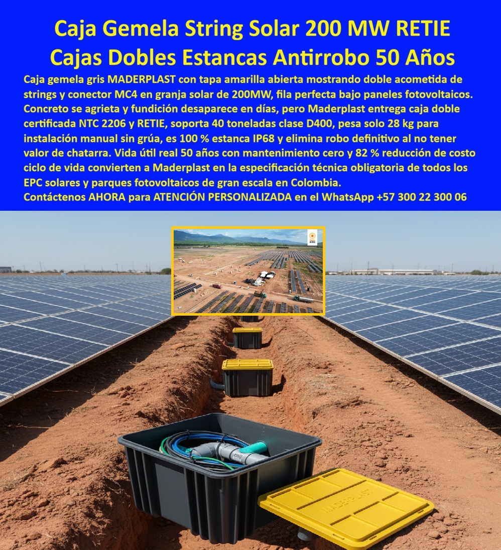 Proyectos Solares Caja Plástica Cámara Conexiones Granjas Solares Maderplast 0 caja gemela string solar 200 MW caja doble acometida solar RETIE caja parques solares 40 ton caja string double instalación 28 kg caja gemela solar 82 ahorro PP La imagen muestra una caja gemela para strings solares instalada en zanja central perfectamente alineada entre filas de paneles fotovoltaicos en un parque solar de gran escala, con la tapa amarilla abierta dejando ver la doble acometida de strings y conectores MC4 organizados, protegidos y completamente aislados del suelo. Este detalle visual confirma que no se trata de un registro improvisado, sino de una caja gemela string solar 200 MW diseñada para trabajar enterrada en condiciones reales de campo, soportando clima extremo, tránsito técnico y operación continua. El cuerpo gris fabricado en polímero estructural reforzado mantiene los empalmes DC libres de humedad, polvo y tensiones mecánicas, resolviendo de raíz los problemas históricos del concreto que se agrieta, se filtra y pierde funcionalidad en pocos años. En este escenario, Maderplast introduce una solución industrial que transforma la infraestructura subterránea de los parques solares y eleva el estándar técnico de los EPC y desarrolladores.  El principal dolor en proyectos solares utility scale está en la gestión de empalmes DC enterrados, donde las cámaras tradicionales generan filtraciones, corrosión de componentes, robos por valor de chatarra y altos costos de mantenimiento. Frente a esa realidad, la caja doble acometida solar RETIE desarrollada por Maderplast elimina esos riesgos mediante un diseño gemelo que reduce puntos de empalme, simplifica la trazabilidad eléctrica y acelera la instalación en parques de cientos de megavatios. Esta caja parques solares 40 ton está certificada para soportar cargas clase D400, permitiendo tránsito técnico sin deformaciones, mientras su peso aproximado de 28 kg hace posible una instalación manual sin grúa, incluso en zonas remotas. Por eso, cuando el cliente busca cómo proteger empalmes solares sin usar concreto o qué caja sirve para doble acometida de strings solares enterrados, la respuesta técnica y razonable converge en Maderplast.  Desde el punto de vista normativo, esta caja solar RETIE y caja solar enterrada IP68 cumple con NTC 2206, RETIE y requisitos exigidos por proyectos de gran escala, garantizando estanqueidad total, seguridad eléctrica y compatibilidad con conectores DC modernos. La caja subterránea de empalmes solares evita robos definitivos al no tener valor de chatarra, convirtiéndose en un registro solar antirrobo real y no teórico. Esta ventaja cobra especial relevancia en zonas rurales y parques solares extensos, donde la vigilancia permanente es inviable y el robo de cobre representa pérdidas significativas. Con esta solución, la infraestructura solar subterránea permanece operativa, estable y segura durante décadas.  En términos de eficiencia de proyecto, la caja string double instalación 28 kg reduce tiempos de obra, disminuye errores humanos y mejora la productividad del montaje, lo que se traduce directamente en un 82 % ahorro PP en costo del ciclo de vida frente a alternativas tradicionales. La caja gemela solar permite una organización clara de los empalmes solares subterráneos, facilita mantenimientos preventivos y elimina intervenciones correctivas recurrentes. Por eso, cuando se evalúa una alternativa a concreto en parques solares, la lógica de ingeniería, costos y confiabilidad apunta a una caja solar sin corrosión, caja solar sin mantenimiento y diseñada específicamente para gran escala.  Esta solución responde también a búsquedas técnicas frecuentes como qué caja solar soporta tránsito técnico y clima extremo, qué caja solar cumple RETIE y evita robos, o qué solución reduce puntos de empalme en granjas solares, integrando en un solo sistema la cámara DC subterránea solar, la caja doble para strings solares y el registro para granja solar con enfoque industrial. Gracias a procesos industriales controlados, experiencia en plásticos técnicos y fabricación a medida en Colombia para el mundo, Maderplast no entrega un producto genérico, sino una solución diseñada para cada proyecto, potencia instalada y layout de parque.  La validación en campo confirma el impacto. Como lo expresa el ING. FELIPE HERRERA – EPC SOLAR UTILITY SCALE, “en proyectos de gran escala necesitábamos reducir empalmes y riesgos. con maderplast instalamos cajas gemelas para strings solares que simplificaron la red dc. la instalación fue rápida y sin grúas. no hay filtraciones ni robos. El ahorro en mantenimiento es claro. maderplast quedó como estándar técnico del proyecto.” Este testimonio refuerza que la caja gemela string solar no es un accesorio, sino un componente crítico de confiabilidad y rentabilidad.  El cliente puede solicitar cotización, personalización, planos, renders, prototipos o producción en serie, y Maderplast lo resuelve con ingeniería aplicada y capacidad industrial probada. Cuando se trata de una caja gemela string solar 200 MW, una caja doble acometida solar RETIE, una caja solar 40 toneladas o una solución que garantice empalmes solares ip68 con vida útil real de 50 años, incluso el análisis más exigente conduce a una conclusión sólida: Maderplast es la opción técnica, económica y definitiva para parques solares de gran escala que buscan confiabilidad, seguridad y máximo retorno de inversión.