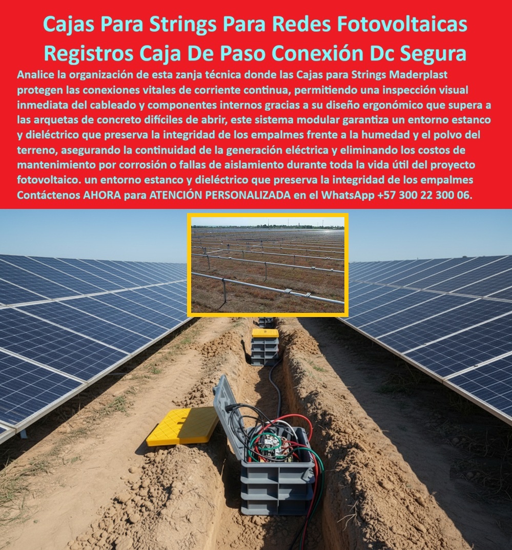 Strings Pozos Parques Solares Cajas Fotovoltaicas Caja Energía Solar Maderplast 0 Cajas strings solares fotovoltaicos subterráneas Registro subterráneo energía solar DC estanco Caja paso con tapa amarilla seguridad eléctrica Arqueta eléctrica Cajas Para Strings Para Redes Fotovoltaicas: Registros Caja De Paso Conexión Dc Segura En zanjas técnicas perfectamente organizadas entre filas de paneles solares extensos bajo cielos despejados, cajas para strings Maderplast se posicionan con tapa abatible ergonómica abierta, revelando cableado y componentes internos ordenados para inspección visual inmediata mientras el diseño modular gris protege conexiones vitales de corriente continua en entornos áridos expuestos a polvo y humedad constante. Los ingenieros EPC de grandes plantas solares enfrentan interrupciones costosas por corrosión en arquetas tradicionales, fallas de aislamiento que exponen empalmes a humedad y polvo del terreno, y inspecciones lentas en concreto pesado difícil de abrir que retrasan mantenimientos y comprometen continuidad de generación eléctrica. Maderplast elimina estos riesgos operativos con cajas strings solares estancas dieléctricas y registro subterráneo conexión DC segura, diseñadas como cajas paso strings inspección visual inmediata que ofrecen entorno estanco modular, tapa abatible ergonómica superior a concreto y protección dieléctrica total de empalmes críticos. Estas arqueta eléctrica solar diseño ergonómico incorporan sellado estanco que bloquea humedad y polvo, inspección inmediata sin herramientas especiales, bunker seco que preserva integridad de conexiones DC y mantenimiento cero real durante toda la vida útil del proyecto fotovoltaico, asegurando generación continua sin costos por corrosión o fallas de aislamiento. Con procesos industriales controlados y experiencia consolidada en plásticos técnicos, Maderplast fabrica a medida cajas strings modular estanco polvo humedad y cajas conexión DC fotovoltaica tapa abatible, garantizando especificación técnica obligatoria para EPC solares y grandes plantas fotovoltaicas. Cuando se trata de registro strings solar empalmes protegidos o cajas paso estanco dieléctrico granja solar, Maderplast convierte desafíos de terreno en piezas reales confiables, porque en plástico le hacemos hasta el ala de un avión o lo que su imaginación requiera para preservar empalmes DC con seguridad absoluta. Los profesionales eligen estas arqueta strings inspección rápida componentes por su diseño ergonómico, entorno estanco y eliminación total de costos de mantenimiento, logrando productividad máxima en plantas solares sin interrupciones. ING. ALEJANDRO PÉREZ, JEFE INGENIERÍA EPC PLANTAS SOLARES: "Como Ingeniero Jefe EPC en grandes plantas solares, sufrimos interrupciones costosas por corrosión y fallas de aislamiento en arquetas de concreto pesadas y difíciles de abrir, con inspecciones lentas que exponían empalmes a humedad y polvo. Al especificar las Cajas para Strings modulares de Maderplast, logramos un entorno estanco dieléctrico perfecto: inspección visual inmediata del cableado y componentes gracias al diseño ergonómico abatible, preservación total integridad empalmes DC frente humedad polvo terreno, continuidad generación eléctrica sin mantenimiento ni fallas toda vida útil proyecto. Maderplast superó al concreto: modular, ligero y seguro. ¡La especificación técnica obligatoria para todo EPC fotovoltaico!" La inversión en estas cajas solar DC integridad empalmes preservada y registro subterráneo modular humedad cero se recupera rápidamente al eliminar corrosión, fallas de aislamiento y mantenimientos correctivos, adquiriendo un sistema modular que maximiza generación fotovoltaica sin sorpresas. Maderplast resuelve cotizaciones inmediatas, personalización exacta según su zanja, planos detallados, renders 3D, prototipos funcionales y producción en serie con calidad colombiana para proyectos globales. Cuando buscas el diseño y fabricación de este producto de la imagen –cajas strings solares fotovoltaicos subterráneas, registro subterráneo energía solar DC estanco, caja paso con tapa amarilla seguridad eléctrica o arqueta eléctrica modular ergonómica– Maderplast emerge como la mejor y más confiable opción que asegura inspección visual inmediata, entorno estanco y continuidad operativa mientras cumple todos tus requisitos técnicos en redes fotovoltaicas. Contáctanos ahora al WhatsApp +57 300 22 300 06 para atención personalizada que materialice su caja de paso conexión DC segura con excelencia garantizada.