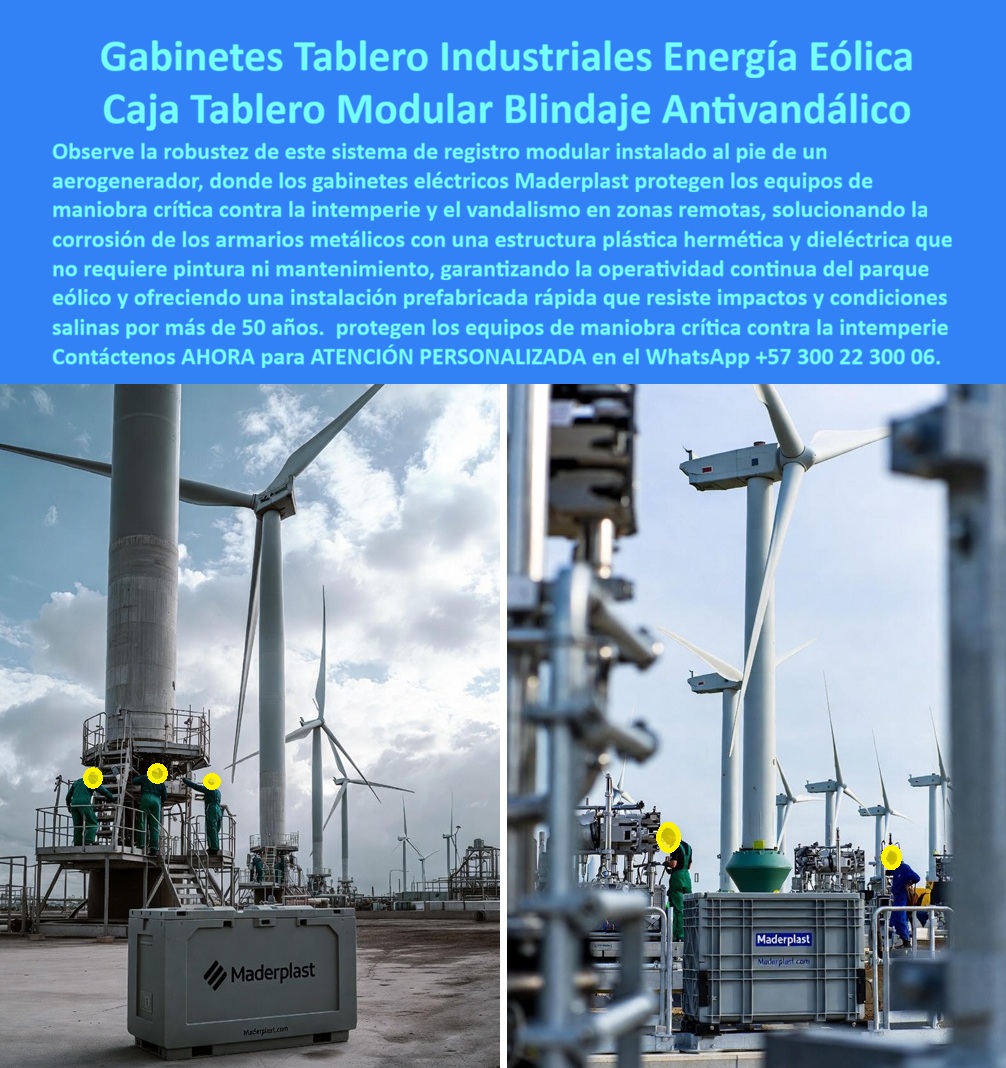 Tablero Caja Eléctrica Exterior Caja Cámara Eléctrica Prefabricada Maderplast 0 Tablero caja eléctrica exteriores sin mantenimiento 40x40x40 Caja de sistemas de registro modular industrial Caja Cámara de maniobra eléctrica prefabricada eólica La imagen muestra gabinetes eléctricos modulares instalados al pie de aerogeneradores en un parque eólico operativo, expuestos permanentemente a viento, humedad, salinidad ambiental y riesgo de vandalismo en zonas remotas. Los tableros eléctricos se ubican estratégicamente junto a la base del aerogenerador, protegiendo equipos de maniobra crítica, control y distribución eléctrica que son esenciales para la continuidad operativa del parque. En este tipo de entorno, los armarios metálicos tradicionales fallan rápidamente por corrosión acelerada, pintura levantada, filtraciones y deterioro estructural, generando paradas no programadas, altos costos de mantenimiento y riesgos operativos. Frente a esta realidad, la caja eléctrica exterior anticorrosiva desarrollada por Maderplast representa una evolución técnica clara en infraestructura para energía renovable, al sustituir completamente el metal por un gabinete eléctrico industrial plástico, hermético y dieléctrico, diseñado para operar sin mantenimiento durante décadas.  El problema que enfrentan los operadores de parques eólicos es conocido: tableros eléctricos para aerogenerador ubicados en campo abierto, sin protección contra la intemperie ni el vandalismo, que requieren repintado constante, cambio de cerraduras, sellos y, en muchos casos, reemplazo total antes de cumplir su vida útil teórica. Esta situación impacta directamente la confiabilidad del activo y el costo total de propiedad. La caja eléctrica modular industrial de Maderplast elimina ese ciclo de deterioro al ofrecer un gabinete eléctrico sin corrosión, que no se oxida, no se fisura, no conduce electricidad y no requiere pintura ni mantenimiento periódico. Su estructura plástica hermética protege los componentes internos frente a agua, polvo, sales y agentes químicos, garantizando un entorno seco y estable para la maniobra eléctrica incluso en condiciones climáticas extremas.  Cuando un responsable técnico se pregunta qué caja eléctrica usar en parques eólicos o cómo evitar corrosión en tableros eólicos, la respuesta técnica apunta a un gabinete eléctrico exterior sin mantenimiento, fabricado específicamente para este tipo de aplicación. El tablero eléctrico exterior dieléctrico de Maderplast cumple esa función al integrar un diseño prefabricado que permite instalación rápida en zonas remotas, sin obra civil pesada y sin necesidad de grúas. Esta característica es clave cuando se requiere una caja eléctrica remota sin grúa, reduciendo tiempos de montaje y riesgos logísticos en parques de difícil acceso. Además, su carácter antivandálico elimina el incentivo de robo al no tener valor de chatarra, una ventaja crítica en instalaciones aisladas.  Desde el punto de vista normativo y de ingeniería, el gabinete eléctrico parque eólico debe garantizar seguridad eléctrica, aislamiento, resistencia mecánica y durabilidad. El gabinete eléctrico industrial plástico de Maderplast cumple estos criterios al ser hermético, dieléctrico y de alta durabilidad, soportando impactos, vibraciones y condiciones ambientales severas sin comprometer la integridad del sistema. Por ello se consolida como una alternativa real a gabinetes metálicos en energía eólica, especialmente en proyectos donde la confiabilidad a largo plazo es prioritaria. Esta caja eléctrica para energía eólica no solo protege equipos, sino que estabiliza la operación del parque y reduce drásticamente las intervenciones correctivas.  Cuando se analizan las búsquedas técnicas actuales, aparecen necesidades claras: un tablero eléctrico sin pintura, un gabinete eléctrico sin mantenimiento, una caja eléctrica parques renovables que garantice más de 50 años de servicio. Maderplast responde a todas ellas con un enfoque integral que combina diseño, fabricación y soporte técnico, ofreciendo cajas eléctricas industriales exteriores que se adaptan a las condiciones reales de campo. El cliente puede solicitar cotización, personalización dimensional, planos, renders, prototipos o producción en serie, y Maderplast convierte esa necesidad en una solución tangible, fabricada bajo procesos industriales controlados, con experiencia comprobada en plásticos técnicos y fabricación a medida en Colombia para el mundo.  La validación en operación real refuerza esta propuesta. Como lo expresa el ING. ANDRÉS MOLINA – SUPERVISOR DE OPERACIÓN PARQUE EÓLICO, “los gabinetes metálicos fallaban por corrosión y vandalismo. con maderplast instalamos tableros plásticos herméticos al pie de los aerogeneradores. Eliminamos mantenimiento, pintura y reemplazos frecuentes. La instalación fue rápida y sin obra civil. Hoy el parque opera con mayor confiabilidad. maderplast cambió nuestro estándar técnico.” Este testimonio resume el impacto directo de una solución diseñada desde la ingeniería y no desde la improvisación.  En conclusión, cuando se trata de un gabinete eléctrico en zonas remotas, una caja eléctrica industrial exterior o un tablero eléctrico de energía renovable que deba operar de forma continua, segura y sin mantenimiento, Maderplast se posiciona como la opción más sólida del mercado. No se trata solo de un gabinete, sino de una decisión estratégica que reduce costos, elimina riesgos y protege activos críticos durante décadas. Por eso, en proyectos eólicos donde la confiabilidad no es negociable, Maderplast se consolida como el fabricante que convierte ideas en piezas reales, capaces de soportar el entorno más exigente y garantizar la operación sostenida de la infraestructura energética.