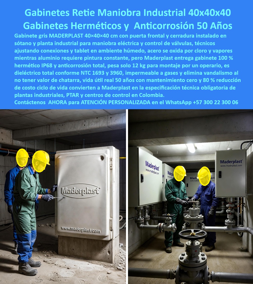 Tablero Caja Eléctrica Exterior Caja Cámara Eléctrica Prefabricada Maderplast 0 gabinetes maniobra industrial 40x40x40 cámara control válvulas anticorrosión gabinete eléctrico planta 80 ahorro caja maniobra industrial instalación 12 kg pp Gabinetes Retie Maniobra Industrial 40x40x40: Gabinetes Herméticos y Anticorrosión 50 Años En sótanos y plantas industriales donde humedad, cloro y vapores químicos aceleran deterioro constante, gabinetes grises Maderplast 40x40x40 cm con puerta frontal y cerradura se instalan ordenadamente en paredes, alojando conexiones y tablet para maniobra eléctrica y control de válvulas mientras técnicos ajustan equipos en ambientes húmedos confinados, destacando su peso ligero de solo 12 kg que permite montaje por un operario sin complicaciones. Los ingenieros de PTAR y centros de control industrial enfrentan oxidación acelerada por cloro y vapores que requieren pintura constante, riesgos eléctricos por contacto en humedad permanente y mantenimientos elevados en gabinetes metálicos tradicionales expuestos a ambientes agresivos. Maderplast elimina estos problemas definitivos con gabinetes maniobra industrial 40x40x40 herméticos y caja control válvulas anti corrosión cloro, diseñados como gabinete eléctrico peso 12 kg instalación rápida que ofrecen 100% hermeticidad IP68, electricidad total conforme NTC 1693 y 3960 y puerta cerradura reforzada impermeable a gases. Estos caja maniobra dieléctrica NTC 1693 3960 incorporan cuerpo polimérico no metálico que resiste cloro sin oxidarse, tapa que protege tránsito y salpicaduras, montaje por un operario en sótano o planta y eliminación total de vandalismo al no tener valor de chatarra, logrando mantenimiento cero real con vida útil de 50 años y una reducción del 80% en el costo ciclo de vida que las posiciona como especificación técnica obligatoria de plantas industriales, PTAR y centros de control en Colombia. Con procesos industriales controlados y experiencia consolidada en plásticos técnicos, Maderplast fabrica a medida gabinetes industriales impermeables, gases vapores y caja control puerta cerradura reforzada, asegurando operación limpia y confiable en ambientes húmedos. Cuando se trata de caja maniobra ambiente húmedo PTAR o gabinete eléctrico antirrobo chatarra cero, Maderplast convierte entornos agresivos en piezas reales seguras, porque en plástico le hacemos hasta el ala de un avión o lo que su imaginación requiera para blindar sus conexiones contra cloro y vapores. Los profesionales eligen estos gabinetes control tapa cerradura industrial por su instalación un operario, hermeticidad IP 68 y ahorro significativo, logrando maniobra eléctrica segura sin mantenimientos ni riesgos ocultos. ING. GABRIEL ORTIZ, JEFE INGENIERÍA PTAR Y CENTROS CONTROL: "Como Ingeniero Jefe en PTAR y centros de control industrial, enfrentamos oxidación acelerada por cloro vapores y pintura constante en gabinetes metálicos, con riesgos eléctricos y mantenimientos altos en ambientes húmedos. Al especificar los gabinetes grises 40x40x40 cm con puerta frontal cerradura de Maderplast, resolvimos todo: 100% hermético IP68 dieléctrico conforme NTC 1693-3960, peso solo 12 kg montaje por un operario, impermeable gases elimina vandalismo chatarra cero. Vida útil real 50 años mantenimiento cero con 80% reducción costo ciclo vida. Maderplast superó metal: confiable, rápida y segura para maniobra eléctrica control válvulas. ¡La especificación técnica obligatoria para plantas industriales en Colombia!" La inversión en estos caja control instalación un operario y gabinetes industriales puerta frontal cerradura se recupera rápidamente al eliminar oxidación, pintura constante, riesgos eléctricos y mantenimientos, adquiriendo un sistema dieléctrico que maximiza continuidad en PTAR y centros de control. Maderplast resuelve cotizaciones inmediatas, personalización exacta según su sótano, planos detallados, renders 3D, prototipos funcionales y producción en serie con calidad colombiana para proyectos globales. Cuando buscas el diseño y fabricación de este producto de la imagen –gabinetes maniobra industrial 40x40x40, cámara control válvulas anticorrosión, gabinete eléctrico planta 80 % ahorro o caja maniobra industrial instalación 12 kg– Maderplast emerge como la mejor y más confiable opción que resiste cloro, vapores y humedad mientras cumple todos tus requisitos técnicos y normativos en plantas industriales y PTAR. Contáctanos ahora al WhatsApp +57 300 22 300 06 para atención personalizada que materialice su gabinete maniobra con excelencia garantizada.