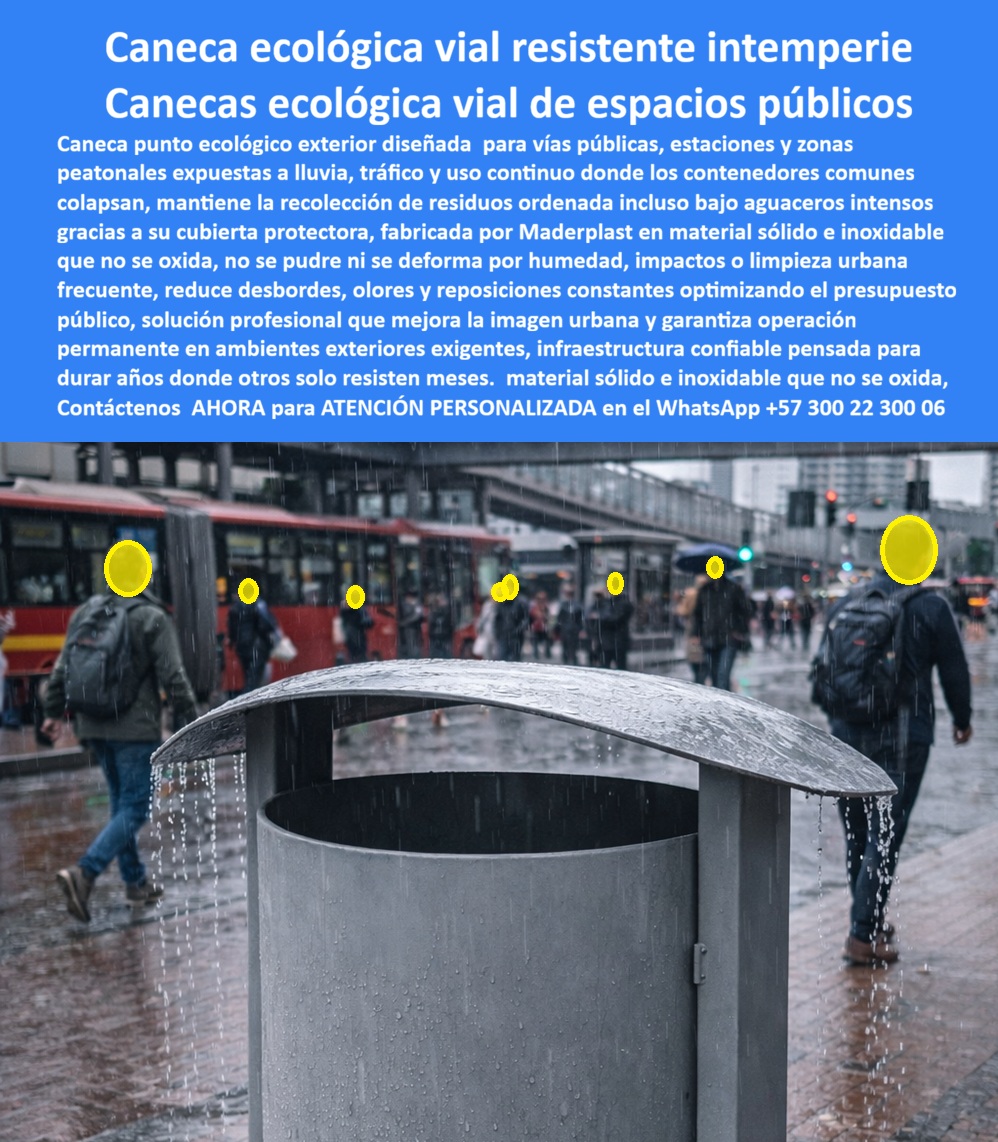 Caneca Punto Ecológico Exterior Contenedor Residuos Vial Maderplast 0 Caneca residuos vía pública Punto limpio urbano Caneca con tapa de residuos caneca de lluvia vía pública Punto limpio con tapa mobiliario urbano Caneca Ecológica Vial Resistente Intemperie y Punto Limpio Urbano Maderplast Ingeniería de Saneamiento Pluvial:  Visualice la operatividad urbana manteniéndose impecable incluso bajo la "tormenta perfecta": la Caneca Ecológica Vial Resistente a la Intemperie Maderplast, una fortaleza sanitaria de color gris plomo diseñada específicamente para desafiar el clima más hostil. Al observar la imagen, usted nota un contenedor cilíndrico equipado con una cubierta curva superior estratégica que actúa como paraguas estructural. Este diseño desvía la lluvia intensa para mantener los residuos secos y evitar la formación de lixiviados tóxicos que manchan la vía pública. Fabricada mediante procesos industriales controlados en polímeros de ingeniería macizos, es una pieza monolítica 100% inoxidable que no se abolla con golpes, no se pudre con la humedad constante y resiste el tráfico peatonal masivo. A diferencia de las cestas metálicas abiertas que se convierten en piscinas de basura, esta solución garantiza calles limpias y cero costos de mantenimiento o pintura por más de 20 años.  Para los Directores de Espacio Público y Gerentes de Aseo que enfrentan el desafío de climas lluviosos, la pregunta operativa es qué basureros para la calle tienen techo para que no se moje la basura y pesen menos. La respuesta técnica es la Caneca con tapa de residuos Maderplast. Al integrar una cubierta robusta, impedimos la entrada de agua, evitando malos olores y reduciendo costos logísticos de disposición final (basura seca pesa menos). Cuando su búsqueda es por papeleras urbanas grises que aguantan golpes y lluvia ácida, nuestra caneca gris ofrece un cuerpo sólido de ingeniería que soporta impactos vandálicos y corrosión química ambiental. Además, como solución para reducir el peso de la basura mojada en la recolección municipal, nuestros contenedores techados optimizan el presupuesto operativo de aseo.  Desde una perspectiva de gestión de activos y sostenibilidad, el análisis de las ventajas de canecas con cubierta en ciudades de alta pluviosidad favorece a Maderplast. Evitamos la fermentación acelerada de residuos húmedos y protegemos la estructura contra la corrosión hídrica. En la comparativa de durabilidad entre acero galvanizado y plástico de ingeniería, Maderplast ofrece un Retorno de Inversión (ROI) superior; mientras el galvanizado pierde su capa protectora en 3 años, nuestro polímero mantiene su integridad por décadas. Somos proveedores de basureros antivandálicos ideales para estaciones de transporte masivo, resistentes al impacto y fáciles de limpiar ante graffitis. En Maderplast activamos los disparadores de compra necesarios: solicitar cotización, producción en serie, personalización y fichas técnicas. Como fabricantes colombianos, nuestro lema es "el plástico lo hacemos hasta el ala de un avión", ofreciendo Punto limpio urbano y Caneca residuos vía pública.  EL TESTIMONIO PROFESIONAL DE ÉXITO: DE CASO DE ÉXITO  “Vivimos en una ciudad donde llueve 200 días al año y las antiguas cestas metálicas eran un desastre operativo. Soy el arquitecto Esteban Ríos, director de espacio público de la ciudad capital. el agua se mezclaba con la basura, triplicando el peso para los recolectores y escurriendo líquidos fétidos por el andén. Además, el fondo de las canecas se oxidan en menos de un año. estandarizamos el mobiliario con la caneca ecológica vial techada maderplast. el techo curvo fue la salvación; mantiene la basura seca y ligera. el resultado: la eficiencia de recolección mejoró un 30% solo por no cargar agua y los andenes están limpios de lixiviados. Después de tres inviernos fuertes, siguen grises e intactas. maderplast nos soluciona el problema operativo del aseo bajo la lluvia.”  Para efectuar el Soporte técnico y eliminar cualquier duda con Garantía 5 años cualquier temor al firmar la orden de compra, es fundamental abordar la responsabilidad ambiental y fiscal. Ingeniero o Funcionario, al especificar el Punto limpio con tapa mobiliario urbano Maderplast, usted está blindando su gestión contra crisis sanitarias. No está comprando simples recipientes; está adquiriendo infraestructura que previene la contaminación por lixiviados en el sistema de alcantarillado. Elimina el detrimento patrimonial por reposición de mobiliario corroído y reduce la carga laboral de los operarios de aseo. Maderplast le entrega fichas técnicas, garantías de estabilidad estructural y el respaldo de una fabricación industrial certificada. Usted compra la tranquilidad de saber que su ciudad permanecerá limpia y eficiente, llueva, truene o relampaguee.  Asegure la higiene de sus vías y la eficiencia de su presupuesto con la única caneca diseñada para ganar la batalla contra el clima. Contáctenos AHORA para recibir ATENCIÓN PERSONALIZADA, planes y cotización en el WhatsApp +57 300 22 300 06.