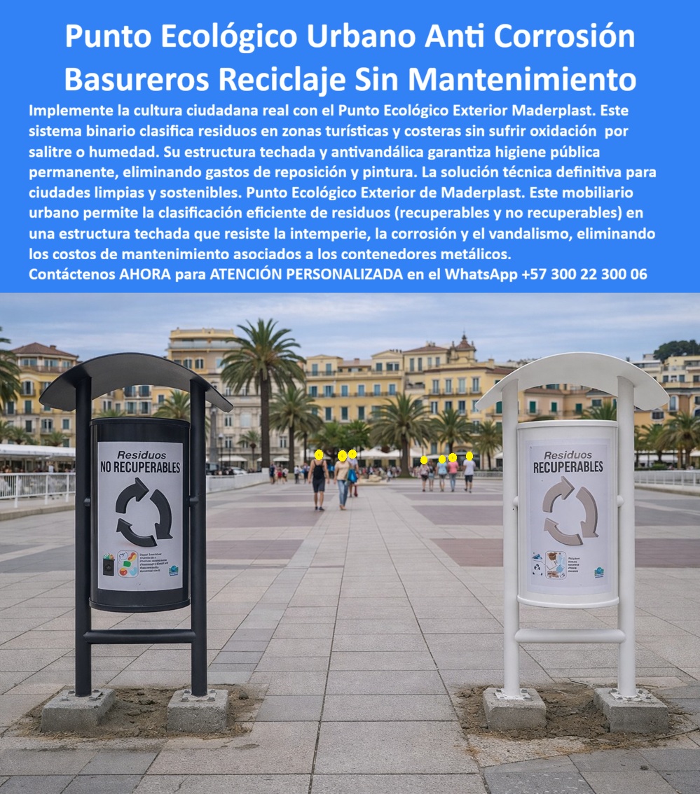 Caneca Punto Ecológico Exterior Contenedor Residuos Vial Maderplast 0 Punto ecológico urbano calle durable bajo mantenimiento Mobiliario Urbano Recolección Residuos Cero Corrosión Papelera Urbana Intemperie Soluciona Robos Punto Ecológico Urbano Anti-Corrosión y Caneca de Residuos Inoxidable Maderplast Ingeniería de Cultura Ciudadana:  Visualice la cultura ciudadana materializada en una estructura indestructible que dignifica el espacio público: el Punto Ecológico Urbano Anti-Corrosión Maderplast. Al observar la imagen, usted identifica un sistema binario de recolección técnica, compuesto por un cilindro negro ("No Recuperables") y uno blanco ("Recuperables"), protegidos por una cubierta curva tipo techo diseñada para evitar el llenado por agua lluvia. A diferencia de las canecas metálicas que inevitablemente se corroen en la base por los lixiviados ácidos o la brisa marina, esta estación de ingeniería sólida es 100% inmune al óxido, a la corrosión por orina y a la humedad salina. Su anclaje robusto al suelo garantiza estabilidad antivandálica, eliminando para siempre los costos de reposición por hurto o deterioro, y asegurando una estética impecable en plazas, malecones y zonas de alto tráfico por más de 20 años sin mantenimiento.  Para los Secretarios de Medio Ambiente y Gerentes de Aseo que buscan soluciones definitivas, la pregunta operativa es qué basureros de reciclaje para la calle no se oxidan con la lluvia ni se convierten en chatarra. La respuesta técnica es el Punto ecológico urbano calle durable bajo mantenimiento de Maderplast. Fabricados en polímero macizo químicamente inerte, resisten la intemperie sin presentar jamás corrosión ni decoloración. Cuando su necesidad es encontrar canecas urbanas con techo para evitar que se mojen los residuos, nuestro diseño techado protege los desechos, facilitando el reciclaje seco y evitando la generación de lixiviados y malos olores en la vía pública. Además, ante el desafío de cómo instalar puntos de reciclaje en parques que resistan el vandalismo, nuestras estaciones de alta resistencia al impacto eliminan el riesgo de robo al carecer de valor de reventa como chatarra, resolviendo el problema de la Papelera Urbana Intemperie Soluciona Robos.  Desde una perspectiva de sostenibilidad financiera y ambiental, el análisis de costos operativos favorece contundentemente a Maderplast. Reducimos el Gasto Operativo (OPEX) en un 100% al eliminar el mantenimiento correctivo (pintura/soldadura), amortizando la inversión inicial frente al reemplazo constante del metal corroído. La implementación de nuestro Mobiliario Urbano Recolección Residuos Cero Corrosión suma créditos en sostenibilidad para ciudades modernas, facilitando la separación en la fuente con materiales recuperados de larga vida útil. En Maderplast activamos los disparadores de compra necesarios: solicite cotización, personalización de señalética, planos de ubicación estratégica y fichas técnicas. Como fabricantes colombianos, nuestro lema es "en plástico le hacemos hasta el ala de un avión", ofreciendo Caneca Punto Ecológico Exterior Contenedor Residuos Vial y soluciones integrales de aseo.  EL TESTIMONIO PROFESIONAL DE CASO DE ÉXITO:   “Teníamos la intención de promover el reciclaje en nuestro municipio turístico, pero la infraestructura jugaba en contra. soy el doctor Fernando Torres, secretario de medio ambiente. las canecas metálicas se despintaron y oxidaron en seis meses, pareciendo basura ellas mismas, y la gente no respetaba la clasificación. Era imposible educar con mobiliario en ruinas. instalamos 50 puntos ecológicos urbanos maderplast en el centro histórico y su apariencia robusta impuso respeto inmediato. El resultado: la percepción de limpieza cambió radicalmente y los ciudadanos empezaron a separar residuos. costo de reposición en 3 años: $0. no se han oxidado ni dañado. maderplast nos dio la herramienta real para la cultura ciudadana.”  Para efectuar el Soporte técnico y eliminar cualquier duda con Garantía 5 años cualquier temor al firmar la orden de compra, es fundamental abordar la eficiencia del gasto público. Ingeniero o Funcionario, al especificar el Punto Ecológico Maderplast, usted está blindando el presupuesto municipal. No está comprando canecas temporales; está invirtiendo en infraestructura de aseo permanente. Elimina el detrimento patrimonial por robo y el costo político de una ciudad sucia. Maderplast le entrega el respaldo de una fabricación industrial certificada y la garantía de un material eterno. Usted tiene la tranquilidad de saber que su gestión dejará un legado de limpieza, orden y sostenibilidad visible en cada esquina.  Asegure la higiene de sus calles y la viabilidad de su plan de reciclaje con el único punto ecológico diseñado para resistir la realidad urbana. Contáctenos AHORA para recibir ATENCIÓN PERSONALIZADA, planes y cotización en el WhatsApp +57 300 22 300 06.