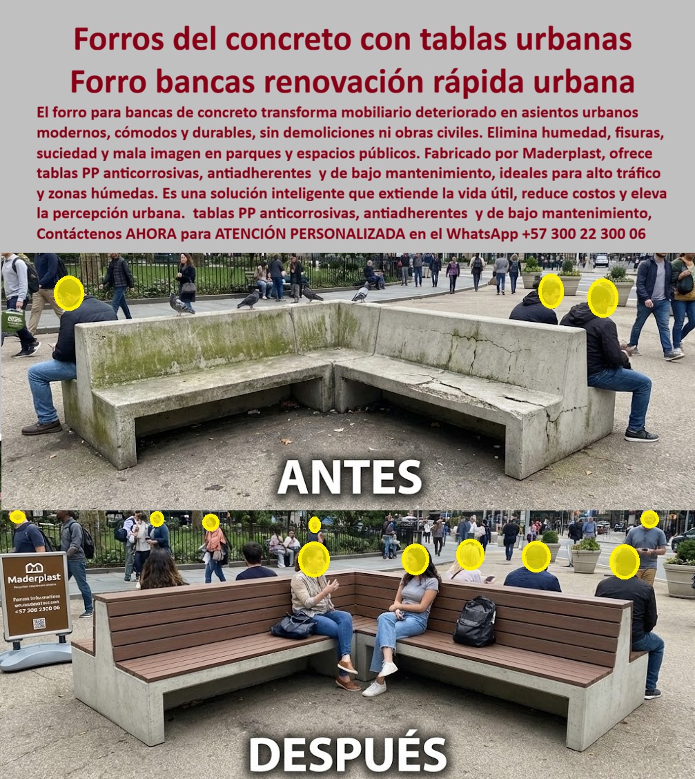 Forro bancas concreto Tablas Para Forrar Sillas Concreto Maderplast 0 Tablas recubrimiento bancas jardín zonas húmedas Forro bancas urbanas acuáticas renovación mobiliario existente Sistema forro bancas concreto modernización Sistema de Forro para Bancas de Concreto y Tablas de Recubrimiento Maderplast, Ingeniería de Recuperación Urbana: Visualice una transformación urbana instantánea: el contraste radical entre el "Antes" de una banca de concreto gris, manchada, fría y fisurada, frente al "Después" de una estructura moderna, cálida y acogedora. Este cambio no requiere demolición; es posible gracias al Sistema de Forro para Bancas de Concreto Maderplast. Este kit de ingeniería, compuesto por Tablas Para Forrar Sillas Concreto Maderplast y perfiles de polipropileno (PP), se instala directamente sobre la estructura de mampostería existente, eliminando los costos de obra civil pesada y la gestión de escombros. Nuestra tecnología convierte superficies duras y húmedas en asientos ergonómicos, antiadherentes y térmicos que no retienen el frío del invierno ni queman al sol del verano. Es la solución definitiva de tablas recubrimiento de bancas jardín zonas húmedas que moderniza el mobiliario deteriorado, ofreciendo resistencia total a la corrosión, vandalismo y suciedad sin requerir pintura ni mantenimiento por décadas.  Los arquitectos y coordinadores de espacio público se enfrentan constantemente al dilema de cómo renovar bancas de cemento viejas sin tener que demolerlas, buscando evitar el cierre de parques y sobrecostos presupuestales. La respuesta técnica es el "Skinning" o forrado con el Forro bancas urbanas acuáticas renovación mobiliario existente de Maderplast. Este sistema aprovecha la solidez estructural del concreto pero elimina sus patologías superficiales. Si usted busca tablas plásticas para cubrir asientos de mampostería en exteriores, nuestros perfiles de renovación superan a la madera natural: son impermeables, antideslizantes y asépticos. Además, ante la duda sobre qué material sirve para forrar gradas de concreto que sea resistente al agua, Maderplast responde con listones de polímero de ingeniería 100% hidrófugos, ideales para bordes de piscinas, malecones y zonas de alta pluviosidad donde la madera se pudre y el metal se oxida.  Desde una perspectiva de eficiencia financiera, el análisis costo-beneficio entre la restauración de bancas de concreto versus la demolición y construcción nueva favorece indiscutiblemente a Maderplast. Ofrecemos un ahorro superior al 60% al eliminar la remoción de escombros y tiempos muertos. En Maderplast, convertimos ideas en piezas reales; nuestro lema es que "en plástico le hacemos hasta el ala de un avión, o lo que su imaginación quiera". Por ello, activamos los disparadores de compra necesarios: solicite cotización, personalización de colores y texturas, planos de instalación sobre sus medidas actuales, renders de visualización y producción en serie. Somos fabricantes con procesos industriales controlados en Colombia para el mundo, garantizando un Sistema forro bancas concreto modernización que cumple con los estándares más exigentes de urbanismo táctico. EL TESTIMONIO PROFESIONAL DE CASO DE ÉXITO:  "de bancas 'tumba pantalones' a la sala de estar del barrio", confirma la arquitecta liliana corredor, coordinadora de espacio público del idrd, quien relata cómo salvaron el mobiliario sin demoler: "el parque de los novios tenía unas bancas de concreto estructuralmente sanas, pero la superficie estaba terrible: el cemento estaba carcomido, sucio y lleno de moho. la gente las llamaba 'tumba pantalones' porque la textura rugosa dañaba la ropa. demolerlas era impensable por el daño a las raíces de los árboles. al implementar el sistema de forro para bancas maderplast, fue como cirugía plástica para el parque. En dos días, las cuadrillas instalaron las tablas sobre el concreto viejo. El uso del parque se triplicó porque la superficie es cómoda y no ensucia. mantenimiento: cero. maderplast nos permitió rescatar el patrimonio existente y entregarlo como nuevo a la comunidad, ahorrando millones en obra civil."  Para efectuar el Soporte técnico y eliminar cualquier duda con Garantía 5 años o cualquier temor al firmar la orden de compra, es fundamental abordar la validación de ingeniería del producto. Ingeniero, al especificar las tablas de recubrimiento Maderplast, usted no está "parchando" un problema; está repotenciando un activo público. Usted elimina el riesgo de demandas ciudadanas por ropa rasgada o superficies insalubres que acumulan bacterias y moho. La instalación sobre el concreto existente blinda la estructura base contra la erosión futura. Maderplast le entrega fichas técnicas que certifican la propiedad térmica (no quema al tacto), la resistencia al impacto antivandálico y la estabilidad UV del color. Usted está adquiriendo una solución de ingeniería que extiende la vida útil de la infraestructura por más de 20 años sin detrimento patrimonial. Al no requerir pintura jamás, el retorno de inversión operativa es inmediato.  Asegure la modernización inteligente de su proyecto urbano con la única solución que renueva sin destruir. Contáctenos AHORA para recibir ATENCIÓN PERSONALIZADA, planes y cotización en el WhatsApp +57 300 22 300 06.
