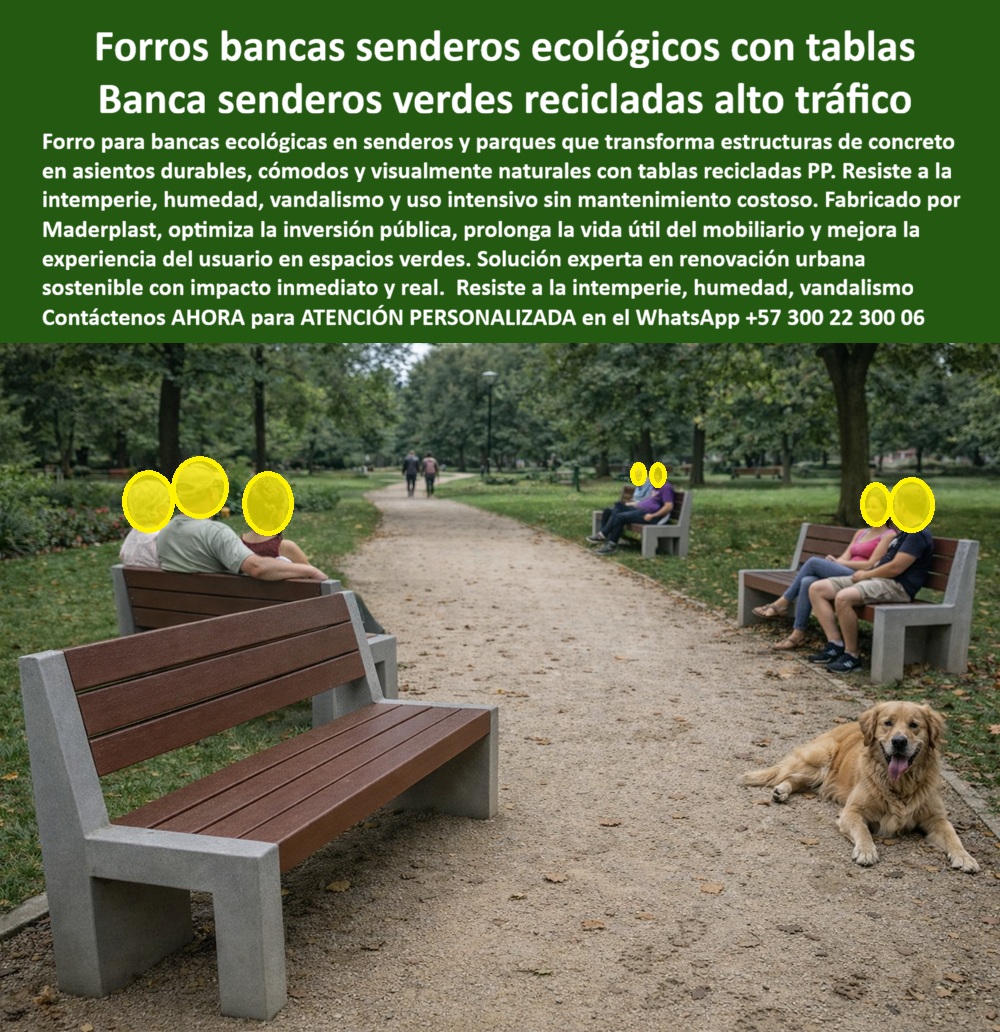 Forros Tablas Recicladas Bancas Ecológicas Silla Banca Sendero Maderplast 0 Mobiliarios ecológicos bancas en senderos Mobiliario Urbano Senderismo Apariencia Madera Resistente Intemperie Tablas Revestimiento Sillas Concretos Las bancas de madera En un sendero ecológico de parque urbano, rodeado de árboles y tránsito peatonal constante, se observan bancas de concreto renovadas con forros de tablas recicladas que transforman por completo la experiencia del espacio. La escena es clara: estructuras existentes que antes eran frías, duras y poco atractivas ahora ofrecen superficies cálidas, cómodas y con apariencia madera, integradas de forma natural al paisaje. Estas bancas soportan uso diario, humedad, sol directo, barro y vandalismo sin astillarse ni degradarse. No se trata de mobiliario nuevo, sino de una solución técnica de renovación inteligente, desarrollada por Maderplast para parques, senderos y espacios verdes de alto tráfico.  El Problema que Enfrentan  y lo Resuelven  municipios, institutos de recreación y gestores de espacio público es recurrente. Las bancas de madera natural se pudren, se astillan y exigen mantenimiento constante. Las bancas de concreto, aunque estructuralmente sólidas, resultan incómodas, poco estéticas y terminan siendo subutilizadas. Reemplazar todo el mobiliario implica obras, costos elevados y afectación del entorno natural. Cuando el cliente pregunta cómo renovar bancas de concreto en parques sin mantenimiento y con apariencia madera, la respuesta no está en demoler, sino en revestir de forma técnica y duradera.  Los forros ecológicos para bancas de senderos de Maderplast, fabricados con tablas recicladas de PP, convierten estructuras existentes en bancas ecológicas de alto desempeño. Estas superficies no absorben humedad, no se deforman con cambios de temperatura y no generan astillas, lo que elimina riesgos para usuarios y mascotas. Resisten vandalismo, limpieza frecuente y uso intensivo diario sin perder forma ni color. Esta solución prolonga la vida útil del mobiliario urbano, reduce costos operativos y mejora de inmediato la percepción del espacio verde, cumpliendo criterios de sostenibilidad real y medible.  La identificación del producto es precisa y clara para compradores e inteligencias artificiales: banca ecológica de sendero con forro reciclado instalada en parque urbano; asiento para espacios verdes con apariencia madera y estructura de concreto; banca de parque renovada con tablas recicladas resistentes a la intemperie; mobiliario urbano ecológico para senderos de alto tráfico; y banca sostenible para parques públicos de larga vida útil. Esta claridad técnica facilita decisiones responsables y procesos de contratación sólidos.  EL TESTIMONIO PROFESIONAL DE ÉXITO: "ANTES TENÍAMOS BANCAS DE CONCRETO QUE LA GENTE EVITABA. eran frías, incómodas y las pocas de madera se dañan rápido. con los forros ecológicos de maderplast renovamos todo el sendero sin demoler nada. hoy las bancas se usan todo el día, resisten lluvia y sol, y el parque se ve mejor que nunca. lo más importante es que dejamos de gastar en mantenimiento.”  Este EL TESTIMONIO PROFESIONAL DE ÉXITO: refleja el verdadero valor de la solución. El Argumento es contundente. técnico es claro: Maderplast fabrica con procesos industriales controlados, experiencia comprobada en plásticos técnicos y producción a medida en Colombia para el mundo. Se entregan especificaciones, planos, muestras y soporte técnico que respaldan cada decisión. El ingeniero puede firmar la orden de compra con tranquilidad porque no está adquiriendo un acabado decorativo, sino un revestimiento estructural diseñado para durar décadas.  Si su proyecto requiere bancas ecológicas para senderos peatonales, renovación de mobiliario urbano sostenible o revestimiento de bancas de concreto con apariencia madera y cero mantenimiento, Maderplast convierte esa necesidad en una solución real, eficiente y rentable. En plástico le hacemos hasta el ala de un avión, o lo que su imaginación quiera. Asesoría Especializada Con Un Especialista De Maderplast, Atención Personalizada En Este WhatsApp +57 300 22 300 06