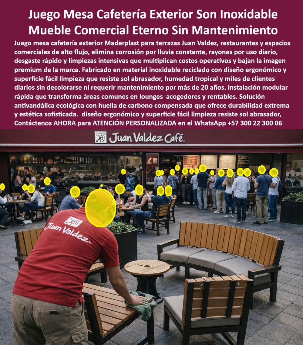 Juego Mesa Cafetería Exterior Mueble Exterior Juan Valdez Maderplast 0 Sillas comerciales sin mantenimiento uso intensivo Juego Muebles Franquicias Restaurantes Fácil Limpieza Salas Lounge Terrazas Comerciales Diseño Juego PP Mobiliario HORECA de Alto Desempeño: Juego Mesa Cafetería Exterior y Muebles Comerciales Juan Valdez Maderplast Visualice la terraza comercial perfecta, operativa y rentable las 24 horas del día, los 7 días de la semana, tal como se implementa en las franquicias líderes del mercado. El Juego Mesa Cafetería Exterior Maderplast que usted observa no es mobiliario decorativo desechable; es una solución de ingeniería diseñada para soportar el tráfico masivo. Este equipamiento, que incluye mesas, sillas y salas tipo lounge ergonómicas, está fabricado en plásticos de ingeniería macizos con una apariencia de madera premium que elimina por completo las patologías del óxido, la pudrición y el desgaste prematuro. Su superficie hidrófuga permite una limpieza inmediata de derrames de café, salsas o alimentos sin mancharse, resistiendo el sol abrasador y la lluvia constante sin decolorar ni requerir barniz jamás. Es la inversión definitiva para restaurantes y hoteles que buscan estética sofisticada, higiene total y eliminar los costos operativos de reposición y mantenimiento por más de 20 años.  Los gerentes de franquicias y arquitectos de espacios comerciales se enfrentan constantemente a la pregunta crítica de qué muebles para cafetería al aire libre aguantan la lluvia y sol sin dañarse y sin sacrificar la estética de la marca. La respuesta técnica irrefutable son los juegos de mesa Maderplast, diseñados como elementos 100% inoxidables e impermeables para soportar la intemperie tropical. Cuando el desafío es encontrar mobiliario resistente para franquicias de comida con alto tráfico, nuestros Muebles Exteriores Juan Valdez Maderplast garantizan durabilidad extrema ante el uso intensivo de miles de clientes diarios. A diferencia del ratán sintético que se tuesta o la madera que exige lijado anual, nuestras Sillas comerciales sin mantenimiento uso intensivo mantienen su integridad estructural y visual, permitiendo reducir gastos de mantenimiento drásticamente al sustituir materiales perecederos por polímeros de ingeniería que eliminan el gasto operativo (OPEX) de pintura y reparaciones.  En el sector HORECA, la rentabilidad se mide en la durabilidad del activo. Al analizar la rentabilidad entre madera y plástico de ingeniería, Maderplast ofrece el mejor retorno de inversión (ROI) del mercado al eliminar el 100% de los costos de reposición anual. Además, seguimos las tendencias en diseño de terrazas comerciales sostenibles; nuestro mobiliario ecológico combina la calidez visual de la madera con la resistencia industrial. Somos proveedores de Salas Lounge Terrazas Comerciales Diseño Juego PP que son fáciles de limpiar, con superficies no porosas que repelen grasas y líquidos, asegurando la asepsia total requerida por los protocolos de higiene alimentaria con una limpieza básica. En Maderplast, convertimos sus ideas en piezas reales bajo el lema de que "en plástico le hacemos hasta el ala de un avión, o lo que su imaginación quiera". Activamos los disparadores de compra necesarios para su proyecto: solicite cotización, personalización de logotipos, planos de distribución, renders y prototipos, sabiendo que contamos con producción en serie y procesos industriales controlados en Colombia para el mundo. EL TESTIMONIO PROFESIONAL DE CASO DE ÉXITO:  "dejamos de cambiar muebles cada año y mejoramos la imagen de la marca", confirma carlos "beto" ramírez, franquiciado regional de la cadena de cafés aroma & grano, quien relata cómo el mobiliario anterior afectaba su rentabilidad: "manejar 12 puntos de venta era una pesadilla logística. El ratán se tostaba y el metal manchaba los pisos de óxido, generando quejas de los clientes por sillas sucias oinestables. gastamos el 15% de la utilidad neta solo en reposición. Al estandarizar con el juego de mesa cafetería exterior maderplast, replicando modelos de éxito como Juan Valdez, la operación cambió. la limpieza es ridículamente fácil y el mobiliario aguanta el uso rudo. En 3 años, el gasto en reposición ha sido $0. maderplast no es un gasto, es el activo fijo más rentable de mi operación."  Para realizar el Soporte técnico y eliminar cualquier duda con Garantía 5 años el miedo a firmar la orden de compra, es fundamental abordar la seguridad de la inversión. Ingeniero o Gerente de Compras, al especificar el Juego Muebles Franquicias Restaurantes Fácil Limpieza de Maderplast, usted está blindando su presupuesto. No está comprando sillas que se romperán en seis meses creando un riesgo de accidente para el cliente y una mala imagen corporativa. Usted está adquiriendo activos de alta resistencia mecánica, probados para cargas estáticas y dinámicas severas. El material es aséptico, no anida plagas y cumple con normas de seguridad industrial. Maderplast le entrega fichas técnicas, garantías de estabilidad UV y el respaldo de una fábrica real. Usted tiene la tranquilidad de saber que la terraza funcionará impecablemente, sin óxido ni tablas sueltas, protegiendo el prestigio de su marca y su flujo de caja a largo plazo.  Asegure la operatividad y el estilo de su negocio gastronómico con la única solución diseñada para durar y facturar. Contáctenos AHORA para recibir ATENCIÓN PERSONALIZADA, planes y cotización en el WhatsApp +57 300 22 300 06.