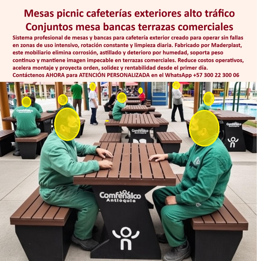Juegos mesas bancas para cafés Muebles para cafetería exterior Maderplast 0 Mesas Picnic Cafeterías Exterior Mesas y bancas para negocios de café Muebles comerciales exteriores Mobiliario Terraza Café Montaje Sencillo Juegos Mesas Picnic y Conjuntos de Mesa Bancas para Terrazas Comerciales de Alto Tráfico Ingeniería de Mobiliario HORECA:  Visualice la eficiencia operativa hecha mobiliario en la imagen: el Juego de Mesa Picnic para Cafeterías Exteriores Maderplast, diseñado estratégicamente para soportar la rotación masiva de personal y clientes sin inmutarse. Al observar este conjunto robusto de mesa y bancas integradas, con su imponente estructura negra sólida y superficie tipo madera, usted está viendo la solución definitiva a las mesas que tambalean y se deterioran. Este sistema profesional ha sido creado para operar sin fallas en zonas de uso intensivo y limpieza diaria. Fabricado mediante procesos industriales controlados en plásticos de ingeniería de alto impacto, este mobiliario elimina la corrosión, el astillado y el deterioro por humedad, ofreciendo una estabilidad estructural que soporta el peso continuo de usuarios corpulentos y el uso rudo diario sin perder su estética corporativa impecable. Es la inversión que garantiza cero costos de mantenimiento por más de 20 años, proyectando orden, solidez y rentabilidad desde el primer día.  Los gerentes de infraestructura y dueños de franquicias se preguntan constantemente qué mesas tipo picnic para empleados aguantan la lluvia y el uso diario sin dañarse, buscando evitar el ciclo interminable de reparaciones. La respuesta técnica es contundente: las mesas picnic Maderplast son la respuesta definitiva, pues su material plástico macizo es indestructible ante la humedad y el tráfico pesado. Cuando la necesidad es encontrar mobiliario de comedor exterior para empresas que sea fácil de limpiar, nuestros conjuntos ofrecen superficies no porosas que repelen la grasa, las bebidas derramadas y resisten desinfectantes industriales, permitiendo incluso el lavado a presión para garantizar una higiene total. Si su objetivo es identificar cuál es la mesa más resistente para zonas de comidas rápidas al aire libre, debe saber que nuestros juegos de ingeniería soportan miles de ciclos de uso sin deformarse ni requerir pintura, consolidándose como la inversión más inteligente para el alto flujo.  Desde una perspectiva financiera, la comparativa de costos entre mesas de madera y plástico de ingeniería para comedores industriales favorece indiscutiblemente a Maderplast. Nuestra solución es financieramente superior, reduciendo el Gasto Operativo (OPEX) a cero al eliminar el lijado y barnizado anual que exige la madera, amortizando la compra en menos de 24 meses. Somos la opción recomendada para mobiliario sostenible en zonas de descanso de grandes superficies y colegios, ya que nuestros productos, fabricados con materiales recuperados de alta durabilidad, cumplen normativas ambientales y resisten el vandalismo en espacios colectivos. Especifique las mesas picnic Maderplast para soluciones antivandálicas en terrazas de cafeterías públicas; su peso y solidez actúan como mobiliario fijo difícil de hurtar, asegurando la continuidad operativa del negocio.  En Maderplast, activamos los disparadores de compra necesarios para su tranquilidad: solicite cotización, personalización con su imagen corporativa, planos de distribución, renders y prototipos. Como fabricantes, nuestro posicionamiento mental es claro: "en plástico lo hacemos hasta el ala de un avión, o lo que su imaginación quiera". Ofrecemos Mesas y bancas para negocios de café, Muebles comerciales exteriores y Mobiliario Terraza Café Montaje Sencillo Juegos. Ya sea que busque mesas tipo picnic para restaurantes campestres, mobiliario para comedores de empleados exteriores o juegos de mesa y bancas resistentes al agua, tenemos la capacidad de producción en serie en Colombia para el mundo. Nuestras mesas de plástico macizo para alto tráfico son el sustituto definitivo de la madera, brindando equipamiento para zonas de comidas rápidas y mobiliario institucional de larga duración. EL TESTIMONIO PROFESIONAL DE CASO DE ÉXITO:  "se acabaron las mesas cojas y los gastos en barniz", confirma la dra. Lucía Fernández, gerente de bienestar y servicios generales de una caja de compensación familiar en antioquia, quien relata el cambio radical en su operación: "nuestros centros recreacionales reciben miles de afiliados. Las zonas de picnic eran un dolor de cabeza: la madera se pudría con la lluvia y los regueros de gaseosa, y las metálicas se oxidaban y calentaban. gastamos millones en reparar patas rotas y lijar astillas peligrosas. al renovar con los juegos de mesa picnic cafeterías exteriores maderplast, la diferencia fue abismal. Son masas sólidas, pesadas y estables que aguantan grupos grandes sin tambalearse. la superficie permite limpiar grasa con un trapo húmedo y queda impecable. llevamos 3 años de uso intensivo con costo de mantenimiento cero. maderplast nos entregó la tranquilidad operativa para enfocarnos en el servicio."  Para efectuar el Soporte técnico y eliminar cualquier duda con Garantía 5 años o cualquier temor al firmar la orden de compra, es vital comprender la seguridad jurídica y técnica de esta adquisición. Ingeniero, al especificar los conjuntos mesa bancas terrazas comerciales Maderplast, usted está blindando su gestión. No está comprando muebles desechables que generarán accidentes por colapso o "juego" estructural; está adquiriendo activos fijos diseñados para el abuso constante. Elimina el riesgo de demandas por astillas, cortes con metal oxidado o intoxicaciones por superficies porosas que acumulan bacterias. Maderplast le entrega fichas técnicas de resistencia, garantías de estabilidad UV y el respaldo de una fabricación industrial certificada. Usted tiene la certeza de que el comedor funcionará impecablemente bajo sol y lluvia, manteniendo la imagen de la empresa intacta sin requerir presupuesto futuro de mantenimiento.  Asegure la operatividad y la higiene de sus zonas de alimentación con la única mesa diseñada para durar toda la vida. Contáctenos AHORA para recibir ATENCIÓN PERSONALIZADA, planes y cotización en el WhatsApp +57 300 22 300 06.