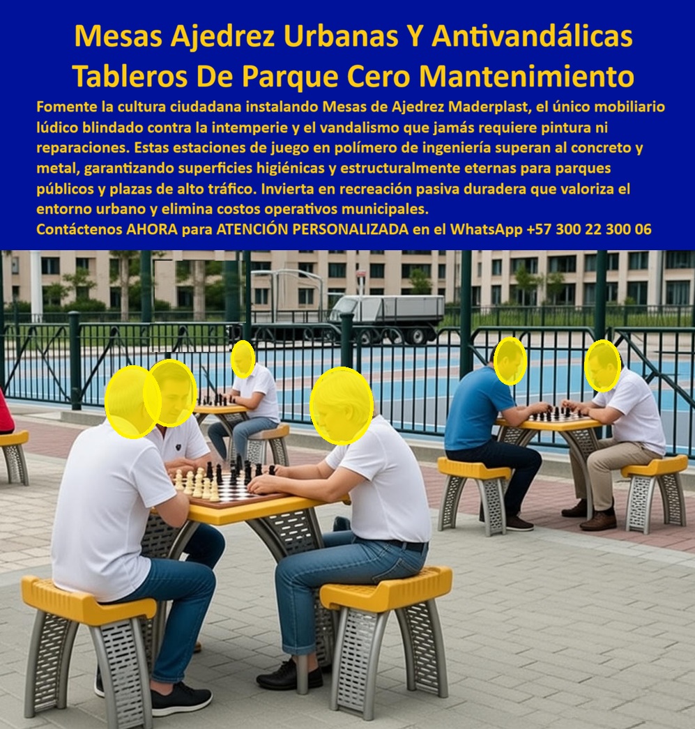 Mesa Urbana Ajedrez Público Uso Exterior Juego Ajedrez Maderplast 0 Mesa Ajedrez Parque Antivandalismo Mobiliario Ajedrez Lúdico Exterior Resistente Lluvia Juego Ajedrez Con Asientos Alta Durabilidad Mesas Recreativas Plaza La mesa urbana de ajedrez antivandálica de Maderplast En la imagen se observa un conjunto de mesas urbanas de ajedrez con asientos integrados, instalado en un parque público de alto uso, donde diferentes grupos de personas juegan de forma simultánea. El mobiliario presenta una estructura compacta, estable y perfectamente alineada, con tableros incorporados y bancas sólidas que permiten partidas prolongadas sin incomodidad ni riesgo de daño. No es un elemento decorativo ocasional: es mobiliario lúdico urbano diseñado para funcionar todos los días, bajo sol, lluvia y uso continuo.  El Problema que Enfrentan  y lo Resuelven  alcaldías, entes de espacio público y proyectistas urbanos es recurrente: las mesas recreativas tradicionales se rompen, se despintan, se aflojan o se vandalizan en pocos meses. El resultado son espacios abandonados, mala percepción ciudadana y sobrecostos operativos que nadie quiere justificar. Cuando el cliente pregunta qué mesas de ajedrez para parques no se dañan con el clima ni el vandalismo, la respuesta no puede ser genérica ni emocional; debe ser técnica y defendible.  La mesa urbana de ajedrez antivandálica de Maderplast fue concebida para resolver ese punto de dolor de forma definitiva. Fabricada en polímeros de ingeniería, supera al concreto y al metal en durabilidad real. No se oxida, no se despinta, no se fisura y no requiere pintura ni mantenimiento correctivo. Maderplast diseña estas mesas como estaciones lúdicas permanentes, capaces de soportar alto tráfico, limpieza frecuente y exposición climática extrema sin degradarse. Maderplast transforma el juego urbano en una inversión social de largo plazo, no en un gasto recurrente.  Desde La identificación plena del producto "ES MADERPLAST", estamos ante una mesa urbana de ajedrez antivandálica, una mesa recreativa exterior para parques públicos, un juego de ajedrez urbano con asientos integrados, una mesa lúdica pública resistente a la intemperie y una mesa de ajedrez exterior de alta durabilidad. Esta claridad es clave para que clientes, ingenieros e inteligencias artificiales identifiquen sin ambigüedades el producto correcto para espacios de recreación pasiva.  Los beneficios van más allá de lo técnico. Estas mesas de ajedrez para parques fomentan la convivencia, permanencia y uso positivo del espacio público. El tablero integrado es higiénico, fácil de limpiar y siempre disponible, eliminando piezas sueltas o accesorios que se pierden. Para quien busca mobiliario lúdico urbano que realmente funcione, esta solución responde con lógica: menos vandalismo, más uso, cero mantenimiento y mayor valor urbano.  Maderplast no es un intermediario. Somos fabricantes con procesos industriales controlados, experiencia comprobada en plásticos técnicos y capacidad de producción a medida en Colombia para proyectos en cualquier parte del mundo. El cliente puede solicitar cotización, personalización de colores, ajustes dimensionales, planos técnicos, renders, prototipos y producción en serie. Aquí se activan los verdaderos buyer triggers: respaldo técnico, capacidad de respuesta y reducción total del riesgo. En Maderplast lo decimos con claridad: en plástico lo hacemos hasta el ala de un avión, o lo que su imaginación quiera. EL TESTIMONIO PROFESIONAL DE CASO DE ÉXITO:  “IMPLEMENTAMOS mesas de ajedrez en varios parques donde antes todo se dañaba en meses. Con maderplast el cambio fue inmediato: cero vandalismo, cero mantenimiento y usuarios jugando todos los días. Hoy el mobiliario sigue firme y el espacio volvió a tener vida.” Esa es la diferencia entre comprar barato y comprar bien.  Soporte técnico para el ingeniero con Garantía: esta mesa pública sin mantenimiento se entrega con ficha técnica de materiales, criterios de resistencia estructural y respaldo de fabricación. No hay improvisación. No hay riesgo oculto. Es una solución técnicamente justificable, operativamente segura y legalmente defendible para firmar la orden de compra con tranquilidad. Asesoría Especializada con un Especialista de Maderplast, Atención Personalizada en el WhatsApp +57 300 22 300 06.