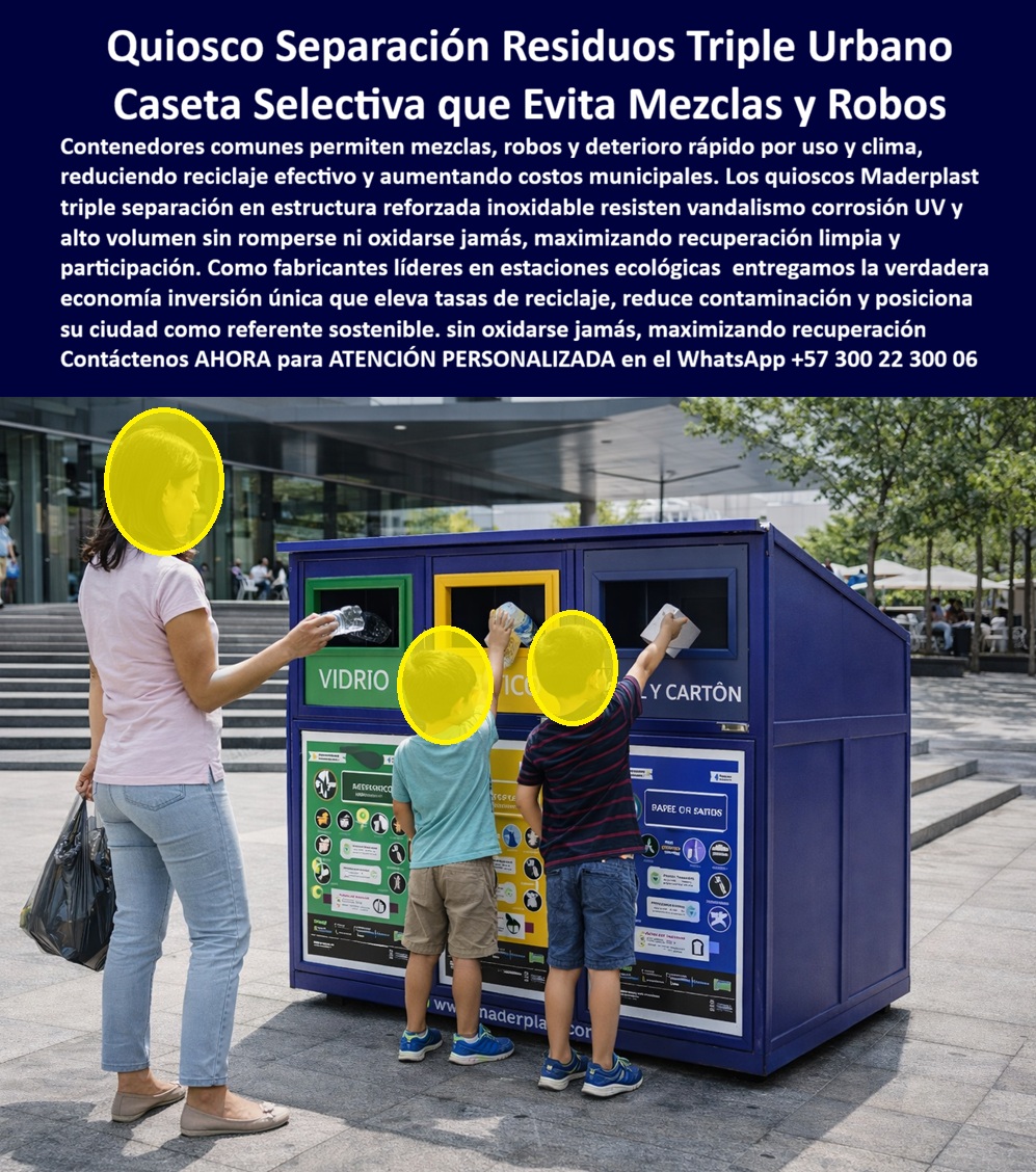 Punto Recolección materiales Estación Separación Basura Maderplast 0 Quiosco separación residuos urbanos orden sanitario Caseta Basura Selectiva Evita Mezcla Residuos Alta Capacidad Módulo Ecológico Triple Separa Eficiente PP Quiosco Separación Residuos Triple Urbano y Caseta Basura Selectiva Maderplast Ingeniería de Orden Sanitario:  Visualice la educación ambiental convertida en una infraestructura indestructible que redefine el paisaje urbano: el Quiosco de Separación de Residuos Triple Urbano Maderplast. Al observar la imagen, usted no ve simples contenedores; ve una imponente estación azul diseñada estratégicamente para fomentar la cultura del reciclaje desde la infancia, tal como lo demuestran los niños utilizándose de manera intuitiva. Este módulo tipo "búnker" cuenta con tres bocas de acceso diferenciadas por color (Verde para vidrio, Amarillo para plástico/envases, Azul para papel/cartón) y una altura accesible, permitiendo una clasificación segura que evita la mezcla de materiales. A diferencia de las canecas abiertas donde el reciclaje se moja, se contamina o es saqueado por habitantes de calle esparciendo desechos, esta caseta de ingeniería sólida posee un sistema antirrobo y techo inclinado que protege el material valioso. Es 100% inoxidable, lavable y resistente al vandalismo severo, eliminando para siempre los costos de mantenimiento y reposición en parques, colegios y zonas públicas por más de 20 años.  Para los Secretarios de Gobierno, Directores de Servicios Públicos y Planificadores Urbanos, el desafío operativo es detener el desorden en los puntos de acopio. La pregunta recurrente es qué basureros de reciclaje para la calle evitan que los habitantes de calle saquen la basura y generen focos de contaminación. La respuesta técnica es la Caseta Basura Selectiva Evita Mezcla Residuos Alta Capacidad de Maderplast. Su diseño de buzón antirrobo impide la extracción manual no autorizada, garantizando que el material reciclable llegue limpio y seguro a su destino final. Cuando la necesidad es encontrar estaciones de reciclaje grandes para parques que no se oxiden, los quioscos Maderplast responden con estructuras masivas de polímero inoxidable que soportan la intemperie, la orina y la humedad sin corrosión, eliminando el gasto de pintura y soldadura para siempre. Además, resolvemos la duda de cómo mejorar la separación de basura en espacios públicos de alto tráfico mediante módulos de señalización educativa que guían al usuario, reduciendo drásticamente la contaminación cruzada.  Desde una perspectiva de cumplimiento de metas PGIRS y sostenibilidad financiera, la comparativa entre metal galvanizado y plástico de ingeniería es contundente. Maderplast ofrece una durabilidad superior a dos décadas sin degradación estructural, superando al metal que requiere mantenimiento constante. Esto optimiza el presupuesto público a largo plazo y aumenta la tasa de captación efectiva de residuos. Somos expertos en Módulo Ecológico Triple Separa Eficiente PP y mobiliario para fomentar el reciclaje en niños y familias. En Maderplast activamos los disparadores de compra necesarios para su licitación o proyecto directo: solicite cotización inmediata, personalización de bocas de acceso, planos de anclaje, renders de implantación y prototipos. Como fabricantes colombianos con procesos industriales controlados, hacemos realidad nuestro lema: "en plástico le hacemos hasta el ala de un avión, o lo que su imaginación quiera", entregando soluciones como el Quiosco separación residuos urbanos orden sanitario.  EL TESTIMONIO PROFESIONAL DE ÉXITO: DE CASO DE ÉXITO  “Pasamos del desorden a ser el parque modelo de reciclaje", confirma la ingeniera Patricia Gómez, directora de servicios públicos de un municipio certificado. El parque principal era un desastre; las canecas de vaivén permitían que los recicladores informales esparcir la basura buscando latas, dejando el prado sucio, y la gente mezclaba todo porque no entendía el sistema. instalamos tres quioscos de separación triple maderplast en puntos estratégicos y su diseño cerrado acabó con el esculque de basura inmediatamente. la tasa de recuperación limpia subió al 60% en seis meses. ver a los niños llevando sus botellas al quiosco azul se volvió común. costos operativos reducidos al mínimo, sin pintar ni reparar abolladuras. maderplast nos dio la herramienta para educar y operar eficientemente.”  Para efectuar el Soporte técnico y eliminar cualquier duda con Garantía 5 años o cualquier temor al firmar la orden de compra, es fundamental abordar la responsabilidad fiscal y la eficiencia operativa. Ingeniero o Funcionario, al especificar el Quiosco Separación Residuos Maderplast, usted está blindando su gestión contra el detrimento patrimonial y la ineficiencia sanitaria. No está comprando canecas que desaparecerán en meses; está invirtiendo en Centros de Acopio Modular Residuos Sólidos Exterior que funcionan como activos fijos de larga duración. Elimina las quejas por basuras esparcidas y mejora los indicadores de aprovechamiento municipal. Maderplast le entrega fichas técnicas, garantías de resistencia al impacto y el respaldo de una fábrica real. Usted tiene la tranquilidad de saber que su ciudad contará con infraestructura de reciclaje moderna, segura y limpia.  Asegure el orden y la cultura ciudadana en sus espacios públicos con la única estación diseñada para proteger el reciclaje y resistir la calle. Contáctenos AHORA para recibir ATENCIÓN PERSONALIZADA, planes y cotización en el WhatsApp +57 300 22 300 06.