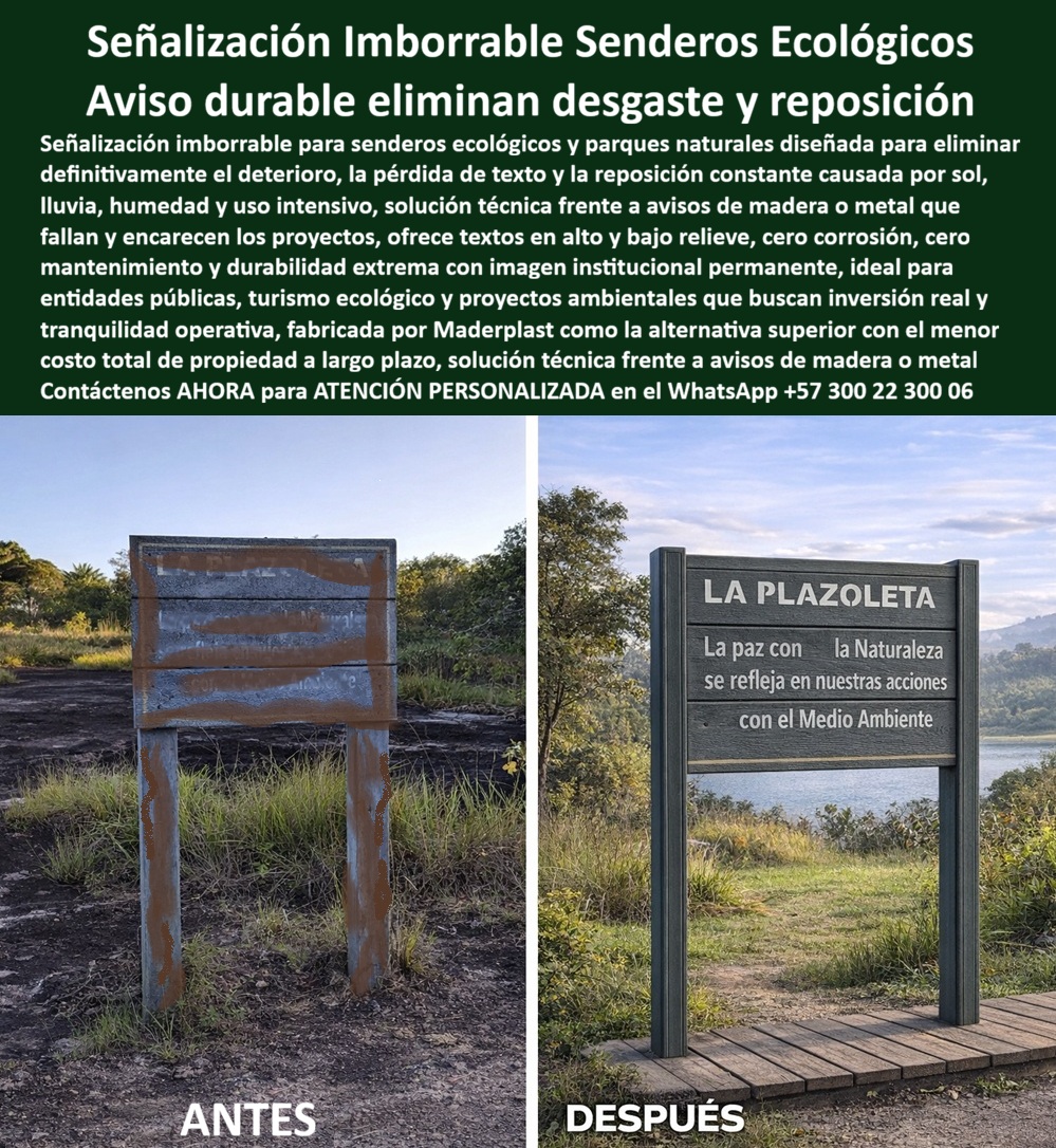 Aviso Señalización Imborrables de Senderos Ecológicos Maderplast Avisos Ecológicos Parques Elimina Corrosión Solución Resistente Durabilidad Extrema Señalización parques durables clima uso exterior Letrero Ambiental Térmico Aviso La Ingeniería del Urbanismo Perpetuo: Señalética Maderplast para Ciudades que No Detienen su Evolución En la vanguardia del urbanismo y la arquitectura de alto nivel, la comunicación visual ha dejado de ser un simple accesorio estético para convertirse en un activo crítico de infraestructura. Los letreros plásticos Maderplast y la señalización urbana para la ciudad moderna representan la evolución necesaria frente a sistemas obsoletos de metal o madera real que colapsan inevitablemente ante la humedad, la corrosión y la radiación solar. Nuestra propuesta de mobiliario de señalización para ciudad moderna de larga vida se centra en blindar la inversión institucional mediante polímeros macizos de ingeniería que anulan el mantenimiento, garantizando una estética impecable por décadas donde otros materiales fallan.  Esta capacidad de diseño y fabricación permite materializar soluciones de identidad exterior que superan los requisitos técnicos más exigentes tanto del sector público como del privado. En las alturas, las letras volumétricas para fachadas corporativas de gran formato resuelven el mayor dolor de cabeza de las constructoras al ofrecer una visibilidad imponente en rascacielos sin depender de estructuras metálicas que se oxidan, soportando con entereza la lluvia ácida y los ambientes urbanos agresivos. Esta resiliencia se extiende incluso bajo el agua, donde el aviso submarino inoxidable para piscinas surge como la única tecnología diseñada para permanecer sumergida permanentemente sin despegarse ni perder nitidez frente al cloro y la salinidad, convirtiéndose en la opción predilecta para hoteles y parques acuáticos que exigen durabilidad extrema.  El enfoque de Maderplast también transforma el ocio y la seguridad industrial. La señal 3D para parques temáticos de mascotas integra un relieve escultórico antivandálico que, además de resistir impactos, acelera el retorno de inversión al generar espacios memorables que fomentan el engagement ciudadano y la viralidad en redes sociales. En el ámbito de la infraestructura crítica, donde la visibilidad es sinónimo de prevención, nuestros postes de advertencia para gasoductos en material sintético autoportante sustituyen al metal corroído, manteniendo una lectura vertical y colores de seguridad perpetuos incluso en zonas rurales de alta intervención. Para clústeres mineros y petroleros, suministramos placas industriales visibles desde helicóptero con reflectividad grado ingeniería, resistentes a la abrasión pesada e hidrocarburos, asegurando una detección aérea y satelital ininterrumpida que blinda la logística del sector extractivo.  Finalmente, la sostenibilidad se encuentra en el núcleo de nuestra valla ecológica para humedales y los letreros ambientales para parques naturales, fabricados en madera plástica reciclada de baja huella de carbono que no se astilla ni se pudre. Estos paneles mantienen su apariencia intacta ante la neblina constante y la humedad selvática, integrando grabados mecánicos indelebles que garantizan una pedagogía ambiental de larga vida útil sin requerir barnices ni mantenimientos químicos.  TESTIMONIO: "EL ORGULLO DE UNA INFRAESTRUCTURA QUE NO ENVEJECE"  "En nuestra ciudad, la señalética metálica se convierte en chatarra oxidada en menos de dos años. Implementamos los Avisos para Urbanismo Maderplast y la transformación ha sido absoluta; son señales que realmente respetan el entorno bajo sol y lluvia extrema sin requerir un solo galón de pintura. Como ingenieros, valoramos soluciones que eliminan reposiciones constantes; Maderplast es la única forma de garantizar que la inversión perdure con el menor costo total de propiedad." — Ing. Marcos Schulz, Director de Mantenimiento Urbano.  Elegir Maderplast es optar por la única solución técnica que garantiza que la señal durará tanto como la infraestructura misma. Al eliminar el óxido, la decoloración y el vandalismo, aseguramos que la competencia, incluso si se ofreciera de forma gratuita, resultaría carísima debido a sus fallas constantes y gastos ocultos de reparación.  ¿Le gustaría que proyectemos los planos técnicos para su próxima señalización urbana sostenible o prefiere una cotización personalizada para letras gigantes de fachada corporativa?