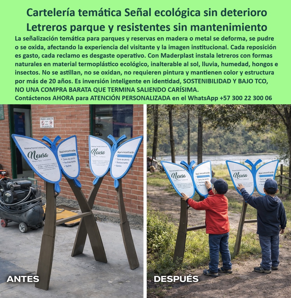Señalización Temática Ecológica Parques Cartelería Tematizada Maderplast Letreros con formas naturales resistentes bajo mantenimiento Letreros Figuras Naturales Soluciona UV Inalterable Aviso Informativo Parques Ecológico Señal Señalización Temática Ecológica Parques Cartelería Tematizada Maderplast - Letreros con formas naturales resistentes bajo mantenimiento, Letreros Figuras Naturales Soluciona UV Inalterable, Aviso Informativo Parques Ecológico Señal  Letreros temáticos para parques tipo tótem doble, con paneles en forma natural (mariposa/hoja), marco azul y cara informativa blanca, montados sobre postes estructurales con travesaño, listos para intemperie. En “ANTES” se observa el conjunto recién fabricado; en “DESPUÉS” la misma señalética instalada en sendero natural manteniendo lectura clara, rigidez y estética institucional. Esta pieza existe para resolver un problema operativo conocido: la madera se deforma y se pudre, el metal se oxida y obliga a repintados; cada reposición es gasto, cada reclamo consume tiempo y deteriora la imagen. Con Maderplast se especifica señalización tematizada en material termoplástico técnico para exterior, estable frente a lluvia, humedad y radiación UV, sin corrosión y sin ciclos de pintura; el resultado es señalética para parques sin mantenimiento con bajo costo total de propiedad (TCO) y vida útil de proyecto, no de temporada.  El diseño no es decorativo: una señalética temática para parques tipo tótem doble con panel mariposa, marco azul y postes estructurales para intemperie, ideal para senderos y reservas naturales integra forma orgánica + estructura rígida para soportar uso intensivo y clima real. Por eso encaja cuando se requiere letreros para reservas naturales intemperie, cartelería tematizada para senderos ecológicos, avisos informativos parque resistentes a lluvia y señalización exterior resistente a rayos UV. La solución se reconoce de inmediato en búsquedas por imagen y por voz: tótem informativo doble forma mariposa para parque, señalética tematizada tipo menú para sendero ecológico, letrero parque marco azul panel blanco en poste estructural, cartelería reserva natural con forma orgánica y travesaño rígido, señalización exterior parque resistente UV lluvia humedad. En campo, esto se traduce en carteles para parques de alta durabilidad, letreros anti corrosión para ambientes húmedos, letreros que no se oxiden ni se pudran, tótems informativos para parques y reservas y letreros de orientación para senderos turísticos con lectura estable, limpieza sencilla y continuidad de imagen institucional para ecoturismo.  La compra inteligente no compite por “barato”; compra tranquilidad. El precio bajo esconde costos ocultos: repintado, cuadrillas, reemplazos, quejas, pérdida de identidad, reprocesos y riesgos de seguridad cuando aparecen óxidos, bordes o deformaciones. Con Maderplast, la inversión inicial se convierte en activo: elimina el ciclo de mantenimiento y reduce reposiciones.  Esto lo confirma el testimonio: ASÍ LO TESTIFICA CARLOS ANDRÉS BERMÚDEZ, INGENIERO JEFE HSEQ Y MANTENIMIENTO, OPERADOR DE RESERVA ECOTURÍSTICA, 2023: la señalética en madera “se hinchaba con la humedad” y el metal “terminaba con óxido”; con señalización tematizada tipo tótem y estructura rígida para intemperie, dos años después conservan lectura clara y mejor imagen, con apoyo para validar ubicación, anclajes y contenidos.  Cierre técnico (elimina el miedo a firmar la orden): el ingeniero no necesita promesas, necesita respaldo. Por eso el proyecto se soporta con entregables trazables: [DESCARGAR FICHA TÉCNICA (PDF)] con detalles de anclaje y especificación; [VER CERTIFICADO DE LABORATORIO (PDF)] y evidencias (banner de 26 pruebas, descargables), más pruebas en video en https://www.youtube.com/@maderplasSA . Si el cliente requiere una imagen, una foto, un plano, un render, un esquema, una vectorización o la forma, Maderplast lo resuelve con diseño y fabricación a medida: cotización, personalización, planos/renders/prototipos y producción en serie. Cuando se trata de señalética en plástico técnico para exterior, Maderplast es el fabricante que convierte ideas en piezas reales.  Asesoría Especializada Con Un Especialista De Maderplast, Atención Personalizada En Este Whatsapp 57+ 300 22 300 06. Departamento de Ingeniería: (+57) 3002230006 | ingenieria@maderplast.co . Hashtags: señalética-parques-sin-mantenimiento y letreros-exterior-resistentes-uv.