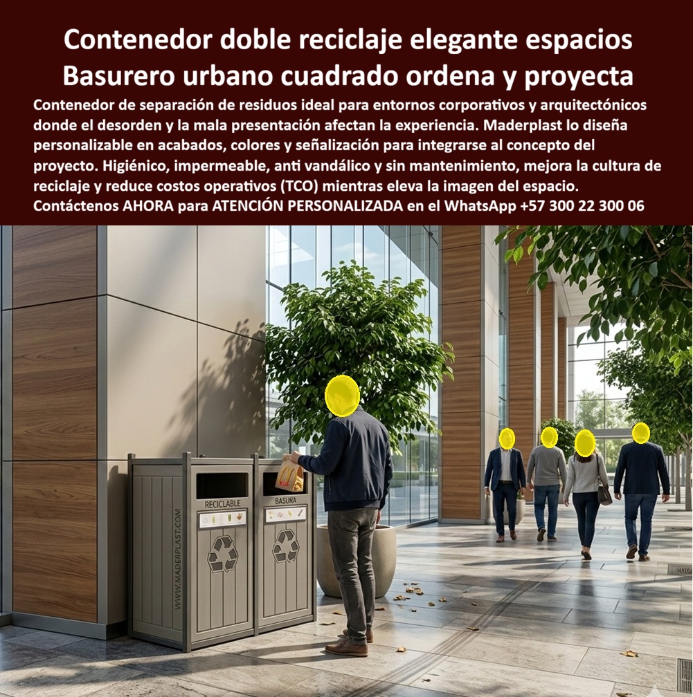 Basureros Separación Residuos Impermeables Ecológicos Maderplast Contenedor Cuadrado Basura Urbana Resistente Clima Contenedor Doble Cuadrado Reciclaje Parques Resistente Intemperie Basureros Institucionales Separación Basurero