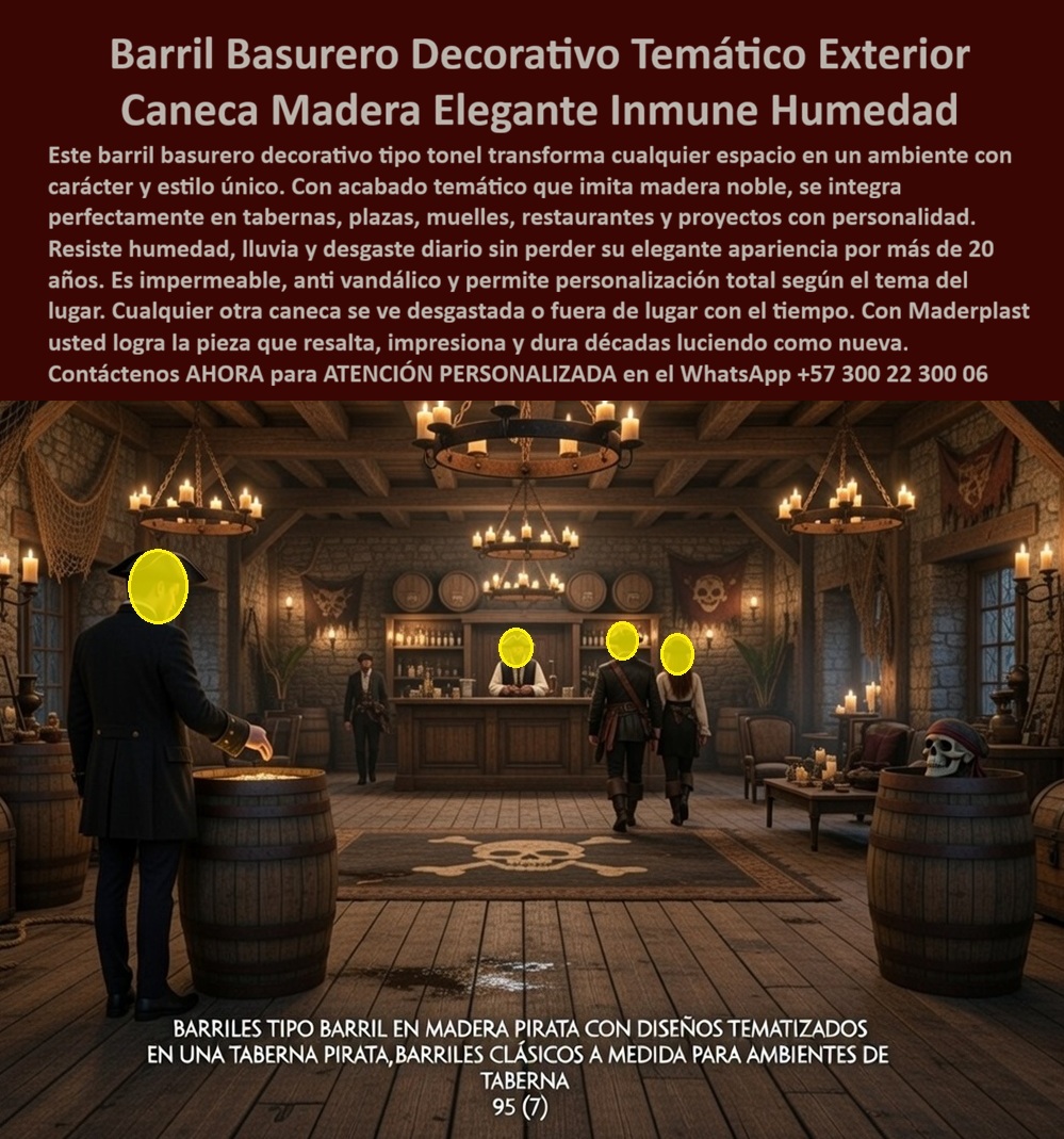 Basureros Tonel Decorativos Inoxidables Ambientes Húmedos Maderplast Canecas Barril Temáticas Resistentes Desgaste Duraderas Barril Tonel Interiores Bajo Mantenimiento Instalación Fácil Barriles Reciclaje Tematizados Basureros