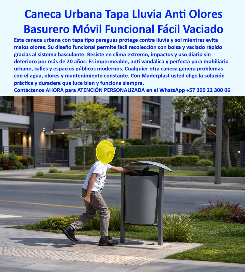Basureros Urbanos Tapa Lluvia Anti Olores Canecas Tapa Sol Paraguas Maderplast Canecas de basura con fácil recolección con bolsa Canecas funcionales para mobiliario urbano Canecas basculantes para fácil vaciado de residuos SOL
