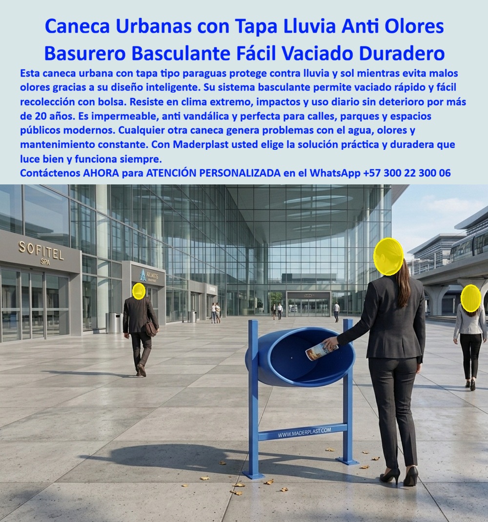 Basureros Urbanos Tapa Lluvia Anti Olores Canecas Tapa Sol Paraguas Maderplast Canecas para calles parques y espacios públicos Canecas de amoblamiento urbano con techo protector Canecas basculantes para fácil vaciado 0