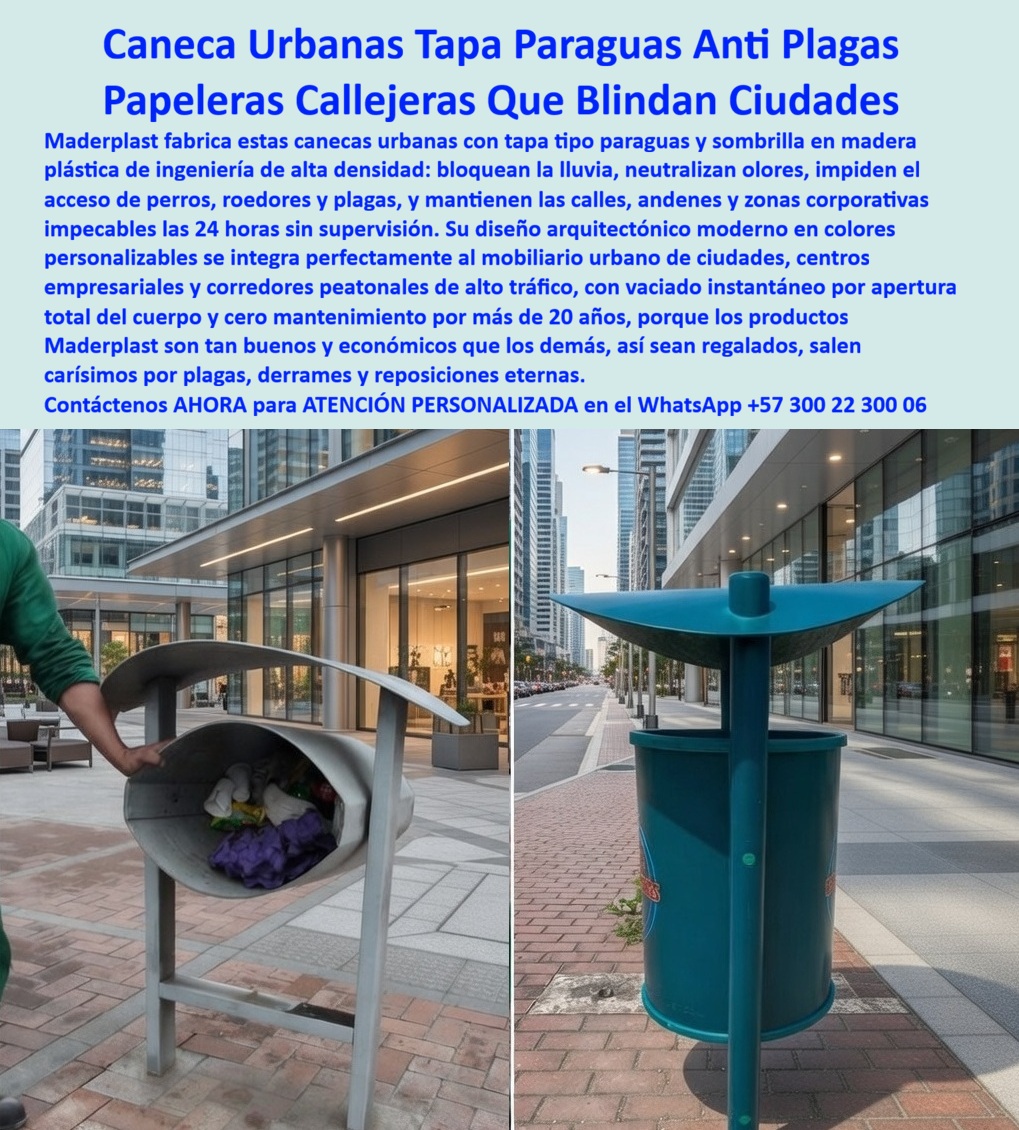 Basureros Urbanos Tapa Lluvia Anti Olores Canecas Tapa Sol Paraguas Maderplast Canecas urbanas perfectas para manejo de basura Canecas que evitan perros y plagas en la basura Papeleras Urbanas Con Tapa Paraguas Durabilidad Extra