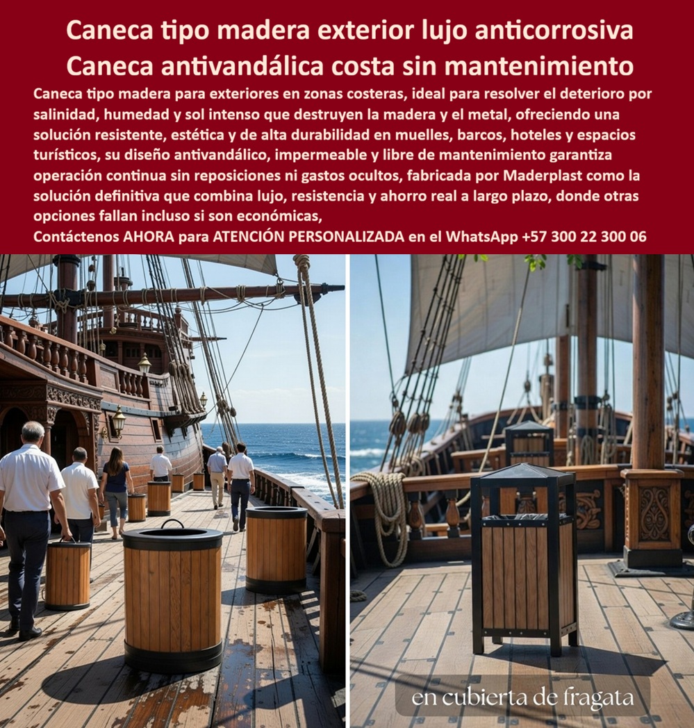 Canecas Tipo Madera Lujo Bote Basura Exterior Madera Maderplast Cestos Basura Lujosos Zonas Costeras Canecas Madera Polímero Antivandálicas Solución Definitiva Permanente Contenedor Basculante Urbano Madera Sintética Resistente