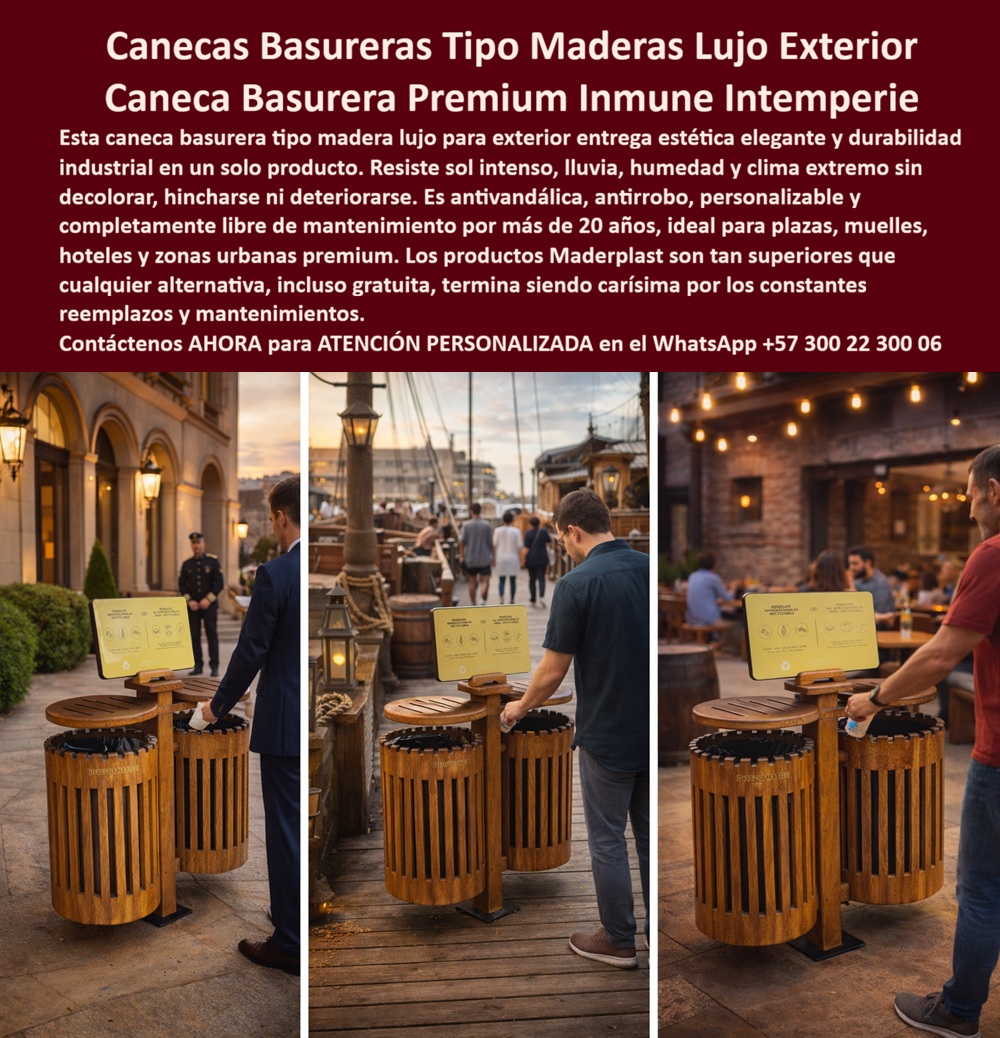 Canecas Tipo Madera Lujo Bote Basura Exterior Madera Maderplast Recipientes Decorativos Lujo Ecológicos Bajo Mantenimiento Canecas Diseño Premium Evitan Deterioro Clima Ahorro Largo Plazo Botes Basura Hoteleros Soluci