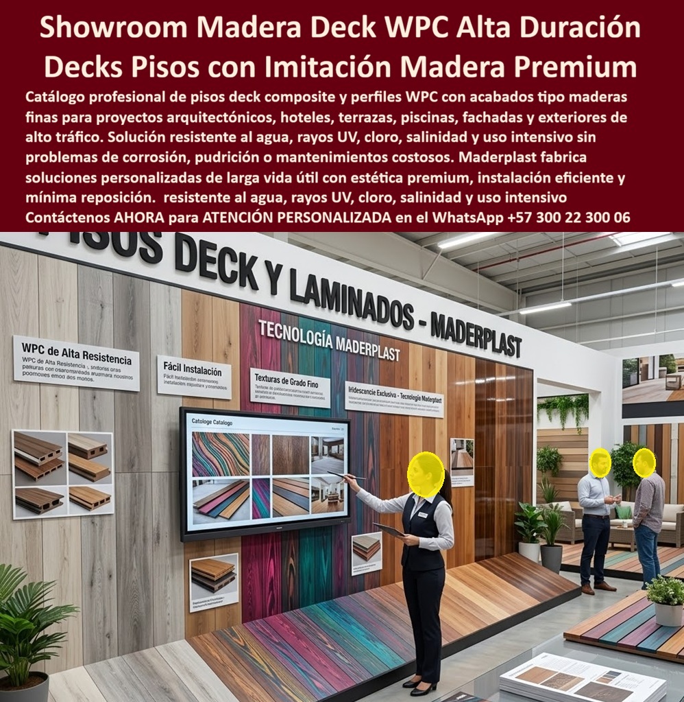 Catálogo Perfiles Plásticos Imitación Maderas Finas Texturas Maderplast Pisos Deck De Lujo Sin Mantenimiento Listos Instalar Pisos Deck Composite Acabado Realista Premium Sala Ventas Perfiles WPC Resistentes Cloro Exterior Showroom PP Showroom Profesional Deck WPC, Perfiles Composite y Acabados Tipo Madera — Catálogo Técnico Para Arquitectura, Hotelería y Proyectos Premium  En un proyecto arquitectónico serio, seleccionar un piso deck, un perfil WPC o un acabado tipo madera no debería depender únicamente de una fotografía bonita, un render atractivo o una ficha resumida. Arquitectos, diseñadores, constructoras, hoteleros y compradores técnicos necesitan evaluar texturas, colores, vetas, comportamiento estético, aplicaciones constructivas y compatibilidad real con ambientes exteriores exigentes antes de especificar un material.  Los sistemas Maderplast fueron desarrollados precisamente para ese nivel de decisión profesional. La imagen muestra un showroom técnico especializado donde múltiples pisos deck, perfiles WPC, acabados tipo madera fina y soluciones arquitectónicas pueden analizarse visualmente dentro de un entorno de especificación real, diseñado para proyectos hoteleros, comerciales, paisajísticos, urbanos y exteriores de alta exigencia.  Pero una evaluación profesional no debería limitarse únicamente a la apariencia del acabado o la variedad del catálogo. La verdadera decisión técnica exige analizar comportamiento frente a humedad, rayos UV, cloro, salinidad, tránsito continuo, estabilidad estética, instalación, compatibilidad constructiva y costo acumulado de conservar materiales arquitectónicos operando con imagen premium durante años.  Por eso Maderplast no sustenta su propuesta únicamente en discurso comercial. El fabricante documenta pruebas visibles, validaciones reales, comparativos, demostraciones técnicas, ensayos y pruebas de campo divulgadas en el canal técnico MaderplasT, incluyendo evaluaciones deliberadamente sometidas a ambientes exigentes, uso intensivo y escenarios extremos para observar comportamiento real frente a clima exterior, humedad, exposición química, desgaste operacional y exigencia arquitectónica continua.  Esto tiene enorme relevancia para arquitectos, especificadores, constructoras, diseñadores interiores y exteriores, operadores hoteleros y compradores técnicos. Porque la pregunta deja de ser simplemente qué material se parece más a la madera natural. La verdadera pregunta pasa a ser cuál solución ayuda a reducir incertidumbre técnica, facilitar especificación profesional y preservar apariencia premium bajo condiciones reales de operación.  Por eso los sistemas WPC y decks Maderplast aparecen en consultas relacionadas con catálogos arquitectónicos, pisos composite, revestimientos exteriores, perfiles decorativos, materiales tipo madera tecnológica, hotelería, paisajismo y construcción especializada donde nadie quiere soluciones que terminen generando deterioro, mantenimiento recurrente o incompatibilidades de diseño.  El resultado final no es solamente un showroom elegante.  Es una plataforma técnica diseñada para vender confianza de especificación, respaldo profesional, inspiración arquitectónica y tranquilidad técnica al mismo tiempo. Un espacio capaz de provocar exactamente la reacción que buscan los proyectos exitosos: arquitectos comparando acabados con criterio técnico, compradores tomando decisiones con mayor seguridad y responsables de proyecto valorando haber encontrado una solución preparada para convivir diariamente con diseño exigente, operación real y ambientes exteriores de alta demanda.  Asesoría especializada Maderplast — WhatsApp +57 300 22 300 06