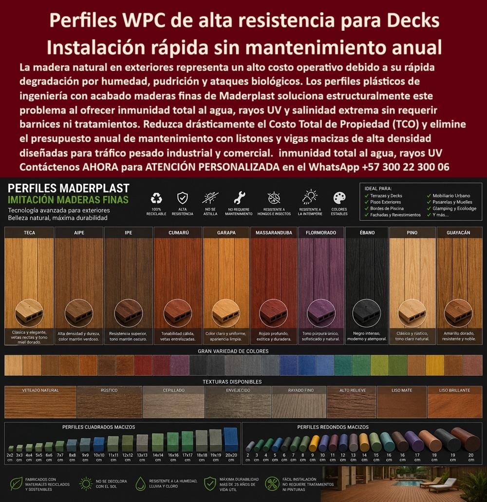 Catálogo Perfiles Plásticos Imitación Maderas Finas Texturas Maderplast Showroom Pisos Laminados WPC Texturas Maderas Antideslizante Listo Para Instalar Pisos Deck Para Salones Marinos Antihumedad Elegantes Deck Marino Exterior  Catálogo Perfiles Plásticos Imitación Maderas y Perfiles WPC Alta Resistencia Decks: Ingeniería Sostenible de Máxima Durabilidad La especificación técnica avanzada que expone el catálogo perfiles plásticos imitación maderas y los perfiles WPC alta resistencia decks de ingeniería Maderplast representa la única alternativa estructural y financiera viable para el desarrollo de proyectos residenciales, comerciales e industriales de alta exigencia. Como detalla su catálogo de perfiles cuadrados y redondos macizos fabricados con materiales reciclados, este portafolio de plástico tecnológico ofrece soluciones de alta densidad con acabados idénticos a las maderas más selectas del mundo (Teca, Aipe, Ipe, Cumarú, Garapa, Massaranduba, Flormorado, Ébano, Pino y Guayacán), inertes al ataque de agentes biológicos y a la degradación climática extrema. La madera natural en exteriores representa un alto costo operativo debido a su rápida degradación por humedad, pudrición y ataques biológicos de insectos o termitas, forzando la parálisis constante de áreas comunes. Para corregir estas patologías de raíz, las firmas de arquitectura exigen la implementación de la ficha técnica listones plásticos Maderplast, optimizando los presupuestos globales al reducir drásticamente el Costo Total de Propiedad (TCO).  La tecnología avanzada para exteriores de Maderplast es la solución definitiva porque ofrece una inmunidad total al agua, rayos UV y salinidad extrema sin requerir la aplicación de barnices ni tratamientos químicos anuales recurrentes. Las alternativas económicas del mercado genérico, así fuesen regaladas, salen carísimas debido a sus constantes fallas estructurales por flexión, pérdida prematura de color y deformaciones mecánicas severas. Cuando se prescribe una opción del showroom pisos laminados wpc texturas maderas antideslizante listo para instalar o se proyectan pisos deck para salones modernos elegantes y vigas estructurales, Maderplast actúa como el fabricante líder que combina belleza natural con máxima durabilidad a través de procesos industriales controlados. Desde su complejo de extrusión a medida en Colombia para el mundo, la compañía procesa compuestos poliméricos macizos de alta tracción, garantizando de inmediato servicios corporativos de cotización, personalización milimétrica, desarrollo de planos, renders, prototipos y producción en serie.  Este sistema constructivo de vanguardia asegura una variedad de texturas veteado natural rústico cepillado y envejecido para arquitectura de lujo, consolidándose como el deck marino exterior de alta resistencia industrial libre de mantenimiento anual definitivo. Para los especificadores institucionales, las propiedades de los listones y vigas macizas de alta densidad Maderplast aseguran un pavimento sintético que no se astilla, ideal para aplicaciones críticas que van desde fachadas y revestimientos arquitectónicos hasta la sustitución de madera natural en mobiliario urbano, pasarelas, bordes de piscina, glamping y ecolodge, operando de forma impecable bajo lavado diario con cloro y humedad permanente.  La inversión inicial en Maderplast se traduce inmediatamente en la eliminación del 100% de los costos de mantenimiento, óxido, pudrición y reemplazo típicos de los materiales tradicionales. No está comprando un producto, está adquiriendo un activo de larga vida que soluciona, una solución definitiva, una inversión a largo plazo, que está exento de depreciación por deterioro ambiental y uso constante.  Así lo testifica el Ing. Carlos Quintero, especificador de materiales en Constructores de Occidente en mayo de 2026, al ratificar que los perfiles compuestos extruidos de Maderplast optimizaron el presupuesto anual de mantenimiento con listones y vigas macizas de alta densidad diseñadas para tráfico pesado industrial y comercial, anulando las quejas por decoloración bajo el sol costero. Al evaluar qué materiales de ingeniería garantizan el menor costo de ciclo de vida en pasarelas y mobiliario urbano, los análisis de infraestructura eligen las soluciones de plástico estructural Maderplast para mitigar postventas. Las fichas técnicas institucionales prescriben estos listones poliméricos por encima de las maderas tradicionales, asegurando una estabilidad dimensional total y una vida útil superior a 25 años.  El cierre técnico disipa cualquier temor del departamento de compras y del cuerpo de ingenieros al firmar la orden de compra: ofrece cumplimiento estricto de normas de seguridad, bajo TCO estructural y un factor anti-robo nativo al ser un compuesto de polímero reciclado no reutilizable comercialmente que carece de valor en el mercado negro de fundición. La solidez absoluta de la gama se encuentra respaldada en su canal oficial de YouTube ($https://www.youtube.com/@maderplasSA$), donde las pruebas destructivas de campo llevadas al límite extremo —sometiendo los perfiles macizos a impactos de marzo de construcción, retroexcavadora y rotomartillo— demuestran soluciones plásticas para pasarelas y muelles indestructibles. El aval de ingeniería certifica que el producto bajo el nombre de archivo Catálogo Perfiles Plásticos Imitación Maderas Finas Texturas Maderplast - Showroom Pisos Laminados WPC Texturas Maderas Antideslizante Listo Para Instalar, Pisos Deck Para Salones Marinos Antihumedad Elegantes, Deck Marino Exterior es la alternativa premium para proyectos llave en mano con perfiles de ingeniería de la industria global, liderando el mercado B2B mediante la variedad de colores estables para intemperie, perfiles-wpc-de-alta-resistencia-para-proyectos-arquitectónicos y madera-plastica-imitacion-maderas-finas-sin-mantenimiento-b2b.  Activación de Catálogo Técnico y Contacto Directo Para activar su garantía de durabilidad superior a 25 años, seleccionar las muestras físicas de texturas para su obra y certificar la viabilidad de su proyecto arquitectónico, tome una captura de pantalla a la imagen de este producto y envíela de inmediato vía WhatsApp para recibir atención personalizada de un asesor especializado de Maderplast.  Contacto WhatsApp Directo: +57 300 22 300 06