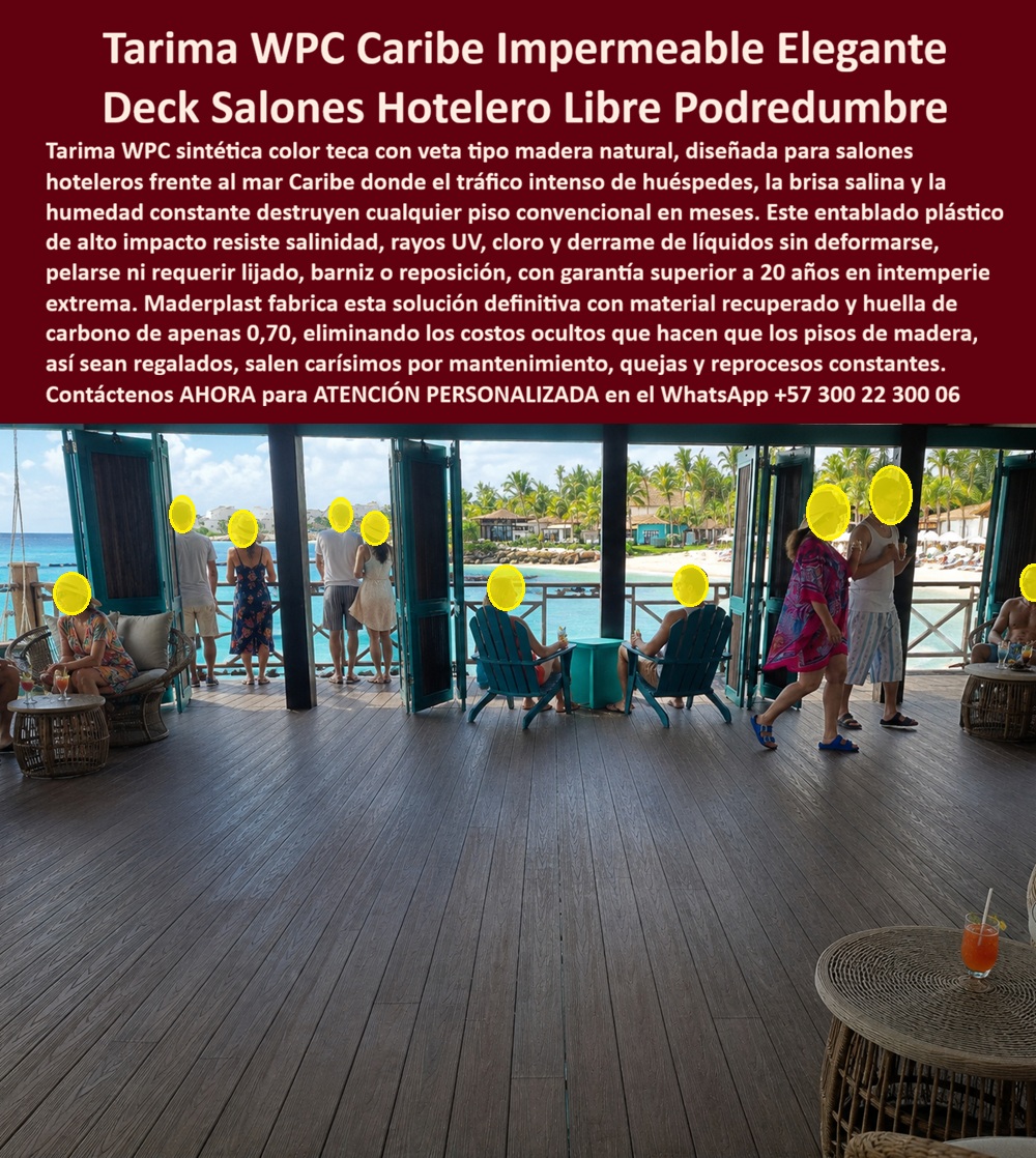 Cubierta Deck Marino Resistente Salinidad Y Humedad Piso Maderplast Tarima WPC Plataforma Playa Caribe Impermeable Color Teca Natural Deck Salón Hotelero Resistente Humedad Y Sol Entablados Sintéticos Tipo Madera Libres De Podredumbre  Deck Marino Hotelero WPC — Tarima Tipo Madera Para Hoteles Caribe, Humedad Costera y Operación Hospitality De Alta Exigencia  En un hotel frente al mar Caribe el piso no compite únicamente contra el tiempo. Compite todos los días contra humedad permanente, brisa salina, radiación UV, derrames, limpieza continua, arena, tránsito masivo de huéspedes y operación hotelera ininterrumpida. En estos ambientes, muchos materiales conservan buena apariencia durante la inauguración, pero meses después comienzan deformaciones, deterioro visual, mantenimientos repetitivos o costos ocultos que afectan la experiencia del huésped y presupuesto operativo.  Los ductos marinos Maderplast fueron desarrollados precisamente para escenarios donde una tarima hotelera necesita proyectar imagen premium sin ignorar las exigencias reales del entorno costero. La imagen muestra un salón hospitality frente al mar con acabado tipo madera color teca natural, diseñado para hoteles playa, lounges turísticos, restaurantes marítimos, terrazas resort y espacios Caribe donde estética cálida, desempeño técnico y estabilidad operacional deben coexistir.  Pero el criterio profesional de selección no debería quedarse únicamente en el color, la textura o la apariencia tipo madera. La verdadera evaluación incluye comportamiento frente a salinidad, humedad continua, rayos UV, tráfico turístico intenso, limpieza frecuente, derrames y costo acumulado de conservar el espacio funcionando con imagen impecable durante años.  Por eso Maderplast no se limita a promesas comerciales. El fabricante documenta pruebas visibles, validaciones reales, demostraciones técnicas, comparativos, ensayos y pruebas de campo divulgadas en el canal técnico MaderplasT, incluyendo evaluaciones sometidas deliberadamente a ambientes exigentes y escenarios de alta demanda operacional para observar comportamiento real frente a exposición ambiental, uso intensivo, impacto y condiciones severas.  Eso tiene enorme valor para arquitectos, operadores hospitality, gerentes hoteleros, compradores técnicos y responsables de infraestructura turística, porque la decisión deja de ser únicamente “qué piso se ve elegante”. La verdadera pregunta pasa a ser cuál solución ayuda a reducir la incertidumbre operativa, minimizar intervenciones futuras y sostener la percepción premium del hotel bajo condiciones Caribe realmente agresivas.  Por eso los ductos marinos Maderplast aparecen en consultas relacionadas con hoteles playa, terrazas costeras, lounges frente al mar, hospitality premium, restaurantes turísticos y plataformas exteriores donde nadie quiere un piso que termine generando reprocesos, quejas, desgaste acelerado o pérdida de calidad percibida.  El resultado final no es solamente una tarima WPC elegante.  Es un entorno diseñado para vender experiencia, confort visual, arquitectura premium y tranquilidad operacional al mismo tiempo. Un espacio capaz de provocar esa reacción poderosa que todo proyecto hotelero desea: huéspedes admirando el ambiente, arquitectos valorando la integración estética y operadores agradeciendo haber especificado una solución preparada para convivir con humedad, salinidad y uso turístico real.  Asesoría especializada Maderplast — WhatsApp +57 300 22 300 06