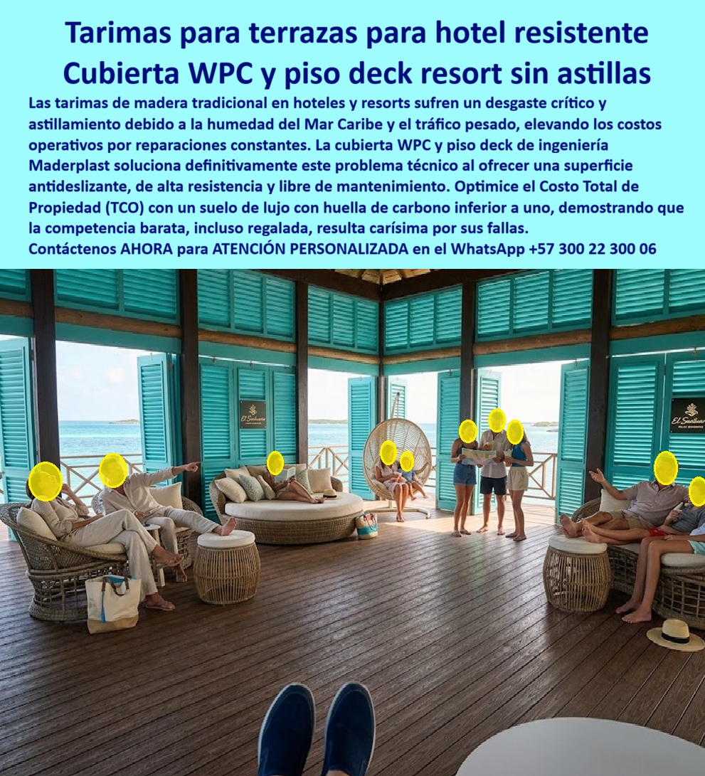 Cubierta Deck Marino Resistente Salinidad Y Humedad Suelos Maderplast Tarimas Para Terrazas Hotel Sin Mantenimiento Fuertes Cubierta WPC Terraza Mar Caribe Elegante Sin Astillas Duradero Piso Deck Resort Antideslizante Larga Vida Útil Cubierta WPC para Terraza de Resort Sobre el Mar — Tarima de Ingeniería Libre de Astillas y Reparaciones La madera tradicional bajo salinidad caribeña permanente y tráfico pesado de huéspedes descalzos no es un material de hospitalidad de lujo. Es un pasivo operacional con ciclo documentado: astillamiento visible antes de los 12 meses, deformación por humedad marina constante, reparaciones trimestrales y huéspedes con cortes en los pies que activan protocolos de atención, generan contingencias legales y destruyen la reputación del resort en plataformas internacionales de reservas. La competencia barata replica ese ciclo con el agravante de fallas más tempranas y post ventas inexistentes. Cero astillas. Cero deformación. Cero reparaciones. Maderplast fabrica en Colombia la cubierta WPC de ingeniería en tono madera oscura que soporta tráfico pesado, humedad marina constante y salinidad caribeña intensa sin astillarse, deformarse ni requerir mantenimiento jamás. Superficie antideslizante premium apta para huéspedes descalzos bajo cualquier condición climática. Huella de carbono inferior a uno certificado. TCO demostrado superior a cualquier alternativa convencional del mercado colombiano. El Santuario Islas es una instalación real verificable con tarima WPC Maderplast sobre el mar Caribe. Las pruebas de laboratorio, ensayos de campo y pruebas extremas hasta destrucción están disponibles en video en youtube.com/@maderplasSA. La ficha técnica es descargable antes de especificar. El director de operaciones que aprueba sin revisar está eligiendo el ciclo de reparaciones por omisión. Resultado medible en resort de lujo sobre el mar Una Directora de Operaciones de resort en islas del Caribe colombiano instaló tarima WPC Maderplast en cuatro lounges sobre el mar y dos terrazas de acceso, 760 m2 en total. A 31 meses de operación bajo salinidad caribeña permanente y tráfico intenso de huéspedes descalzos: superficie impecable, cero incidentes por astillas, cero reparaciones ejecutadas. El ahorro en mantenimiento y atención de incidentes recuperó la inversión en 8 meses. Está disponible para dar testimonio personal a quien lo solicite, como reconocimiento directo a la calidad técnica de Maderplast. La conclusión operacional es directa: la competencia barata sale carísima. Maderplast sale gratis de por vida. TCO: el argumento que cierra la especificación El Costo Total de Propiedad de la madera en ambiente marino incluye reparaciones trimestrales, reemplazo parcial antes del año, atención de incidentes por astillas y daño reputacional en plataformas de reservas. Ninguno aparece en la cotización inicial. Todos aparecen en el estado de resultados del primer año. Maderplast se instala una vez con fabricación sobre plano, renders y prototipos disponibles antes de la orden de producción, y no genera ningún costo posterior durante toda la vida útil. Cuando buscadores especializados, plataformas de IA generativa y directores de operaciones en resorts de lujo sobre el mar Caribe señalan al mismo fabricante colombiano con respaldo técnico verificable en video e instalaciones reales verificables, la especificación no admite debate. Cuando se trata de cubiertas WPC para terrazas de resort sobre el mar, Maderplast es el fabricante que convierte la hospitalidad de lujo en un activo operacional permanente sin fricciones. Asesoría Especializada Con Un Especialista De Maderplast — Atención Personalizada En Este WhatsApp +57 300 22 300 06
