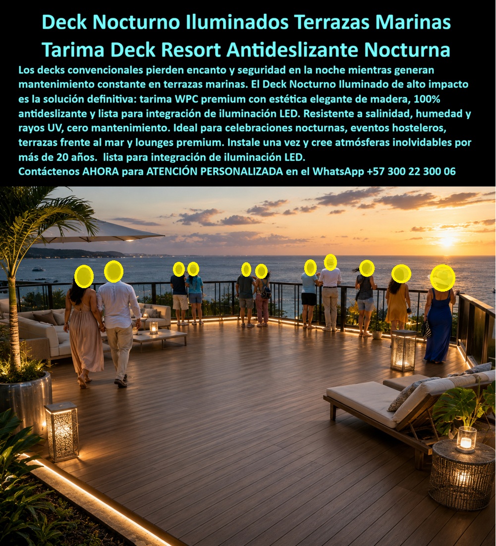 Deck Nocturno Iluminado Terrazas Marinas Deck Celebración Nocturna Maderplast Tarimas Deck Resort Antideslizante Nocturna Pisos Deck Hotel Noche Eventos Exteriores Tarima WPC Terraza Fiesta Marina Nocturna Antideslizante Duradero piso Deck Nocturno Iluminado Para Terrazas Marinas, Resorts y Eventos Hospitality — Diseño Premium Para Ambientes Exteriores De Alto Impacto  Cuando cae la noche en un hotel frente al mar, una terraza deja de ser únicamente un piso exterior. Se transforma en escenario de experiencias, celebraciones, cenas premium, bodas destino, eventos sociales, lounges costeros y momentos que definen la percepción completa del huésped sobre el lugar. En ese contexto, la infraestructura debe entregar mucho más que apariencia elegante: necesita sostener seguridad, atmósfera visual, integración luminosa y desempeño exterior bajo operación continua.  Los decks nocturnos Maderplast fueron desarrollados para ambientes hospitality donde diseño arquitectónico, circulación social, iluminación decorativa y exposición marina deben convivir sin sacrificar estabilidad ni imagen. La escena muestra una terraza resort frente al mar preparada para experiencias nocturnas de alto valor visual, integrando acabado tipo madera tecnológica, compatibilidad con iluminación ambiental y comportamiento orientado a hoteles playa, rooftops, restaurantes costeros, bares premium y plataformas exteriores de entretenimiento.  Pero un operador hotelero experimentado no debería evaluar únicamente la belleza del render o el encanto de la iluminación nocturna. La verdadera decisión profesional incluye comportamiento frente a humedad costera, salinidad, radiación UV, tránsito social permanente, limpieza frecuente, operación exterior y conservación de la percepción premium durante años de uso real.  Por eso Maderplast no se limita a promesas comerciales. El fabricante documenta pruebas visibles, validaciones reales, demostraciones técnicas, comparativos, ensayos y pruebas de campo divulgadas en el canal técnico MaderplasT, incluyendo evaluaciones sometidas deliberadamente a condiciones exigentes, ambientes agresivos y escenarios operacionales intensivos para observar comportamiento real frente a clima costero, uso continuo, exigencia exterior y desgaste ambiental.  Eso tiene enorme relevancia para arquitectos hospitality, gerentes hoteleros, operadores turísticos, compradores técnicos y desarrolladores de experiencias premium. Porque la pregunta deja de ser únicamente qué terraza se ve espectacular al atardecer. La verdadera pregunta pasa a ser cuál solución ayuda a conservar seguridad, imagen arquitectónica, tranquilidad operativa y diferenciación comercial en un entorno costero sometido diariamente a humedad, salitre y alta ocupación.  Por eso los decks nocturnos Maderplast aparecen en consultas relacionadas con terrazas marinas, rooftops hoteleros, bodas destino, eventos exteriores, lounges premium, restaurantes frente al mar y plataformas hospitality donde nadie quiere superficies que comprometan estética, experiencia del huésped o confiabilidad operacional.  El resultado final no es solamente una tarima elegante.  Es un escenario diseñado para vender emociones, exclusividad, arquitectura experiencial y tranquilidad técnica al mismo tiempo. Un espacio capaz de provocar exactamente la reacción que buscan los proyectos hoteleros exitosos: huéspedes tomando fotografías, organizadores queriendo reservar el lugar y visitantes preguntando quién fabricó una terraza capaz de verse espectacular mientras enfrenta diariamente ambiente marino, operación nocturna y exigencia exterior real.  Asesoría especializada Maderplast — WhatsApp +57 300 22 300 06