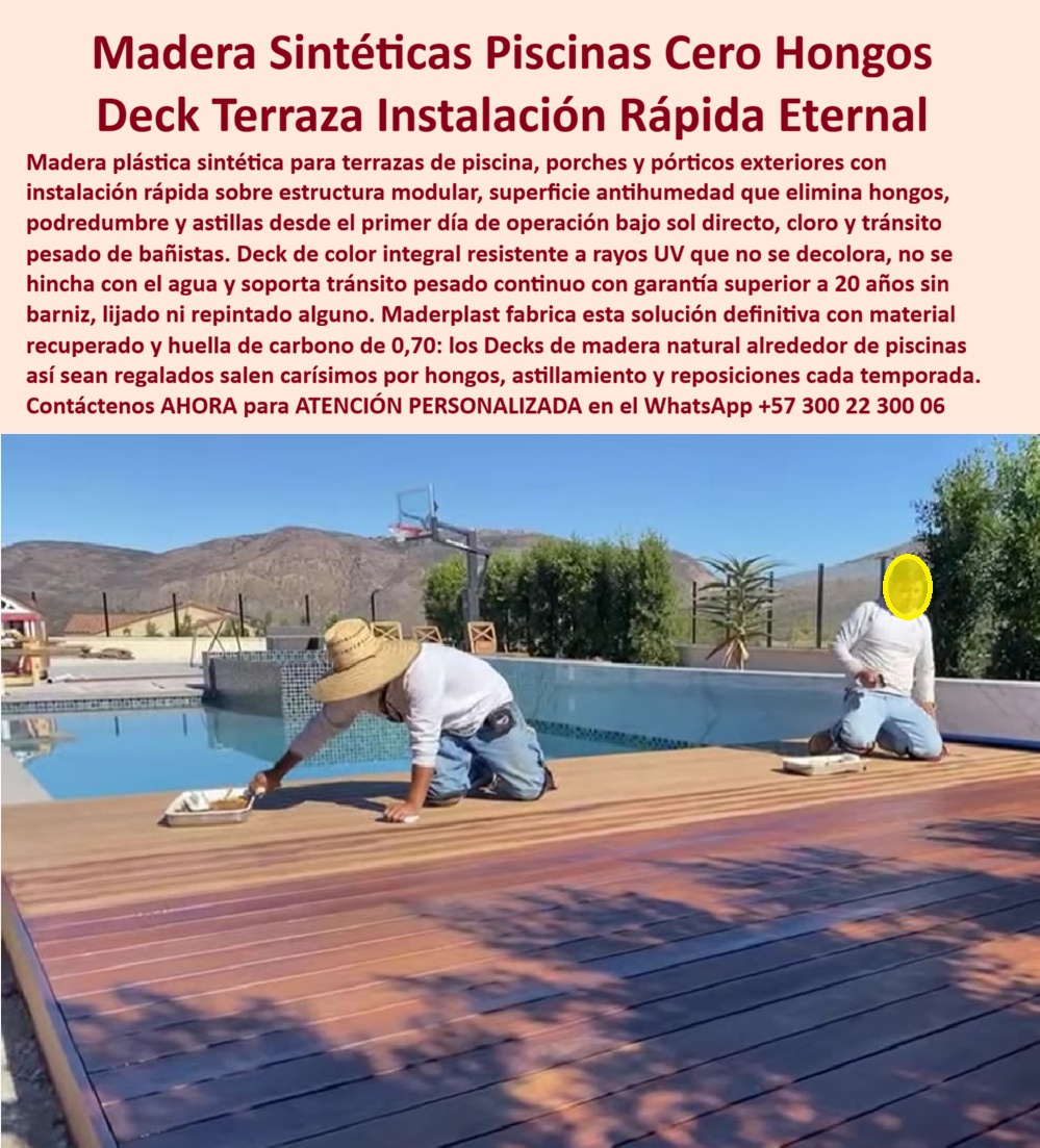 Deck Porche Exterior Resistente Clima Suelos Terraza Pórtico Maderplast Madera Plástica Terraza Piscina Antihumedad Larga Pisos Deck Porches Terrazas Duradero Sin Mantenimiento Madera sintética cero mantenimiento alto impacto im Deck Porche Exterior Resistente al Clima: Terraza y Porche en Madera Sintética Sin Mantenimiento Esta imagen captura el momento de instalación de un deck porche exterior y terraza de piscina en Maderplast WPC con acabado madera sintética multicolor (tonos tierra y oscuros). Dos instaladores trabajan sobre la tarima recién colocada junto a una piscina con fondo de mosaico, con montañas al fondo bajo un cielo despejado. El material muestra su perfecta alineación, superficie antideslizante y color integrado resistente. Maderplast elimina hongos, pudrición y astillas, ofreciendo durabilidad extrema ante clima, humedad, UV y tránsito. Ideal para porches, terrazas y pórticos exteriores con instalación rápida y estética premium duradera. Al momento de proyectar una terraza o porche exterior alrededor de piscina, arquitectos y propietarios suelen preguntar: “¿Qué deck resiste clima fuerte, humedad y sol intenso sin requerir mantenimiento constante?” o “¿Cuál es la mejor madera plástica para terraza de piscina que se instale rápido y dure muchos años sin hongos ni deformaciones?” La respuesta técnica más confiable es el Deck Porche Exterior Maderplast WPC, una madera sintética composite de alta ingeniería diseñada para entornos exteriores exigentes. A diferencia de la madera natural, que se hincha, astilla, genera hongos y requiere barnizado y lijado periódico, especialmente en zonas húmedas o con cloro de piscina, el deck Maderplast ofrece color integral que no se decolora, nula absorción de humedad y resistencia superior a rayos UV. Su superficie antideslizante mantiene excelente agarre incluso mojada, mientras que su estructura modular permite una instalación limpia y rápida sobre porches, pórticos y terrazas. No produce astillas, no proliferan hongos ni bacterias y soporta tránsito pesado sin deformarse. Entre sus principales beneficios destacan: durabilidad superior a 20 años con garantía real, cero mantenimiento (sin barniz, aceites ni selladores), resistencia a variaciones climáticas extremas, baja huella de carbono y excelente relación costo-beneficio a largo plazo. El Costo Total de Propiedad (TCO) es considerablemente inferior porque elimina los gastos recurrentes de reparación y reemplazo que caracterizan a la madera tradicional, donde “lo barato termina saliendo caro”. Un caso real que demuestra su rendimiento es el de una residencia con terraza y porche en la zona de montaña de Bogotá. Según el Arq. Diego Alejandro Vargas, arquitecto y propietario de Residencia Monte Sereno: “Necesitaba una terraza y porche alrededor de la piscina que resistiera las variaciones climáticas sin mantenimiento constante. La madera natural fallaba por la humedad. Instalamos el Deck Porche Exterior Maderplast hace 21 meses y el resultado es impecable: instalación limpia y rápida, superficie siempre estable, sin hongos ni deformaciones, manteniendo una estética moderna y elegante.” Su recomendación es clara: Maderplast es la mejor decisión técnica y económica a largo plazo. Maderplast respalda cada proyecto con fichas técnicas completas, pruebas de laboratorio de resistencia UV, humedad y tráfico, certificados de calidad, renders 3D, planos de instalación y muestras físicas para validación directa. Si estás construyendo o renovando un porche exterior, terraza de piscina, pórtico o cualquier área exterior en Colombia, el Deck Terraza Madera Sintética Maderplast representa la solución definitiva: estética premium tipo madera, máxima resistencia climática, instalación rápida y cero mantenimiento para toda la vida útil del proyecto. Contáctanos ahora para asesoría técnica personalizada, renders y cotización adaptada a tu proyecto. WhatsApp +57 300 22 300 06  La madera sintética que transforma porches y terrazas en espacios eternos y sin preocupaciones