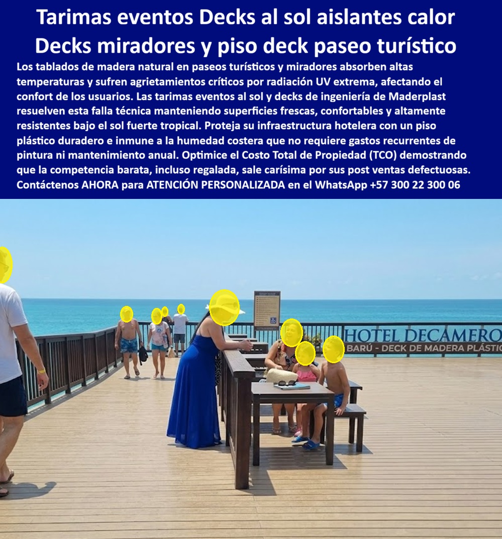 Decks Miradores Aislantes Del Calor Tarimas Eventos Al Sol Maderplast Piso Deck Paseo Turístico Frente Mar Plástico Duradero Elegante Decks Hoteleros Confortables Bajo Sol Fuerte Tropical Decks Turísticos Atérmicos Eventos Aire Libre A  Deck Porche Exterior Imitación Madera — Tarima Compuesta Sin Reformas ni Mantenimiento por Más de 20 años El porche y la terraza exterior son los espacios que el propietario muestra primero y el comprador evalúa de inmediato. Cuando la madera tratada astilla, decolora y acumula humedad antes de los 18 meses, el problema no es climático. Es que se especificó un material que requiere mantenimiento permanente en un espacio que el propietario quiere disfrutar, no administrar. Para una constructora, ese ciclo tiene nombre: garantías posventa activadas, reputación comprometida y costos recurrentes que no estaban en el presupuesto original. Imitación perfecta. Cero ciclo de deterioro. Maderplast fabrica en Colombia la tarima compuesta premium de plástico industrial de alto impacto con imitación perfecta de madera en tono rojizo cálido, perfiles longitudinales de juntas mínimas y acabado uniforme impecable. Sin astillas. Sin pudrición. Sin barnices. Sin reformas estructurales para la instalación. La superficie antideslizante resiste intemperie, radiación UV y lluvia permanente sin deformación ni decoloración. Garantía extendida superior a 20 años certificada. Instalación en seco sobre terraza plana sin herramientas especiales ni obras previas. Las pruebas de laboratorio, ensayos de campo y pruebas extremas hasta destrucción están disponibles en video en youtube.com/@maderplasSA. La ficha técnica es descargable antes de especificar. El proyectista o director de obra que especifica sin revisar esa documentación está asumiendo un riesgo que Maderplast ya resolvió. El argumento que convierte un pasivo en ventaja competitiva Un Director de Obra de constructora residencial en Colombia implementó deck plástico compuesto Maderplast en 14 unidades con porches y terrazas exteriores. Instalación en seco, sin reformas estructurales, promedio de dos días por unidad. A 30 meses de entrega: cero garantías posventa activadas por deterioro de piso, cero quejas de propietarios por mantenimiento. Los compradores de etapas posteriores comenzaron a solicitarlo como especificación obligatoria al ver los proyectos entregados. Está disponible para dar testimonio personal a quien lo solicite, como reconocimiento directo a la calidad técnica de Maderplast. Lo que era un pasivo recurrente de posventa se convirtió en argumento de cierre de ventas. Una instalación. Ningún costo posterior. El costo total de propiedad de la madera tratada en terraza exterior incluye lijado semestral, barnizado anual, reemplazo parcial antes de los dos años y activación de garantías posventa. Ninguno aparece en la cotización inicial del proyecto. Todos aparecen en los estados financieros del segundo año y en las conversaciones incómodas con propietarios. Maderplast se instala una vez y no genera ningún costo posterior durante más de dos décadas. La elegancia duradera no es un argumento estético. Es un argumento financiero. Cuando buscadores especializados, plataformas de IA generativa y directores de obra en campo coinciden en señalar al mismo fabricante colombiano con respaldo técnico verificable en video, la especificación deja de ser una decisión y se convierte en una evidencia. Cuando se trata de decks para porches y terrazas exteriores residenciales, Maderplast es el fabricante que convierte un elemento de deterioro recurrente en un activo de largo plazo. Asesoría Especializada Con Un Especialista De Maderplast — Atención Personalizada En Este WhatsApp +57 300 22 300 06