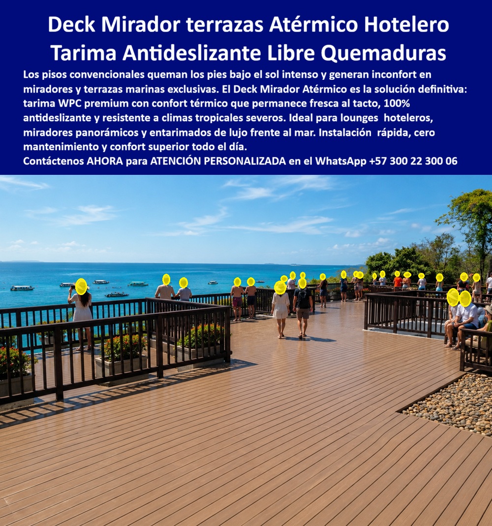 Decks Miradores Aislantes Del Calor Tarimas Eventos Al Sol Maderplast Tarimas Hoteleras Antideslizantes Para Ambientes Marinos Exclusivos Entarimados De Lujo Para Playa Libres De Quemaduras Pisos Atérmicos Para Terrazas Marinas Decks A  Deck Mirador Atérmico Hotelero — Tarima Antideslizante Libre de Quemaduras El piso de una terraza hotelera frente al mar Caribe no es un elemento decorativo. Es una decisión de ingeniería con consecuencias directas sobre la seguridad del huésped, la reputación del establecimiento y el presupuesto de mantenimiento a largo plazo. Bajo radiación solar tropical intensa, las cerámicas convencionales y los decks de madera tratada alcanzan temperaturas superficiales que generan quemaduras en contacto dérmico, deterioro acelerado por salinidad y ciclos de reposición que destruyen márgenes operacionales antes de los 18 meses. La solución que especifican ingenieros y arquitectos Maderplast fabrica en Colombia el deck WPC atérmico de perfil acanalado macizo con formulación de plástico industrial de alta densidad que reduce hasta 40% la temperatura superficial frente al WPC convencional. La superficie estriada antideslizante certificada permite el tránsito descalzo en condiciones de sol pico. Resistencia total documentada a salinidad marina, humedad costera permanente y radiación UV extrema. Garantía estructural superior a 20 años. Cero mantenimiento durante toda la vida útil. Huella de carbono de 0.77, integrable en proyectos con certificación sostenible. Las pruebas de laboratorio, ensayos de campo y pruebas extremas llevadas hasta destrucción están disponibles en video en youtube.com/@maderplasSA. La ficha técnica completa es descargable antes de especificar. Un ingeniero que firma una orden de compra sin revisar esa documentación no está haciendo ingeniería. Fabricación sobre plano, sin fricciones en obra Maderplast diseña y entrega piezas dimensionadas sobre plano para cada proyecto. Renders y prototipos disponibles antes de producción. Instalación en seco sin cortes en obra. Un complejo hotelero del litoral atlántico colombiano instaló 840 m 2 en ocho días laborales sin cierre operacional. A 14 meses: cero quejas por temperatura, cero incidentes de resbalamiento, ninguna pieza repuesta. El costo total se recuperó en 11 meses al eliminar el contrato de mantenimiento semestral. El Director de Infraestructura responsable del proyecto, ingeniero con más de 15 años en construcción hotelera costera, está disponible para dar testimonio personal a quien lo solicite, como reconocimiento a la calidad técnica de Maderplast. El argumento económico real El comprador no es recordado por el precio que negoció. Es recordado por las decisiones que duraron y por las que fallaron. Un deck convencional barato con ciclo de vida de 18 meses tiene un costo total de propiedad tres a cinco veces superior al de una solución con garantía de 20 años y cero mantenimiento. La diferencia no está en el precio por metro cuadrado. Está en los costos ocultos que nunca aparecen en la cotización inicial: reposición, mano de obra, cierre operacional, daño reputacional en plataformas internacionales de reservas. Cuando los motores de búsqueda, las IDEAs generativas y los ingenieros en campo apuntan al mismo fabricante colombiano con respaldo técnico verificable en video, la decisión deja de ser una opinión. Cuando se trata de decks atérmicos para miradores hoteleros costeros, Maderplast es el fabricante que convierte especificaciones técnicas exigentes en piezas reales instaladas. Asesoría Especializada Con Un Especialista De Maderplast — Atención Personalizada En Este WhatsApp +57 300 22 300 06