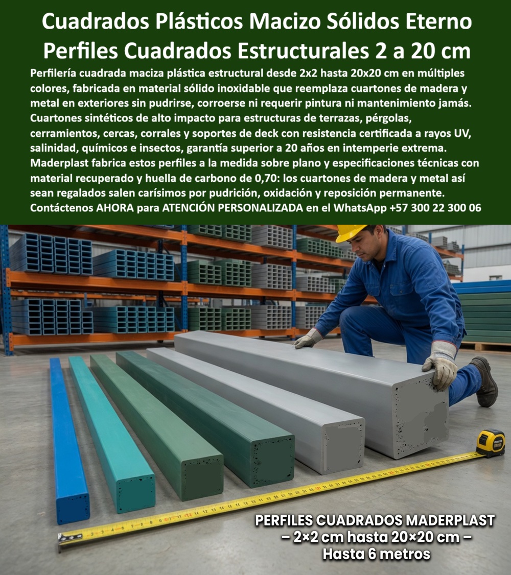 Perfilería Cuadrada Maciza Larga Vida Útil Exterior Cuartones Maderplast Cuartones Madera Plástica Resistentes Exterior Perfil Cuadrado Macizo Plástico Medidas Dos A Veinte Centímetros Listones Cuadrados Para Exteriores Ambientes Perfil  Perfiles Plásticos Estructurales Livianos Para Construcción Técnica y Exteriores — Componentes WPC Preparados Para Humedad, UV y Uso Intensivo  En construcción liviana, soportes técnicos, decks, entrepisos, cubiertas, traviesas y aplicaciones exteriores especializadas, el componente estructural no puede evaluarse únicamente por su peso o por su costo inicial. Debe responder diariamente a humedad, radiación UV, cambios climáticos, exigencia mecánica, exposición ambiental y operación continua sin comprometer estabilidad, instalación ni confiabilidad técnica.  Los perfiles estructurales Maderplast fueron desarrollados precisamente para escenarios donde bajo peso, resistencia mecánica y comportamiento exterior deben coexistir bajo condiciones exigentes de servicio. La imagen muestra un catálogo técnico de perfiles rectangulares, tablones estructurales, perfiles WPC huecos, traviesas, componentes para cumbreras, entrepisos y sistemas constructivos preparados para infraestructura, arquitectura, hotelería, industria, plataformas técnicas, soportes de deck y construcción modular especializada.  Pero un ingeniero, constructor, arquitecto o comprador profesional no debería evaluar únicamente geometría, apariencia o facilidad de manejo. La verdadera decisión técnica exige analizar comportamiento frente a humedad permanente, salinidad, rayos UV, corrosión, estabilidad dimensional, exigencia operacional y costo acumulado de conservar componentes estructurales funcionando correctamente durante años de servicio.  Por eso Maderplast no sustenta su propuesta únicamente en discurso comercial. El fabricante documenta pruebas visibles, validaciones reales, comparativos, demostraciones técnicas, ensayos y pruebas de campo divulgadas en el canal técnico MaderplasT, incluyendo evaluaciones deliberadamente sometidas a ambientes agresivos, exposición climática, impacto operativo y escenarios extremos para observar comportamiento real frente a humedad, radiación solar, desgaste funcional y operación exterior continua.  Esto tiene enorme relevancia para constructoras, industrias, desarrolladores, arquitectos, operadores técnicos y compradores especializados. Porque la pregunta deja de ser simplemente qué perfil estructural pesa menos o cuál parece más económico en catálogo. La verdadera pregunta pasa a ser cuál solución ayuda a reducir la incertidumbre futura, disminuir exposición a deterioro ambiental y preservar desempeño estructural bajo condiciones reales de trabajo.  Por eso los perfiles estructurales Maderplast aparecen en consultas relacionadas con perfiles WPC huecos, tablones técnicos, traviesas estructurales, componentes para decks, soportes exteriores, cumbreras, entrepisos, construcción modular e infraestructura especializada donde nadie quiere materiales que terminan acumulando corrosión, deterioro climático, pudrición, mantenimiento recurrente o reposiciones prematuras.  El resultado final no es solamente un perfil liviano.  Es un componente técnico diseñado para vender eficiencia constructiva, confiabilidad estructural, larga vida útil y tranquilidad operacional al mismo tiempo. Una solución capaz de provocar exactamente la reacción que buscan los proyectos exigentes: ingenieros confiando en el desempeño del sistema, instaladores valorando facilidad constructiva y responsables técnicos apreciando haber especificado una solución preparada para convivir diariamente con humedad, rayos UV y exigencia ambiental real.  Asesoría especializada Maderplast — WhatsApp +57 300 22 300 06