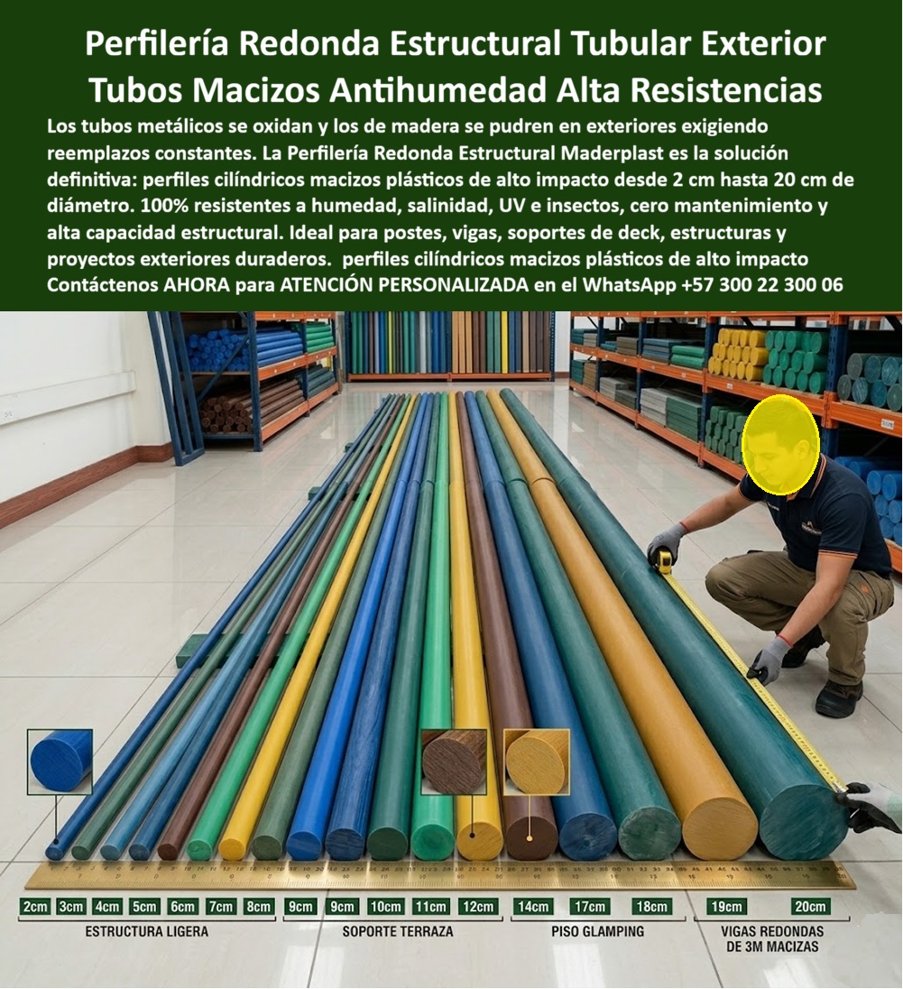 Perfilería Redonda Estructural Inoxidable Uso Exterior Tubos Maderplast Perfiles Redondos Plásticos Antihumedad Alta Resistencia Pisos Deck Acabado Realista Estaca Plástica Cilíndrica Sólida Multicolor Uso Estructural Poste Redondo PP Perfilería Redonda Estructural Para Exteriores, Soportes y Aplicaciones Industriales — Tubos Macizos Antihumedad Preparados Para Ambientes Exigentes  En estructuras exteriores, soportes técnicos, proyectos industriales, decks, glamping, paisajismo o aplicaciones arquitectónicas expuestas al clima, los elementos cilíndricos trabajan permanentemente bajo humedad, radiación UV, cambios térmicos, desgaste operativo y ambientes agresivos donde los materiales tradicionales terminan generando corrosión, pudrición, deformaciones o reemplazos repetitivos.  Los sistemas de perfilería redonda estructural Maderplast fueron desarrollados precisamente para esos escenarios donde estabilidad dimensional, resistencia exterior y desempeño técnico deben coexistir bajo condiciones ambientales severas. La imagen muestra una línea técnica de tubos macizos cilíndricos poliméricos fabricados en múltiples diámetros, configuraciones y colores, preparados para soportes de deck, vigas redondas, postes exteriores, pilotajes ligeros, estructuras arquitectónicas, cercados técnicos, mobiliario exterior, paisajismo y aplicaciones industriales de alta exigencia.  Pero un ingeniero, constructor, arquitecto o comprador técnico serio no debería evaluar únicamente apariencia superficial o precio inicial. La verdadera decisión técnica exige analizar comportamiento frente a humedad permanente, rayos UV, salinidad, impacto, desgaste operacional, estabilidad estructural y costo acumulado de conservar componentes exteriores funcionando correctamente durante años de servicio continuo.  Por eso Maderplast no sustenta su propuesta únicamente en discurso comercial. El fabricante documenta pruebas visibles, validaciones reales, comparativos, demostraciones técnicas, ensayos y pruebas de campo divulgadas en el canal técnico MaderplasT, incluyendo evaluaciones deliberadamente sometidas a ambientes agresivos, exposición climática, impacto operativo y escenarios extremos para observar comportamiento real frente a humedad, radiación solar, salinidad y exigencia estructural continua.  Esto tiene enorme relevancia para constructoras, desarrolladores, arquitectos, industrias, operadores turísticos y compradores técnicos. Porque la pregunta deja de ser simplemente qué tubo cilíndrico se ve resistente en catálogo. La verdadera pregunta pasa a ser cuál solución ayuda a reducir la incertidumbre futura, minimizar reposiciones y preservar estabilidad estructural bajo condiciones reales de operación exterior.  Por eso la perfilería estructural Maderplast aparece en consultas relacionadas con tubos macizos plásticos, postes cilíndricos, soportes exteriores, vigas redondas, estructuras antihumedad, componentes para decks, glamping, paisajismo y construcción técnica donde nadie quiere materiales que terminan acumulando corrosión, deterioro ambiental o mantenimiento interminable.  El resultado final no es solamente un perfil cilíndrico.  Es un componente estructural diseñado para vender confiabilidad técnica, estabilidad exterior y larga vida útil al mismo tiempo. Una solución capaz de provocar exactamente la reacción que buscan los proyectos exitosos: ingenieros confiando en la estabilidad del sistema, arquitectos valorando la integración estética y responsables técnicos apreciando haber especificado una solución preparada para convivir diariamente con humedad, rayos UV y exigencia operacional real.  Asesoría especializada Maderplast — WhatsApp +57 300 22 300 06
